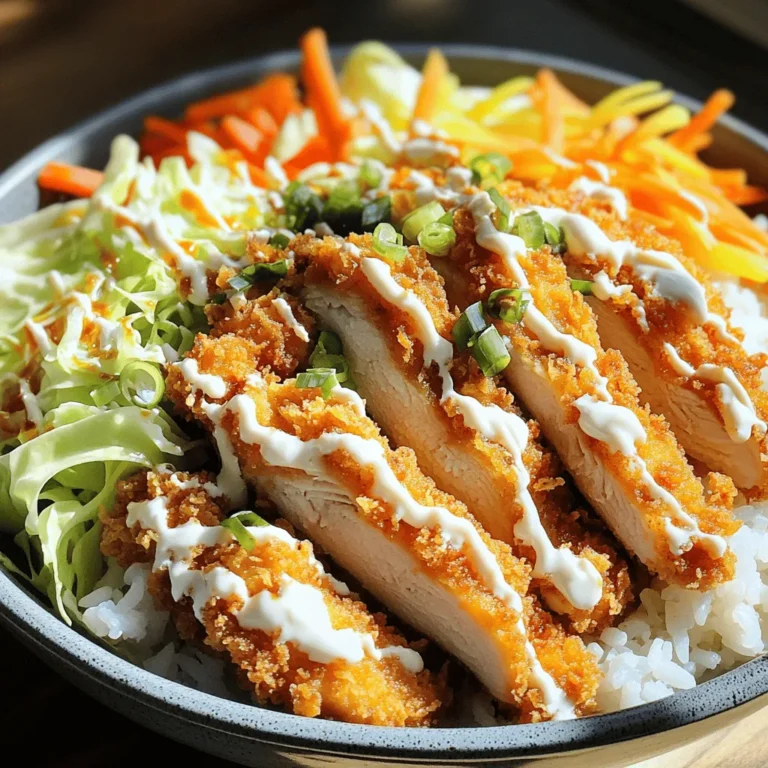 To make a tasty Chicken Katsu Bowl, you need the following: - 2 boneless, skinless chicken breasts - 1 cup panko breadcrumbs - 1/2 cup all-purpose flour - 2 large eggs - 1 tablespoon soy sauce - 2 cups cooked sushi rice - 1/4 cup tonkatsu sauce - 1/4 cup mayonnaise (optional, for drizzling) - 1 green onion, sliced (for garnish) - 1 cup shredded cabbage - 1 small carrot, julienned - Salt and pepper to taste - Oil for frying These ingredients create a crunchy and flavorful experience. The panko breadcrumbs give the dish its signature crispiness. Chicken breasts are easy to cook and pair well with the rice and veggies. You can change your Katsu Bowl to fit your taste. Consider adding: - Pickled ginger for a tangy kick - Avocado slices for creaminess - Edamame for extra protein - Sesame seeds for crunch These extras can boost flavor and texture. Feel free to mix and match based on what you like. To make your meal even better, serve it with these sides: - Miso soup for warmth - Steamed broccoli for color - Japanese pickles for a nice contrast These sides complement the Katsu Bowl well. They add balance and more taste to your meal. You can find the full recipe [Full Recipe] to guide you through this delicious dish. Enjoy cooking! Start with your chicken breasts. Place them between two pieces of plastic wrap. Use a meat mallet to pound them gently until they are about 1/2 inch thick. This helps the chicken cook evenly. Season both sides with salt and pepper. Make sure to cover all areas for flavor. Now it’s time for the breading. Gather three shallow bowls. In the first bowl, add all-purpose flour. In the second bowl, beat two eggs and mix in a tablespoon of soy sauce. This adds extra flavor. In the last bowl, add panko breadcrumbs. This will give your katsu that beautiful crunch. Heat about 1/2 inch of oil in a large frying pan over medium heat. Wait until the oil shimmers. Carefully place the breaded chicken into the hot oil. Fry for about 4-5 minutes on each side. You want it golden brown. Use a meat thermometer to check that the inside reaches 165°F (75°C). After frying, move the chicken to a paper towel-lined plate to drain excess oil. Let it rest for a few minutes, then slice it into strips. With these steps, your katsu will be fresh and crunchy. Now, let’s put it all together in a bowl. Follow the [Full Recipe] to complete your delicious meal! To get that perfect crunch, start with panko breadcrumbs. They are lighter and crispier than regular breadcrumbs. Make sure to press the breadcrumbs gently onto the chicken. This helps them stick better while frying. Also, use enough oil in your pan. The oil should cover half the chicken. This allows for even cooking and a golden crust. You can add flavor in simple ways. Try marinating the chicken in soy sauce for about 30 minutes. This gives it a tasty base. Also, mix some spices into your flour. A pinch of garlic powder or paprika can add a nice kick. Don't forget the tonkatsu sauce! It adds sweetness and tang. Drizzling mayonnaise on top can give it a creamier texture too. Avoid using too much flour on the chicken. It can make your katsu heavy instead of light. Also, don’t rush the frying process. Frying too quickly can burn the outside while leaving the inside raw. Remember to check the temperature of the chicken. It should reach 165°F (75°C) for safety. Finally, let the cooked chicken rest before slicing. This keeps it juicy and flavorful. For the full details on making this dish, check out the Full Recipe! {{image_2}} Pork katsu bowls use tender pork instead of chicken. They offer a rich, savory taste. For this dish, you can use pork loin or pork chops. The steps are similar to chicken katsu. First, season and bread the pork like the chicken. Fry it until golden brown, then slice it. Serve it over sushi rice with fresh veggies. The tonkatsu sauce adds a sweet and tangy kick. Tofu katsu bowls are perfect for those who prefer plant-based meals. Start with firm tofu for a great texture. Press the tofu to remove excess moisture. Then slice it into thick pieces. Coat the tofu in flour, dip in egg or a plant-based substitute, and cover with panko. Fry until crispy and serve it over rice. You can add a drizzle of tonkatsu sauce to enhance the flavor. This dish is not only tasty but also healthy. Katsu bowls vary across Japan, showing local tastes. In some areas, people use different meats like beef or shrimp. Others might add unique toppings like kimchi or pickled vegetables. Some regions even serve katsu with curry sauce instead of tonkatsu sauce. Each variation brings new flavors and textures. Try different styles to find your favorite! Each bowl tells a story of its origin. For those who want to explore, the crunchy chicken katsu bowl is a classic and a great start. Check out the Full Recipe for more details. After enjoying your crunchy chicken katsu bowl, store leftovers in an airtight container. This helps keep the chicken crispy and the rice fresh. If you have extra katsu, separate it from the rice and veggies. This way, they won’t get soggy. You can keep leftovers in the fridge for up to three days. To reheat your katsu bowl, use an oven or an air fryer. Preheat the oven to 350°F (175°C). Place the chicken on a baking sheet. Heat it for about 10 minutes. This keeps it crispy. You can also use an air fryer at 350°F (175°C) for about 5-7 minutes. Avoid the microwave, as it makes the chicken soft. The cooked chicken katsu lasts about three days in the fridge. Sushi rice is best eaten within two days. Cabbage and carrots can stay fresh for about a week if stored properly. Always check for any signs of spoilage before using. Keeping track of your food helps reduce waste and ensures you enjoy fresh meals. Katsu comes from Japan and is short for "katsuretsu." It means cutlet. The dish gained popularity in the late 19th century. It has roots in European cooking, especially the French dish "cotoletta." Katsu features breaded and fried meat, often pork or chicken. Over time, it evolved into a beloved comfort food in Japan. Yes, you can make Katsu bowls gluten-free. Use gluten-free panko breadcrumbs and flour. Many brands offer these options. Ensure that other ingredients like soy sauce are also gluten-free. This way, you can enjoy a crunchy and tasty Katsu bowl without gluten. Tonkatsu sauce is the classic choice for Katsu bowls. It has a rich, sweet, and tangy taste. You can also try curry sauce for a unique flavor twist. Some people enjoy drizzling spicy mayo for extra kick. Each sauce adds a different layer to your Katsu experience. To adjust the recipe for meal prep, cook larger batches of Katsu and rice. Store them separately to keep them fresh. You can slice the Katsu and store it in airtight containers. Reheat the chicken in an oven to keep it crispy. This makes for easy, delicious meals throughout the week. For the full recipe, check out the Crunchy Chicken Katsu Bowl section. In this blog post, we explored the delicious Crunchy Chicken Katsu Bowl. We covered main and optional ingredients and even suggested tasty side dishes. The step-by-step guide helped you prepare and cook the katsu perfectly. We shared tips for achieving that crunchy texture and avoiding common mistakes. Plus, we looked at tasty variations and how to store any leftovers. Katsu bowls are fun and easy to make. With these insights, you'll impress your friends and family. Happy cooking!