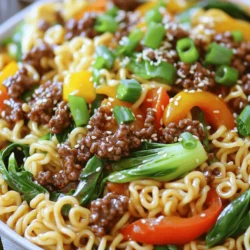Mongolian Ground Beef Noodles need a few key ingredients. Each plays a role in making this dish tasty and filling. - Ground Beef - Noodles and Vegetables - Sauces and Seasonings Ground Beef: I use 1 pound of ground beef. It adds richness and protein to the dish. Noodles and Vegetables: For noodles, I pick 8 ounces of egg noodles. They cook fast and soak up flavor well. You will also need: - 1 medium onion, thinly sliced - 3 cloves garlic, minced - 1 inch fresh ginger, minced - 1 bell pepper (any color), sliced - 2 cups bok choy, chopped Sauces and Seasonings: The flavors come together with a mix of sauces. You need: - 3 tablespoons soy sauce - 1 tablespoon hoisin sauce - 1 tablespoon oyster sauce (or mushroom sauce for a vegetarian option) - 1/2 teaspoon crushed red pepper flakes (adjust to taste) - 2 green onions, chopped - Sesame seeds for garnish (optional) - Fresh cilantro for garnish (optional) These ingredients create a hearty meal that is sure to please. Each one adds flavor, texture, and color to your plate. For the complete process, check out the Full Recipe. To cook the noodles, start by boiling a large pot of salted water. Add 8 oz of egg noodles and cook them until they are al dente. This usually takes about 6-8 minutes. Stir occasionally to keep them from sticking. Once done, drain the noodles and set them aside. A tip for perfect noodles: rinse them briefly in cold water to stop the cooking process. This helps keep them firm. Next, we need to brown the ground beef. Heat 2 tablespoons of vegetable oil in a large skillet or wok over medium-high heat. Add 1 lb of ground beef, breaking it up with a spatula. Cook for about 5-7 minutes until it turns brown. If there's excess grease, drain it off. This step keeps your dish from being oily. After browning the beef, it’s time to add flavor. Toss in 1 medium onion (sliced), 3 cloves of minced garlic, and 1 inch of minced ginger. Sauté these for about 2-3 minutes until the onion is clear. Then, add 1 sliced bell pepper and 2 cups of chopped bok choy. Cook everything for another 2-3 minutes. This timing helps the vegetables stay crisp and colorful. Now let’s create the sauce. In a small bowl, mix 3 tablespoons of soy sauce, 1 tablespoon of hoisin sauce, 1 tablespoon of oyster sauce (or mushroom sauce for a veggie option), and 1/2 teaspoon of crushed red pepper flakes. Pour this mixture over the beef and veggies in the skillet. Make sure to stir well. Mixing well is key for a balanced flavor in every bite. Finally, it’s time for garnishing. Remove the skillet from heat and stir in 2 chopped green onions. For a nice touch, sprinkle sesame seeds and fresh cilantro on top. These garnishes add color and freshness to your dish. Enjoy your Mongolian Ground Beef Noodles! They are flavorful and filling, perfect for any meal. For the complete recipe, check out the Full Recipe. To ensure you have flavorful beef, start with quality ground beef. Use beef that has a bit of fat for better taste. Heat your pan well before adding the meat; this helps it brown nicely. Break the meat into small pieces as it cooks. This way, it cooks evenly and absorbs more flavor from the sauces. Prepping ingredients ahead of time makes cooking easier. Chop your vegetables and store them in the fridge. You can even cook the noodles and toss them with a little oil to prevent sticking. This will save you time on busy days. Store your prepped ingredients in separate containers to keep them fresh. If you have leftover noodles, get creative! You can use them in a stir-fry or as a base for a salad. Mix them with scrambled eggs and veggies for a quick breakfast. You might also try adding them to soups for a hearty meal. Leftover noodles can be a great way to reduce waste and enjoy new dishes. For the full recipe, check out the Mongolian Ground Beef Noodles 🥢. {{image_2}} You can make Mongolian Ground Beef Noodles vegetarian. Simply swap the ground beef for plant-based options. Here are some great substitutes: - Mushroom Crumbles: Use finely chopped mushrooms for a meaty texture. - Lentils: Cooked lentils add protein and a hearty feel. - Tofu: Crumbled or cubed tofu works well in this dish. - Seitan: This wheat-based meat alternative has a chewy texture. These options keep the dish flavorful and filling. If you love heat, add more spice to your noodles. Here are some ideas: - Chili Paste: Stir in a spoonful for a bold kick. - Fresh Jalapeños: Slice and toss them in for extra heat. - Sriracha: Drizzle on top for a tangy spice. Adjust the heat to your liking, and enjoy the flavor boost! Not a fan of egg noodles? No problem! You can use various noodles for this recipe: - Rice Noodles: These are gluten-free and light. - Whole Wheat Noodles: A healthier option that adds fiber. - Zucchini Noodles: For a low-carb twist, spiralize zucchini. Trying different noodles can change the dish's texture and taste. Each option brings something unique to your plate! For the full recipe, check the section above. To keep your Mongolian Ground Beef Noodles fresh, store them in an airtight container. This helps to lock in flavors and moisture. Refrigerate the leftovers within two hours of cooking. They will stay good for about three to four days. If you want to enjoy them later, don't forget to label your container with the date. When reheating, use a skillet if possible. Heat over medium-low heat. Add a splash of water or broth to keep the dish moist. Stir often to ensure even heating. This method helps to maintain the texture of the noodles and beef. Avoid using a microwave, as it can make everything soggy. You can freeze Mongolian Ground Beef Noodles for up to three months. Use a freezer-safe container or a heavy-duty freezer bag. Leave some space at the top, as the food will expand when frozen. To thaw, place the container in the fridge overnight. Reheat it on the stove with a little liquid to restore that fresh taste. Enjoy your meal any time! Mongolian Ground Beef Noodles is not a traditional dish from Mongolia. Instead, it shows a mix of flavors from Asian cuisine. This dish reflects a fusion of Chinese and American tastes. The name comes from the beef's cooking style and noodle use, which is popular in many Asian meals. You can find similar recipes in various Asian restaurants. Yes, you can make Mongolian Ground Beef Noodles gluten-free. Use gluten-free noodles, such as rice noodles or zucchini noodles. For soy sauce, pick a gluten-free version or tamari. This way, you can enjoy the same great taste without gluten. Making this dish is quick and easy. It takes about 10 minutes to prep and 15 minutes to cook. In total, you can have a delicious meal ready in just 25 minutes. That is perfect for busy nights or quick lunches. For the full recipe, check the main section! In this post, I covered how to make Mongolian ground beef noodles. We talked about key ingredients like ground beef, noodles, and sauces. I provided step-by-step instructions to help you cook perfectly. You learned tips for prepping ahead and using leftovers. Also, I shared variations for veggie lovers and those who like heat. Remember, reheating and storing leftovers the right way keeps your dish tasty. Enjoy your cooking adventures, and don't hesitate to explore new flavors!