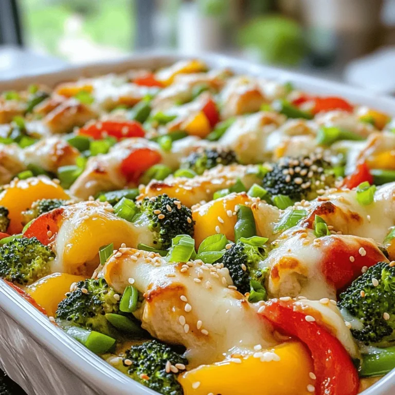 - 2 cups cooked rice (jasmine or basmati) - 2 large chicken breasts, diced - 1 cup broccoli florets - 1 cup bell peppers, sliced (mix of red and yellow for color) - 1 cup snap peas - 1 tablespoon sesame oil - 1 cup teriyaki sauce (store-bought or homemade) - 1 teaspoon fresh ginger, grated - 2 garlic cloves, minced - 1 cup shredded mozzarella cheese - 2 tablespoons green onions, chopped (for garnish) - Sesame seeds (for garnish) - Salt and pepper to taste Use fresh vegetables for the best flavor. Choose chicken that is free from hormones. For teriyaki sauce, homemade is great if you have the time. It tastes better than store-bought. If you use store-bought, pick one that has no added sugars or preservatives. Fresh ginger adds a nice kick. Don't skip the garlic. It enhances the dish’s overall taste. You can swap chicken for tofu for a vegetarian dish. Quinoa or cauliflower rice can replace regular rice for a low-carb option. For the sauce, soy sauce works in a pinch if you run out of teriyaki sauce. If you don't have bell peppers, try zucchini or carrots. You can use any cheese you like, but mozzarella melts best. First, set your oven to 375°F (190°C). This step is key for even cooking. While it warms up, prepare your dish. In a large skillet, pour in one tablespoon of sesame oil. Heat it over medium heat. Add two diced chicken breasts, seasoned with salt and pepper. Cook for 5-7 minutes. You want the chicken to brown and be fully cooked. Once the chicken is cooked, add two minced garlic cloves and one teaspoon of grated fresh ginger. Cook for one more minute to release their flavors. Next, stir in one cup of broccoli florets, one cup of sliced bell peppers, and one cup of snap peas. Cook for about 3-4 minutes. The veggies should be tender but still crisp. Grab a large mixing bowl. Combine the cooked rice, the chicken and vegetable mix, and one cup of teriyaki sauce. Stir everything well. Make sure every piece is coated in that tasty sauce. Take your greased 9x13 inch casserole dish. Pour the combined mixture into it, spreading it evenly. Top it off with one cup of shredded mozzarella cheese. This will melt beautifully in the oven. Cover the casserole with aluminum foil. Bake it for 20 minutes in your preheated oven. After that, remove the foil and bake for 10-15 more minutes. You want the cheese to be bubbly and golden brown. Now your Teriyaki Chicken Casserole is ready to serve! To make the chicken juicy, start with fresh, high-quality chicken breasts. Cut them into even pieces. This helps them cook at the same rate. Sear the chicken in sesame oil over medium heat. This locks in flavor and moisture. Season the chicken with salt and pepper while it cooks. This adds taste right from the start. Avoid overcooking it. Perfectly cooked chicken should be golden brown, tender, and juicy. For great flavor, use fresh vegetables. Broccoli, bell peppers, and snap peas add color and crunch. Cut them into bite-sized pieces for even cooking. Stir-fry the veggies quickly after adding garlic and ginger. This keeps them crisp and bright. Avoid cooking them too long. You want them tender but still crunchy. The bright colors and fresh taste will shine in your dish. A good cheese topping makes the casserole even better. I recommend using mozzarella for its nice melt. It gives a creamy texture that pairs well with teriyaki sauce. You can also mix in some sharp cheddar for a bit of bite. If you want a twist, try adding pepper jack for heat. Spread the cheese evenly on top before baking. This helps it melt nicely and creates a golden, bubbly crust. For a fun finish, sprinkle sesame seeds on top for extra crunch and flavor. For full details on making this dish, check the Full Recipe. {{image_2}} If you want a low-carb dish, swap rice for cauliflower rice. Cauliflower rice keeps the texture while lowering carbs. You can also use shredded zucchini or spaghetti squash instead. These swaps offer a fresh take on your casserole. For a vegetarian version, replace chicken with tofu or tempeh. Both soak up flavors well and add protein. You can also add mushrooms for a hearty texture. For a vegan option, ensure your teriyaki sauce is free from animal products. Use nutritional yeast for a cheesy flavor without dairy. To boost flavor, add a splash of lime juice or a dash of chili flakes. Pineapple chunks add sweetness and a tropical twist. You could also mix in chopped cilantro or basil for fresh herb notes. Each enhancement makes your dish unique and memorable. For the full recipe, check out the Teriyaki Chicken Casserole section. To keep your teriyaki chicken casserole fresh, store it in an airtight container. This protects it from odors and keeps it moist. Ensure the casserole is completely cool before sealing it. It can last up to three days in the fridge. When reheating, use the oven for the best taste. Preheat your oven to 350°F (175°C). Place the casserole in an oven-safe dish and cover it with foil. Heat for about 20 minutes or until warmed through. You can also use the microwave, but it may not keep the texture as nice. Heat in short bursts of 1-2 minutes, checking often. To freeze the casserole, let it cool completely. Cut it into portions for easier thawing. Wrap each piece in plastic wrap, then place it in a freezer bag. It can last for up to two months in the freezer. When ready to eat, thaw overnight in the fridge and reheat as mentioned above. Enjoy your delicious meal! Teriyaki Chicken Casserole lasts about three to four days in the fridge. Store it in an airtight container. This helps keep the flavors fresh. Yes, you can. Prepare the casserole and store it before baking. Cover it well and keep it in the fridge. Bake it just before serving for best results. I love serving this casserole with a side of steamed rice or a fresh salad. You can also pair it with crispy wontons or egg rolls for extra crunch. To make teriyaki sauce, mix 1/2 cup soy sauce, 1/4 cup honey, and 1 tablespoon rice vinegar. Add 1 teaspoon minced garlic and 1 teaspoon grated ginger. Simmer for about 10 minutes until it thickens slightly. For the full recipe, you can check out the detailed steps and ingredients [here](#). This blog post covered a delicious Teriyaki Chicken Casserole recipe. You learned about the key ingredients like rice, chicken, and veggies. We also shared cooking steps and handy tips for making it perfect. Remember, feel free to adapt the recipe to suit your taste or diet. This meal is easy to make and sure to please everyone. Enjoy trying this tasty dish with your family and friends!