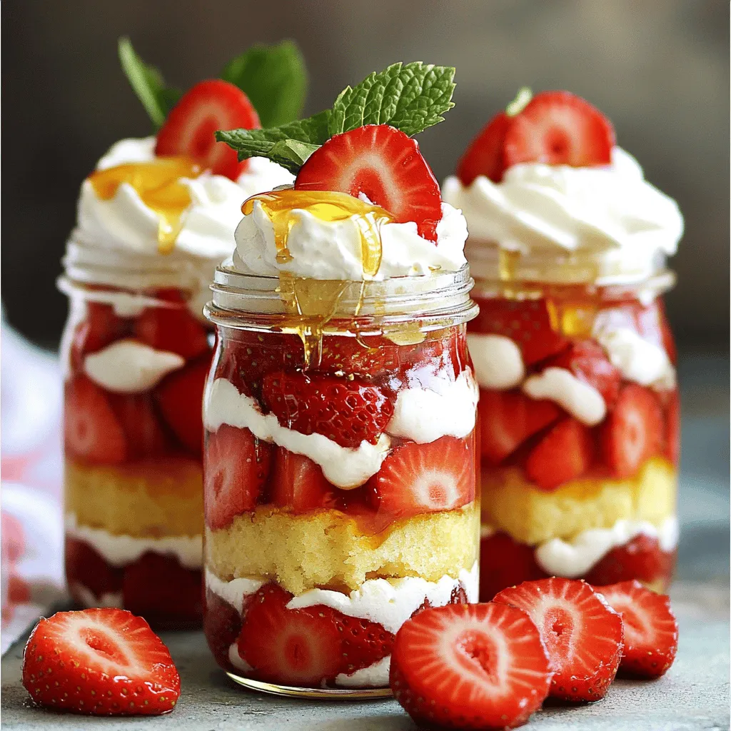 - 2 cups fresh strawberries, hulled and sliced - 1/4 cup granulated sugar - 2 cups whipped cream (store-bought or homemade) Fresh strawberries are the star of this dessert. Choose ripe strawberries for the best flavor. The granulated sugar enhances their sweetness and helps bring out their juices. The whipped cream adds a light, fluffy touch to each bite. - 1 cup all-purpose flour - 1/2 cup granulated sugar (for the cake) - 1 1/2 teaspoons baking powder - 1/2 teaspoon baking soda - 1/4 teaspoon salt Baking powder and baking soda help the cake rise. Use all-purpose flour for a tender texture. The additional sugar balances the flavors, making the cake sweet but not overpowering. - 1/2 cup unsalted butter, melted - 2 large eggs - 1/2 cup milk The unsalted butter adds richness to the cake. Eggs help bind the ingredients and give it structure. Milk adds moisture, making the cake soft and tasty. For the full recipe and detailed instructions, check out the [Full Recipe]. This recipe is perfect for anyone who loves a delightful and easy-to-make dessert! To start, you need to macerate the strawberries. This means mixing them with sugar. In a bowl, combine 2 cups of sliced strawberries with 1/4 cup of granulated sugar. Toss them well. Let them sit for about 30 minutes. This step is key! The sugar pulls out the juices. You will get a sweet syrup that makes the dessert tastier. Next, preheat your oven to 350°F (175°C). This ensures your cake bakes evenly. In a medium bowl, mix the dry ingredients. Combine 1 cup of all-purpose flour, 1/2 cup of sugar, 1 1/2 teaspoons of baking powder, 1/2 teaspoon of baking soda, and 1/4 teaspoon of salt. In another bowl, mix the wet ingredients: 1/2 cup of melted butter, 2 large eggs, 1/2 cup of milk, and 1 teaspoon of vanilla extract. Now, combine the wet and dry ingredients. Stir until just mixed. It’s okay if the batter is a bit lumpy. Pour this batter into a greased 8x8-inch baking dish. Bake for 25-30 minutes or until a toothpick comes out clean. Let the cake cool completely. Then, cut it into small cubes. Now for the fun part! Get your individual jars ready. Start layering the dessert. First, add a layer of cake cubes. Next, spoon in a layer of the macerated strawberries with some of their juices. After that, add a layer of whipped cream. Repeat these layers until the jar is full. Finish with a dollop of whipped cream and a few extra strawberry slices on top for garnish. Finally, cover the jars with lids or plastic wrap. Refrigerate them for at least one hour before serving. This chilling time lets all the flavors blend. Now you have lovely Strawberry Shortcake Cake Jars to enjoy. For the full recipe, check out the [Full Recipe] section! To make a moist cake, use fresh ingredients. Make sure your butter is softened but not melted. Mix the wet and dry ingredients gently. Overmixing makes the cake tough. Let your batter sit for just a minute before baking. This helps the flavors blend. When layering your cake jars, start with cake cubes. This gives a strong base. Add a layer of strawberries next, then whipped cream. Repeat the layers until you fill the jar. Finish with a dollop of whipped cream on top. Add a few strawberry slices for color. You can use store-bought or make your own whipped cream. Store-bought is quick and easy. Homemade whipped cream tastes fresh and creamy. If you make it, use heavy cream and sugar. Chill your bowl and beaters first. This helps it whip better. To whip cream to perfection, start on a low speed. Gradually increase to high speed. Stop when stiff peaks form. Be careful not to overwhip, or it will turn into butter. For garnishing, consider adding fresh mint leaves. A drizzle of honey adds sweetness and shine. Use clear jars so the layers show off. This makes your dessert look fancy. You can also serve these jars at parties. They’re easy to grab and eat. For gifts, tie a ribbon around the jar. This makes a lovely treat for friends. {{image_2}} You can change the fruit in your jars. Try blueberries, raspberries, or peaches. Each fruit adds a new taste. You can also mix fruits for a fun twist. For whipped cream, think about adding flavors. You can use almond extract or lemon zest. This change makes every bite unique and fun. If you need a gluten-free version, use almond or coconut flour. These flours work well in cake and taste great. For vegan options, swap eggs for flax eggs or applesauce. Use coconut cream instead of whipped cream. These swaps keep the dessert tasty and light. These jars make great gifts. Add a ribbon and a tag for a personal touch. For parties, set out several jars on a table. Guests love to pick their favorite flavors. You can stack jars on a tiered stand for a fun display. This adds a special touch to any gathering. These tips will help you customize your Strawberry Shortcake Cake Jars and make them your own. Check out the Full Recipe for more details! Strawberry Shortcake Cake Jars stay fresh in the fridge for up to four days. To keep them tasty, store the jars with their lids on. This keeps the layers moist and prevents them from drying out. If you have leftover whipped cream, keep it in a separate bowl. Add it just before serving for the best taste. You can freeze these cake jars! Just make sure to use freezer-safe jars. They can last for about one month in the freezer. To thaw, place the jars in the fridge overnight. This keeps the texture nice and creamy. When ready to serve, add a fresh dollop of whipped cream. Enjoy the taste of summer even in winter! For the complete recipe, check out the [Full Recipe]. To make these fun dessert jars, start by preparing your strawberries. Mix sliced strawberries with sugar and let them sit. This will make them juicy and sweet. Next, bake your cake. Whisk flour, sugar, baking powder, baking soda, and salt in one bowl. In another bowl, mix butter, eggs, milk, and vanilla. Combine both mixtures, pour into a greased dish, and bake at 350°F for 25-30 minutes. Once the cake cools, cut it into small cubes. Now, assemble the jars. Add layers of cake cubes, macerated strawberries, and whipped cream. Repeat these layers until your jars are full. Chill them for an hour before serving. For more details, check out the Full Recipe. Trouble-free tips for beginners: - Make sure to cool the cake completely before cutting. - Use a spoon to layer gently so it looks nice. - Feel free to adjust sugar levels based on your taste. Yes, you can use frozen strawberries. They work well, but there are pros and cons. Pros: - Frozen strawberries are often picked at peak ripeness. - They are available year-round, so you can enjoy this dessert anytime. Cons: - Frozen strawberries may be mushier once thawed. - They might not be as sweet, so you may need to add extra sugar. For the best strawberry shortcake cake jars, I recommend glass jars or plastic cups. Look for jars that have tight lids. This keeps the dessert fresh and prevents spills. Importance of sealability and size: - Sealed jars keep the flavors inside. - Choose a size that fits your portions. Typically, 8-ounce jars work great for this dessert. You can find pre-made jars at many local grocery stores. Check the bakery section for fresh options. Recommendations for quality brands: - Look for brands that focus on fresh ingredients. - Many artisanal bakeries offer gourmet versions. Online options like delivery services also carry delicious jars. In this blog post, we explored how to make delicious strawberry shortcake cake jars. We covered fresh ingredients, step-by-step instructions, and tips for perfecting your dessert. You learned about flavor variations and how to store your jars properly. Remember, using fresh strawberries and achieving the right cake texture makes a big difference. With practice, you can impress anyone with your cake jars. Enjoy crafting this tasty treat and experiment to find your favorite flavors. Happy baking!
