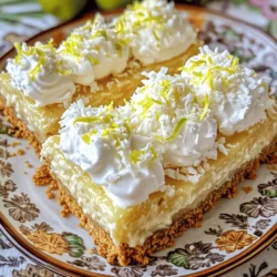 To make Coconut Cream Pie Bars, gather the following main ingredients: - 1 ½ cups graham cracker crumbs - ½ cup unsweetened shredded coconut - ⅓ cup granulated sugar - ½ cup unsalted butter, melted - 1 cup heavy cream - 1 can (14 oz) sweetened condensed milk - ½ cup coconut milk - 3 large egg yolks - 2 tablespoons cornstarch - 1 teaspoon vanilla extract - 1 cup whipped cream (for topping) - Extra shredded coconut and lime zest for garnish These ingredients create a rich and creamy dessert that everyone loves. Want to boost the flavor? Here are some fun add-ins: - A dash of lime juice for tanginess - A few drops of coconut extract for extra coconut flavor - Chopped nuts like macadamia or pecans for crunch These options give you room to be creative and adjust to your taste. If you need to adjust the recipe, here are some easy swaps: - Use gluten-free graham crackers for a gluten-free option. - Swap heavy cream with coconut cream for a dairy-free treat. - If you can’t find sweetened condensed milk, make your own with coconut milk and sugar. These substitutions let everyone enjoy this tasty dessert without worry. For the full recipe, check out the provided link. To start, preheat your oven to 350°F (175°C). Grab a mixing bowl and add: - 1 ½ cups graham cracker crumbs - ½ cup unsweetened shredded coconut - ⅓ cup granulated sugar - ½ cup unsalted butter, melted Mix these ingredients well. You want them to be combined into a sandy texture. Next, press this mixture firmly into a greased 8x8-inch baking pan. Make sure it forms an even layer. Bake this crust for about 10 minutes. When it’s done, let it cool completely. This crust will give your bars great flavor and a nice crunch. Now, let’s make the coconut filling. In a medium saucepan over medium heat, combine: - 1 cup heavy cream - 1 can (14 oz) sweetened condensed milk - ½ cup coconut milk - 3 large egg yolks - 2 tablespoons cornstarch - 1 teaspoon vanilla extract Whisk these ingredients together well. Keep stirring continuously as it cooks. You want to watch for it to thicken and start to bubble. This should take about 5-7 minutes. When it reaches the right thickness, take it off the heat. Pour the thickened coconut filling over your cooled crust. Spread it evenly with a spatula. Now, it’s time to chill! Cover the pan and place it in the fridge for at least 4 hours, or until it sets. This step is key to getting that perfect texture. After chilling, your bars will be ready to cut into squares. Top each piece with whipped cream and a sprinkle of extra shredded coconut for a beautiful finish. Enjoy your delicious Coconut Cream Pie Bars! For the full recipe, see above. To make a great crust, use fresh graham cracker crumbs. You can crush them in a bag or use a food processor. Mix the crumbs with unsweetened shredded coconut and sugar. This adds flavor and texture. Make sure to press the mixture down firmly in the pan. A well-packed crust holds together better. Bake it for ten minutes, but don’t let it get too brown. A light golden color is perfect. For a creamy filling, you will need to whisk the mixture well while cooking. Combine heavy cream, sweetened condensed milk, coconut milk, egg yolks, and cornstarch in a saucepan. Heat it over medium heat. Stir constantly until it thickens. This helps prevent lumps. Remove it from heat as soon as it starts to simmer. Let it cool slightly before pouring it on the crust. This will keep the layers separate and distinct. One common mistake is not cooling the crust before adding the filling. This can cause the filling to melt into the crust. Another mistake is not chilling the bars long enough. They need at least four hours in the fridge to set properly. Avoid overcooking the filling; it should be thick, not dry. Lastly, don’t forget to taste your filling before pouring it. Adjust sweetness if necessary. For the full recipe, check out the detailed instructions. {{image_2}} You can change the flavor of these bars for fun. Adding chocolate is a great choice. Just mix in half a cup of cocoa powder into your filling. This gives a rich chocolate flavor. You can also add lime for a zesty twist. Just use lime juice and zest instead of some of the coconut milk. This brings a bright and fresh taste to your bars. The crust can change to fit your taste. If you love chocolate, try using Oreo crumbs. Just replace the graham cracker crumbs with crushed Oreos. If you want a nutty flavor, use almond flour mixed with melted butter. This will give a crunchy and rich crust. You can also use gluten-free options if needed. These bars are great with drinks. A cold glass of lemonade pairs well with the sweet filling. You can also serve them with coffee for a nice contrast. Top your bars with whipped cream for extra creaminess. Adding fresh fruit like berries can bring color and flavor. A sprinkle of toasted coconut on top adds texture and taste too. For the full recipe, check out the complete guide to making these delicious Coconut Cream Pie Bars! To keep your Coconut Cream Pie Bars fresh, store them in the fridge. Use an airtight container to prevent them from drying out. They will stay good for up to five days. If you have leftovers, make sure to separate layers with parchment paper. This keeps the bars from sticking together. You can freeze these bars for later. First, cut them into squares. Wrap each piece in plastic wrap, then place them in a freezer-safe bag. This helps avoid freezer burn. They can last up to three months in the freezer. To enjoy them later, let them thaw in the fridge overnight. Reheating is not usually needed for these bars. They taste best cold. If you prefer them warm, place them in the oven at a low temperature for a few minutes. Watch closely to avoid melting the filling. Enjoy your Coconut Cream Pie Bars at your desired temperature! Coconut Cream Pie Bars stay fresh for about 4 to 5 days in the fridge. Keep them in an airtight container. This helps keep the bars moist and tasty. After that, the filling may start to lose its creamy texture. So, eat them while they're fresh! Yes, you can make Coconut Cream Pie Bars a day or two ahead of time. This dessert actually tastes better after chilling. Just be sure to let them set in the fridge for at least 4 hours. This will help the filling firm up nicely. You can serve them cold, which adds to the refreshing taste! If you need a substitute for sweetened condensed milk, try using coconut cream mixed with sugar. A ratio of 1 cup of coconut cream to 1/3 cup of sugar works well. You can also use homemade versions or other milk alternatives. Just keep in mind, these options may change the texture a bit. For the best results, you can follow the Full Recipe to see how it all comes together. Coconut Cream Pie Bars are easy to make and delicious. We covered the main ingredients, optional add-ins, and dietary swaps. You learned how to prep the crust and create a creamy filling. Tips helped you avoid common mistakes. Exploring flavor variations keeps it exciting, while storage tips ensure leftovers last. Remember, these bars are simple and fun to customize. You can enjoy them any way you like!