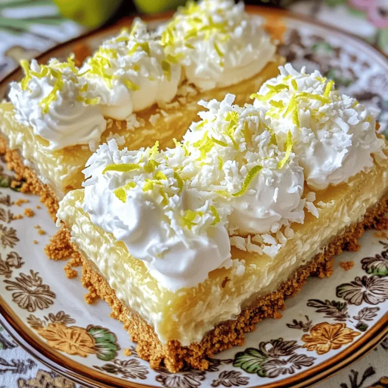 To make Coconut Cream Pie Bars, gather the following main ingredients: - 1 ½ cups graham cracker crumbs - ½ cup unsweetened shredded coconut - ⅓ cup granulated sugar - ½ cup unsalted butter, melted - 1 cup heavy cream - 1 can (14 oz) sweetened condensed milk - ½ cup coconut milk - 3 large egg yolks - 2 tablespoons cornstarch - 1 teaspoon vanilla extract - 1 cup whipped cream (for topping) - Extra shredded coconut and lime zest for garnish These ingredients create a rich and creamy dessert that everyone loves. Want to boost the flavor? Here are some fun add-ins: - A dash of lime juice for tanginess - A few drops of coconut extract for extra coconut flavor - Chopped nuts like macadamia or pecans for crunch These options give you room to be creative and adjust to your taste. If you need to adjust the recipe, here are some easy swaps: - Use gluten-free graham crackers for a gluten-free option. - Swap heavy cream with coconut cream for a dairy-free treat. - If you can’t find sweetened condensed milk, make your own with coconut milk and sugar. These substitutions let everyone enjoy this tasty dessert without worry. For the full recipe, check out the provided link. To start, preheat your oven to 350°F (175°C). Grab a mixing bowl and add: - 1 ½ cups graham cracker crumbs - ½ cup unsweetened shredded coconut - ⅓ cup granulated sugar - ½ cup unsalted butter, melted Mix these ingredients well. You want them to be combined into a sandy texture. Next, press this mixture firmly into a greased 8x8-inch baking pan. Make sure it forms an even layer. Bake this crust for about 10 minutes. When it’s done, let it cool completely. This crust will give your bars great flavor and a nice crunch. Now, let’s make the coconut filling. In a medium saucepan over medium heat, combine: - 1 cup heavy cream - 1 can (14 oz) sweetened condensed milk - ½ cup coconut milk - 3 large egg yolks - 2 tablespoons cornstarch - 1 teaspoon vanilla extract Whisk these ingredients together well. Keep stirring continuously as it cooks. You want to watch for it to thicken and start to bubble. This should take about 5-7 minutes. When it reaches the right thickness, take it off the heat. Pour the thickened coconut filling over your cooled crust. Spread it evenly with a spatula. Now, it’s time to chill! Cover the pan and place it in the fridge for at least 4 hours, or until it sets. This step is key to getting that perfect texture. After chilling, your bars will be ready to cut into squares. Top each piece with whipped cream and a sprinkle of extra shredded coconut for a beautiful finish. Enjoy your delicious Coconut Cream Pie Bars! For the full recipe, see above. To make a great crust, use fresh graham cracker crumbs. You can crush them in a bag or use a food processor. Mix the crumbs with unsweetened shredded coconut and sugar. This adds flavor and texture. Make sure to press the mixture down firmly in the pan. A well-packed crust holds together better. Bake it for ten minutes, but don’t let it get too brown. A light golden color is perfect. For a creamy filling, you will need to whisk the mixture well while cooking. Combine heavy cream, sweetened condensed milk, coconut milk, egg yolks, and cornstarch in a saucepan. Heat it over medium heat. Stir constantly until it thickens. This helps prevent lumps. Remove it from heat as soon as it starts to simmer. Let it cool slightly before pouring it on the crust. This will keep the layers separate and distinct. One common mistake is not cooling the crust before adding the filling. This can cause the filling to melt into the crust. Another mistake is not chilling the bars long enough. They need at least four hours in the fridge to set properly. Avoid overcooking the filling; it should be thick, not dry. Lastly, don’t forget to taste your filling before pouring it. Adjust sweetness if necessary. For the full recipe, check out the detailed instructions. {{image_2}} You can change the flavor of these bars for fun. Adding chocolate is a great choice. Just mix in half a cup of cocoa powder into your filling. This gives a rich chocolate flavor. You can also add lime for a zesty twist. Just use lime juice and zest instead of some of the coconut milk. This brings a bright and fresh taste to your bars. The crust can change to fit your taste. If you love chocolate, try using Oreo crumbs. Just replace the graham cracker crumbs with crushed Oreos. If you want a nutty flavor, use almond flour mixed with melted butter. This will give a crunchy and rich crust. You can also use gluten-free options if needed. These bars are great with drinks. A cold glass of lemonade pairs well with the sweet filling. You can also serve them with coffee for a nice contrast. Top your bars with whipped cream for extra creaminess. Adding fresh fruit like berries can bring color and flavor. A sprinkle of toasted coconut on top adds texture and taste too. For the full recipe, check out the complete guide to making these delicious Coconut Cream Pie Bars! To keep your Coconut Cream Pie Bars fresh, store them in the fridge. Use an airtight container to prevent them from drying out. They will stay good for up to five days. If you have leftovers, make sure to separate layers with parchment paper. This keeps the bars from sticking together. You can freeze these bars for later. First, cut them into squares. Wrap each piece in plastic wrap, then place them in a freezer-safe bag. This helps avoid freezer burn. They can last up to three months in the freezer. To enjoy them later, let them thaw in the fridge overnight. Reheating is not usually needed for these bars. They taste best cold. If you prefer them warm, place them in the oven at a low temperature for a few minutes. Watch closely to avoid melting the filling. Enjoy your Coconut Cream Pie Bars at your desired temperature! Coconut Cream Pie Bars stay fresh for about 4 to 5 days in the fridge. Keep them in an airtight container. This helps keep the bars moist and tasty. After that, the filling may start to lose its creamy texture. So, eat them while they're fresh! Yes, you can make Coconut Cream Pie Bars a day or two ahead of time. This dessert actually tastes better after chilling. Just be sure to let them set in the fridge for at least 4 hours. This will help the filling firm up nicely. You can serve them cold, which adds to the refreshing taste! If you need a substitute for sweetened condensed milk, try using coconut cream mixed with sugar. A ratio of 1 cup of coconut cream to 1/3 cup of sugar works well. You can also use homemade versions or other milk alternatives. Just keep in mind, these options may change the texture a bit. For the best results, you can follow the Full Recipe to see how it all comes together. Coconut Cream Pie Bars are easy to make and delicious. We covered the main ingredients, optional add-ins, and dietary swaps. You learned how to prep the crust and create a creamy filling. Tips helped you avoid common mistakes. Exploring flavor variations keeps it exciting, while storage tips ensure leftovers last. Remember, these bars are simple and fun to customize. You can enjoy them any way you like!