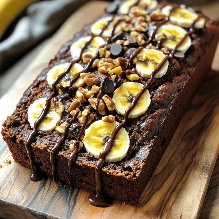 - 3 ripe bananas, mashed - 1/2 cup unsalted butter, softened - 3/4 cup brown sugar, packed - 1/4 cup granulated sugar - 2 large eggs - 1 teaspoon vanilla extract - 1 teaspoon baking soda - 1/2 teaspoon salt - 1 1/2 cups all-purpose flour - 1 cup semi-sweet chocolate chips - 1/2 teaspoon cinnamon (optional) - 1/2 cup chopped walnuts (optional) For the best chocolate chip banana bread, use ripe bananas. They add natural sweetness and moisture. You want them soft and freckled. The butter should be softened for easy mixing. This helps make the batter fluffy. Brown sugar gives a deep flavor. Granulated sugar adds sweetness. Eggs bind the mix and help it rise. Vanilla extract gives a warm taste. Baking soda makes the bread rise, while salt balances the flavors. All-purpose flour makes a nice texture. Chocolate chips add that sweet, melty touch. If you like, add cinnamon for warmth. Chopped walnuts add crunch and flavor, but they are optional. Find the full recipe to start baking this delicious treat! 1. Preheat your oven to 350°F (175°C). Grease a 9x5 inch loaf pan or line it with parchment paper. This helps the bread come out easily after baking. 2. In a large mixing bowl, cream together 1/2 cup of softened butter, 3/4 cup of brown sugar, and 1/4 cup of granulated sugar. Mix until the mixture is light and fluffy. This step creates a nice texture. 3. Add the 3 ripe bananas that you mashed. Mix this well with the butter and sugar. Then, beat in 2 large eggs one at a time, followed by 1 teaspoon of vanilla extract. This helps bring all the flavors together. 1. In another bowl, whisk together 1 teaspoon of baking soda, 1/2 teaspoon of salt, and 1 1/2 cups of all-purpose flour. If you like, you can add 1/2 teaspoon of cinnamon for a warm flavor. 1. Gradually fold the dry ingredients into the wet mixture. Stir gently until just combined. Be careful not to overmix, as this can make the bread tough. 2. Now, add 1 cup of semi-sweet chocolate chips and 1/2 cup of chopped walnuts if you want some crunch. Gently fold these in. 3. Pour the batter into the prepared loaf pan. Smooth the top with a spatula. 4. Bake it in the oven for 60 to 70 minutes. Check with a toothpick. If it comes out clean, your bread is done. For the full recipe, just follow these steps, and you will have a tasty treat ready to enjoy! To make the best chocolate chip banana bread, use overripe bananas. They add natural sweetness and moisture. Look for bananas with brown spots. This means they are just right for baking. Avoid overmixing your batter. Mix until the ingredients are just combined. Overmixing makes the bread tough. You want it soft and tender. When serving, slice the banana bread and place it on a wooden cutting board. Drizzle some melted chocolate on top. This adds a rich touch and looks great. Add fresh banana slices to the top for an inviting look. A sprinkle of chopped walnuts gives it a nice crunch. Enjoy your chocolate chip banana bread warm or toasted. For a treat, spread a little butter on each slice. {{image_2}} You can make this banana bread even better with simple swaps. For a healthier option, try replacing butter with applesauce. This swap cuts down on fat and adds moisture. You can also play with the chocolate. Use dark chocolate chips or even white chocolate for a sweet twist. If you like nuts, swap walnuts for pecans or skip them altogether. Each change gives your bread a new taste. To make your banana bread special, add spices. A hint of nutmeg or cloves can transform the flavors. You might also enjoy a splash of vanilla essence for warmth. Want to add more fruit? Toss in some berries or dried fruits. These add texture and a pop of flavor. You can get creative with what you have on hand. For more ideas, check the Full Recipe! To keep your chocolate chip banana bread fresh, wrap it tightly. Use plastic wrap or aluminum foil. Store it at room temperature for up to three days. If you want it to last longer, freeze it. Slice the bread first to make thawing easier. Wrap each slice in plastic wrap. Then, place the slices in a freezer bag. This way, you can grab one or two slices whenever you want! To reheat your banana bread, use an oven or microwave. For the oven, preheat it to 350°F (175°C). Place your slice on a baking sheet. Heat it for about 10 minutes. This warms the bread and keeps it moist. If you use a microwave, warm each slice for 15-20 seconds. Be careful not to overheat. This can make the bread dry. Enjoy your warm banana bread with a spread of butter or nut butter! To ripen bananas fast, here are some simple methods: - Place bananas in a brown paper bag: This traps ethylene gas, speeding up the ripening. - Add an apple or tomato: These fruits also release ethylene gas, helping bananas ripen. - Use an oven: Wrap bananas in foil and bake at 300°F (150°C) for 15-20 minutes. Let them cool before unwrapping. When choosing ripe bananas, look for: - Yellow skin with a few brown spots. This shows they are sweet and ready to use. - Avoid green bananas, as they are not yet ripe. Yes, you can make this chocolate chip banana bread vegan! Here are some easy swaps: - Replace eggs with flaxseed meal: Mix 1 tablespoon of flaxseed meal with 2.5 tablespoons of water. Let it sit for 5 minutes until it thickens. - Use vegan butter or coconut oil: These can replace the unsalted butter in the recipe. To keep the flavor and texture, use: - Mashed avocado or applesauce instead of butter. This adds moisture and richness without dairy. You can store chocolate chip banana bread for about: - 3 days at room temperature: Keep it in an airtight container. - 1 week in the fridge: This helps preserve freshness. Signs that banana bread has gone bad include: - Mold growth: If you see any green or gray spots, throw it away. - Off smell: A sour or strange smell indicates spoilage. This blog post covered the essentials for making delicious chocolate chip banana bread. We detailed the required ingredients and gave you clear steps from preparation to baking. I shared tips to perfect your bread and highlighted fun variations. You can store your bread for freshness and even reheat it with ease. Banana bread is not just tasty; it brings joy to the kitchen. With a few simple changes, you can make it your own. Enjoy your baking journey!
