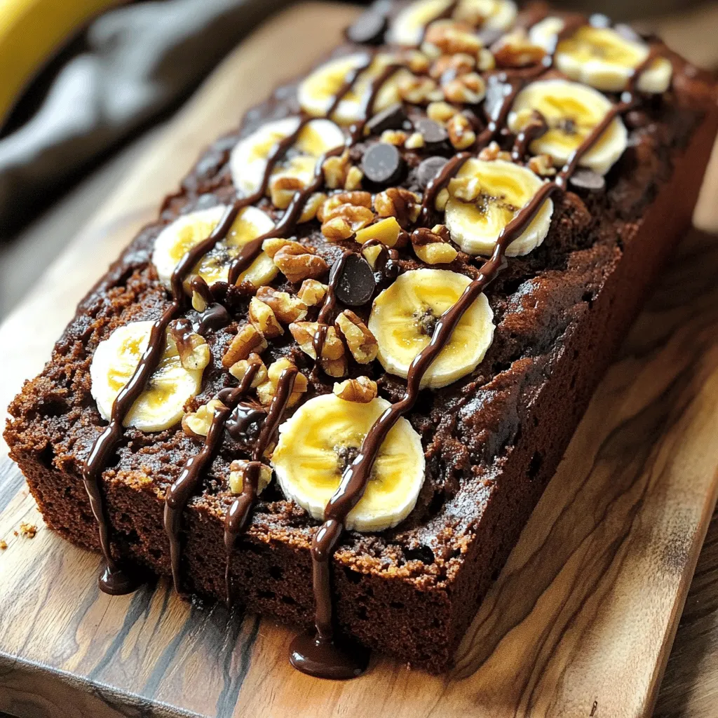 - 3 ripe bananas, mashed - 1/2 cup unsalted butter, softened - 3/4 cup brown sugar, packed - 1/4 cup granulated sugar - 2 large eggs - 1 teaspoon vanilla extract - 1 teaspoon baking soda - 1/2 teaspoon salt - 1 1/2 cups all-purpose flour - 1 cup semi-sweet chocolate chips - 1/2 teaspoon cinnamon (optional) - 1/2 cup chopped walnuts (optional) For the best chocolate chip banana bread, use ripe bananas. They add natural sweetness and moisture. You want them soft and freckled. The butter should be softened for easy mixing. This helps make the batter fluffy. Brown sugar gives a deep flavor. Granulated sugar adds sweetness. Eggs bind the mix and help it rise. Vanilla extract gives a warm taste. Baking soda makes the bread rise, while salt balances the flavors. All-purpose flour makes a nice texture. Chocolate chips add that sweet, melty touch. If you like, add cinnamon for warmth. Chopped walnuts add crunch and flavor, but they are optional. Find the full recipe to start baking this delicious treat! 1. Preheat your oven to 350°F (175°C). Grease a 9x5 inch loaf pan or line it with parchment paper. This helps the bread come out easily after baking. 2. In a large mixing bowl, cream together 1/2 cup of softened butter, 3/4 cup of brown sugar, and 1/4 cup of granulated sugar. Mix until the mixture is light and fluffy. This step creates a nice texture. 3. Add the 3 ripe bananas that you mashed. Mix this well with the butter and sugar. Then, beat in 2 large eggs one at a time, followed by 1 teaspoon of vanilla extract. This helps bring all the flavors together. 1. In another bowl, whisk together 1 teaspoon of baking soda, 1/2 teaspoon of salt, and 1 1/2 cups of all-purpose flour. If you like, you can add 1/2 teaspoon of cinnamon for a warm flavor. 1. Gradually fold the dry ingredients into the wet mixture. Stir gently until just combined. Be careful not to overmix, as this can make the bread tough. 2. Now, add 1 cup of semi-sweet chocolate chips and 1/2 cup of chopped walnuts if you want some crunch. Gently fold these in. 3. Pour the batter into the prepared loaf pan. Smooth the top with a spatula. 4. Bake it in the oven for 60 to 70 minutes. Check with a toothpick. If it comes out clean, your bread is done. For the full recipe, just follow these steps, and you will have a tasty treat ready to enjoy! To make the best chocolate chip banana bread, use overripe bananas. They add natural sweetness and moisture. Look for bananas with brown spots. This means they are just right for baking. Avoid overmixing your batter. Mix until the ingredients are just combined. Overmixing makes the bread tough. You want it soft and tender. When serving, slice the banana bread and place it on a wooden cutting board. Drizzle some melted chocolate on top. This adds a rich touch and looks great. Add fresh banana slices to the top for an inviting look. A sprinkle of chopped walnuts gives it a nice crunch. Enjoy your chocolate chip banana bread warm or toasted. For a treat, spread a little butter on each slice. {{image_2}} You can make this banana bread even better with simple swaps. For a healthier option, try replacing butter with applesauce. This swap cuts down on fat and adds moisture. You can also play with the chocolate. Use dark chocolate chips or even white chocolate for a sweet twist. If you like nuts, swap walnuts for pecans or skip them altogether. Each change gives your bread a new taste. To make your banana bread special, add spices. A hint of nutmeg or cloves can transform the flavors. You might also enjoy a splash of vanilla essence for warmth. Want to add more fruit? Toss in some berries or dried fruits. These add texture and a pop of flavor. You can get creative with what you have on hand. For more ideas, check the Full Recipe! To keep your chocolate chip banana bread fresh, wrap it tightly. Use plastic wrap or aluminum foil. Store it at room temperature for up to three days. If you want it to last longer, freeze it. Slice the bread first to make thawing easier. Wrap each slice in plastic wrap. Then, place the slices in a freezer bag. This way, you can grab one or two slices whenever you want! To reheat your banana bread, use an oven or microwave. For the oven, preheat it to 350°F (175°C). Place your slice on a baking sheet. Heat it for about 10 minutes. This warms the bread and keeps it moist. If you use a microwave, warm each slice for 15-20 seconds. Be careful not to overheat. This can make the bread dry. Enjoy your warm banana bread with a spread of butter or nut butter! To ripen bananas fast, here are some simple methods: - Place bananas in a brown paper bag: This traps ethylene gas, speeding up the ripening. - Add an apple or tomato: These fruits also release ethylene gas, helping bananas ripen. - Use an oven: Wrap bananas in foil and bake at 300°F (150°C) for 15-20 minutes. Let them cool before unwrapping. When choosing ripe bananas, look for: - Yellow skin with a few brown spots. This shows they are sweet and ready to use. - Avoid green bananas, as they are not yet ripe. Yes, you can make this chocolate chip banana bread vegan! Here are some easy swaps: - Replace eggs with flaxseed meal: Mix 1 tablespoon of flaxseed meal with 2.5 tablespoons of water. Let it sit for 5 minutes until it thickens. - Use vegan butter or coconut oil: These can replace the unsalted butter in the recipe. To keep the flavor and texture, use: - Mashed avocado or applesauce instead of butter. This adds moisture and richness without dairy. You can store chocolate chip banana bread for about: - 3 days at room temperature: Keep it in an airtight container. - 1 week in the fridge: This helps preserve freshness. Signs that banana bread has gone bad include: - Mold growth: If you see any green or gray spots, throw it away. - Off smell: A sour or strange smell indicates spoilage. This blog post covered the essentials for making delicious chocolate chip banana bread. We detailed the required ingredients and gave you clear steps from preparation to baking. I shared tips to perfect your bread and highlighted fun variations. You can store your bread for freshness and even reheat it with ease. Banana bread is not just tasty; it brings joy to the kitchen. With a few simple changes, you can make it your own. Enjoy your baking journey!