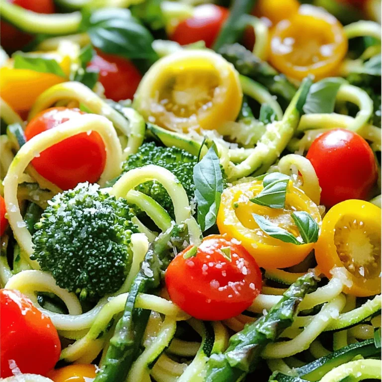 - 4 medium zucchinis, spiralized into noodles - 1 bell pepper (any color), thinly sliced - 1 cup cherry tomatoes, halved - 1 cup broccoli florets - 1 small yellow onion, thinly sliced - 2 cloves garlic, minced - 1 cup asparagus, cut into 1-inch pieces - 3 tablespoons olive oil - 1 teaspoon dried Italian herbs (oregano, basil, thyme) - Salt and pepper to taste - Fresh basil, for garnish - Grated Parmesan cheese (optional, for serving) Zucchini Noodle Primavera is vibrant and fresh. You need basic veggies and herbs. Spiralized zucchini forms the noodles, making this dish light and fun. Start with medium zucchinis. They turn into lovely noodles with a spiralizer. Choose any bell pepper to add color and crunch. Cherry tomatoes bring sweetness. They burst with flavor when cooked. Broccoli florets add a nice green touch. Onions and garlic create a fragrant base. They bring depth to the dish. Asparagus adds a lovely texture and flavor. Use olive oil for cooking. It gives the dish richness. Dried Italian herbs tie everything together. You can adjust salt and pepper to your taste. Fresh basil makes a great garnish. For a savory finish, add grated Parmesan cheese. This dish is perfect for those who love vibrant, veggie-filled meals. Check the [Full Recipe] for all the details and cooking steps! - Spiralizing the zucchinis To make zucchini noodles, use a spiralizer. Cut the ends off each zucchini. Secure the zucchini in the spiralizer and twist to create noodles. Aim for long, thin strands. You can also use a vegetable peeler if you don’t have a spiralizer. - Preparing and slicing the vegetables Slice the bell pepper, onion, and asparagus. Halve the cherry tomatoes. Make sure the pieces are similar in size. This helps them cook evenly. Set all the veggies aside for easy access when cooking. - Sautéing the onions and garlic Heat two tablespoons of olive oil in a large skillet over medium heat. Add the sliced onions and minced garlic. Cook for about two to three minutes. Stir them often until the onions turn soft and clear. This step builds a great flavor base. - Adding other vegetables and cooking times Next, add the bell pepper, broccoli, and asparagus to the skillet. Stir well and cook for about five minutes. You want them to be tender but still a bit crisp. Finally, mix in the cherry tomatoes and dried herbs. Cook for an extra two minutes until the tomatoes soften. - Cooking zucchini noodles and mixing with sautéed vegetables In another pan, heat the last tablespoon of olive oil. Add the spiralized zucchini noodles and season with salt and pepper. Cook for two to three minutes, tossing gently. You want them slightly tender but still firm. - Final seasoning adjustments Combine the sautéed vegetables with the zucchini noodles in the large skillet. Toss everything together for one to two minutes. Make sure the dish is hot and well mixed. Taste it and adjust salt and pepper as needed for the best flavor. This simple method makes Zucchini Noodle Primavera fresh and full of flavor. For the complete recipe, you can refer to the Full Recipe section. Enjoy your cooking! To make the best zucchini noodle primavera, keep your noodles al dente. This means cooking them just until they are tender but still firm. Overcooking can make them mushy, which spoils the dish. Aim for about 2-3 minutes in the pan. Enhance flavors with fresh herbs. Basil, oregano, and thyme work wonders. You can even add a squeeze of lemon for brightness. Fresh herbs bring life to your dish and make it pop. One common mistake is overcooking the zucchini noodles. This makes them lose their structure and taste. Always monitor the cooking time closely. Another mistake is choosing the wrong vegetables. Use vibrant, fresh vegetables like bell peppers, cherry tomatoes, and broccoli. They add color and flavor. Avoid wilted or overripe veggies. Zucchini noodle primavera pairs well with grilled chicken or shrimp. These proteins add heartiness to your meal. You can serve it with crusty bread, too. Garnish your dish with fresh basil and a sprinkle of grated Parmesan cheese. These toppings add visual appeal and extra flavor. A splash of olive oil can also elevate the presentation. For the Full Recipe, follow the steps and enjoy this fresh dish. {{image_2}} You can add grilled chicken or shrimp to your Zucchini Noodle Primavera for extra protein. Simply grill your choice of meat, slice it, and toss it with the noodles. Chicken breast gives a nice flavor, while shrimp adds a sweet touch. If you're looking for a vegan dish, try adding chickpeas or tofu. Both options give a great texture and protein boost. While olive oil is a classic choice, you can explore other sauces. For a punch of flavor, try pesto or marinara. If you prefer a creamy sauce, blend cashews with garlic and lemon for a vegan option. Creamy sauces can make the dish rich, while lighter options keep it fresh. Find the right balance that suits your taste. You can switch up the vegetables based on the season. In summer, add fresh corn or zucchini. In fall, try butternut squash or kale for a cozy feel. For holiday themes, consider adding roasted red peppers or seasonal herbs. This keeps your dish exciting and new with each season. For the full recipe, check the [Full Recipe]. To keep Zucchini Noodle Primavera fresh, store leftovers in an airtight container. Place the container in the fridge. This method helps maintain the dish's flavor. Try to eat the leftovers within three days for the best taste. When reheating, the best method is using a skillet. Heat it on medium and add a splash of olive oil. This helps keep the noodles from sticking. Stir and cook for about five minutes. Avoid the microwave, as it can make the noodles mushy. To freeze Zucchini Noodle Primavera, let it cool first. Then, portion it into freezer-safe bags. Squeeze out as much air as you can before sealing. It can stay fresh for up to three months. When ready to eat, thaw it in the fridge overnight. Reheat in a skillet for the best results. For the full recipe, check the earlier section. Zucchini noodles, or zoodles, are long strands made from zucchini. You can create them using a spiralizer or a vegetable peeler. They serve as a low-carb, gluten-free pasta alternative. Benefits of using zucchini noodles in recipes: - Low in calories: Zucchini has fewer calories than traditional pasta. - High in nutrients: Zucchini is rich in vitamins A and C. - Versatile: They soak up flavors well and fit many dishes. - Easy to prepare: Zucchini cooks quickly and can be eaten raw. Yes, you can prepare Zucchini Noodle Primavera ahead of time. Meal prepping saves you time during busy days. Tips for meal prepping this dish: - Cook the vegetables: Sauté and store them in the fridge. - Spiralize zucchini: Do this a day earlier and keep it in an airtight container. - Combine before serving: Mix the noodles and veggies just before eating. Soggy zucchini noodles can ruin your dish. Keeping them firm is key. Common techniques to maintain quality: - Salt the noodles: Lightly salt and let them sit for 10 minutes. Rinse and pat dry. - Quick cooking: Cook them for only 2-3 minutes to keep them firm. - Avoid excess moisture: Drain any liquid from cooked vegetables before mixing. For the full recipe, check out the Zesty Zucchini Noodle Primavera. Enjoy making this fresh and tasty dish! Zucchini Noodle Primavera is a simple, tasty dish. We covered ingredients, prep, and cooking steps. You learned tips to enhance flavor and avoid common mistakes. Remember, keeping the noodles al dente is key. Feel free to try different vegetables and proteins for variety. This dish is great for meal prep and leftovers. Enjoy your healthy, colorful meal. You’ll impress your friends and family with this recipe!