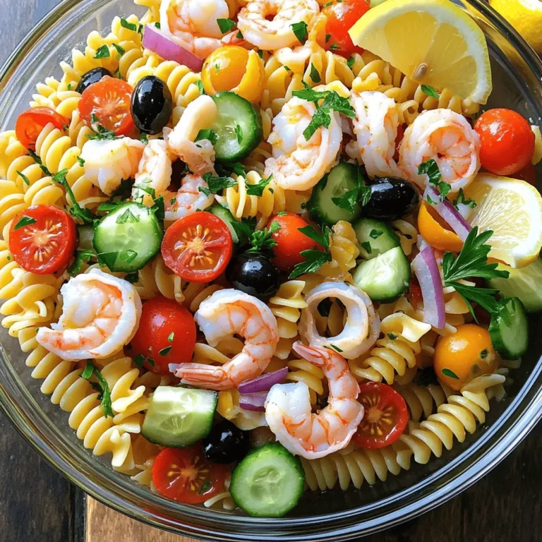 To make a great seafood pasta salad, you need these key ingredients: - 8 oz. fusilli pasta - 1 cup cooked shrimp, peeled and deveined - 1 cup cooked calamari, sliced - 1 cup cherry tomatoes, halved - 1/2 cup cucumber, diced - 1/4 cup red onion, finely chopped - 1/4 cup black olives, sliced - 1/4 cup fresh parsley, chopped These ingredients mix well together. The fusilli pasta holds the dressing nicely. Shrimp and calamari bring a lovely taste of the sea. Fresh veggies add crunch and color. For the dressing, gather these items: - 1/3 cup olive oil - 3 tablespoons lemon juice - 1 teaspoon Dijon mustard - Salt and pepper to taste This dressing makes the salad bright and zesty. Lemon juice adds a fresh kick. Dijon mustard gives it depth. Adjust salt and pepper to match your taste. Feel free to customize your salad with these options: - Extra seafood like crab or scallops - Additional vegetables like bell peppers or corn - Fresh herbs such as basil or dill Adding more seafood or veggies can change the flavor. You can make it your own by mixing in what you love. Explore different herbs for unique tastes. For the complete recipe, check out the Full Recipe section. To cook fusilli pasta, bring a pot of salted water to a boil. Add the pasta and cook it for about 8 to 10 minutes. You want it to be al dente, which means it's firm but not hard. Once done, drain the pasta in a colander. Rinse it under cold water to stop the cooking. This step cools the pasta and helps keep it from sticking together. Set the pasta aside while you prepare the other ingredients. For the shrimp, if they are not cooked yet, boil them for about 3–5 minutes until pink. Once cooked, peel and devein them. For the calamari, slice it into rings if it isn't already. Cook it in boiling water for about 2 minutes, then drain. For the vegetables, chop the cherry tomatoes, cucumber, and red onion into bite-sized pieces. Use a sharp knife for efficient chopping. You want each piece to be small enough to mix well in the salad. In a large mixing bowl, add the cooled pasta, shrimp, calamari, and chopped vegetables. Make sure everything is evenly distributed. In a separate bowl, whisk together olive oil, lemon juice, Dijon mustard, salt, and pepper. Pour this dressing over the pasta and seafood mixture. Gently toss everything together until it is well coated. Use a spatula to lift from the bottom to the top. This method helps mix without breaking the seafood. Cover the bowl with plastic wrap and refrigerate for at least 30 minutes. This allows the flavors to meld. Before serving, give it a final toss and adjust the seasoning if needed. For the full recipe, refer to the section above. To make a great salad dressing, start with olive oil and lemon juice. Use a 2:1 ratio of oil to lemon for balance. Add Dijon mustard for a nice bite. Whisk the mix until it comes together. Taste it. Adjust with salt and pepper as needed. You can also add a bit of honey for sweetness or garlic for zing. For a stunning display, serve the salad in a large glass bowl. It highlights the colorful layers of seafood and veggies. Garnish with fresh parsley and lemon wedges for added flair. Chill the salad before serving. This enhances the flavors and gives a refreshing feel. Make this salad your own. Swap shrimp for crab or add tuna for variety. You can also mix in extra veggies like bell peppers or avocado. Adjust the seasoning to suit your taste. If you like more heat, sprinkle in some red pepper flakes. For a fresh twist, add fresh herbs like basil or dill. For the full recipe, check out the Seaside Delight Seafood Pasta Salad! {{image_2}} You can swap seafood to match your taste. Tuna and crab work well in this salad. They bring a nice, rich flavor. If you prefer no seafood, use chickpeas or grilled vegetables as substitutes. This keeps the dish fresh and exciting. Fusilli is great, but you can use other pasta shapes. Penne or rotini are good choices too. You might even try whole wheat pasta for more fiber. If gluten is a concern, choose gluten-free pasta. It will still taste amazing! To boost flavor, add fresh herbs like basil or dill. They add a lovely aroma and taste. If you like heat, a dash of hot sauce or a touch of garlic will spice things up. These small changes can make a big difference in flavor. Check out the Full Recipe for more ideas on making your seafood pasta salad shine! Store any leftover seafood pasta salad in an airtight container. Place it in the fridge right away. This keeps the salad fresh for up to three days. For best taste, eat it within two days. To keep it crunchy, you can store the dressing separately. Just add it when you're ready to eat. You usually do not want to reheat cold salads, especially seafood. Reheating can change the texture and taste. If you must, use a microwave on low power for a short time. This warms it without ruining the salad's fresh feel. I recommend enjoying it cold for the best experience. I do not suggest freezing seafood pasta salad. Freezing can make seafood rubbery and pasta mushy. If you want to freeze it, separate the components. Freeze the seafood and veggies in one bag and the pasta in another. This way, you can mix them fresh when you are ready to eat. Seafood pasta salad can last about 3 to 4 days in the fridge. To keep it fresh, store it in an airtight container. After a few days, the seafood may lose its texture and flavor. Always check for any signs of spoilage before eating. Yes, you can make this salad ahead of time. I recommend making it 1 day in advance. This gives the flavors time to meld. Just cover it well and chill it in the fridge. Before serving, stir it again to mix the dressing and ingredients. If you need a substitute for Dijon mustard, try using yellow mustard or honey mustard. These options will change the taste slightly but will work well in the dressing. For a milder flavor, you can also use mayonnaise mixed with a splash of vinegar. The seafood pasta salad is not gluten-free due to the fusilli pasta. However, you can easily switch to gluten-free pasta. Many brands offer gluten-free fusilli, so you can enjoy this dish without worry. Just check the package for gluten-free labels. This seafood pasta salad combines fusilli, shrimp, calamari, and fresh veggies for a tasty dish. With simple steps, you can create a flavorful dressing and customize ingredients to suit your taste. Remember to store leftovers properly to enjoy them later. You can make this salad ahead of time for convenience. Experimenting with various seafood and pasta types can add fun twists. Whether for a picnic or a family meal, this salad is a great choice. Enjoy making it your own!