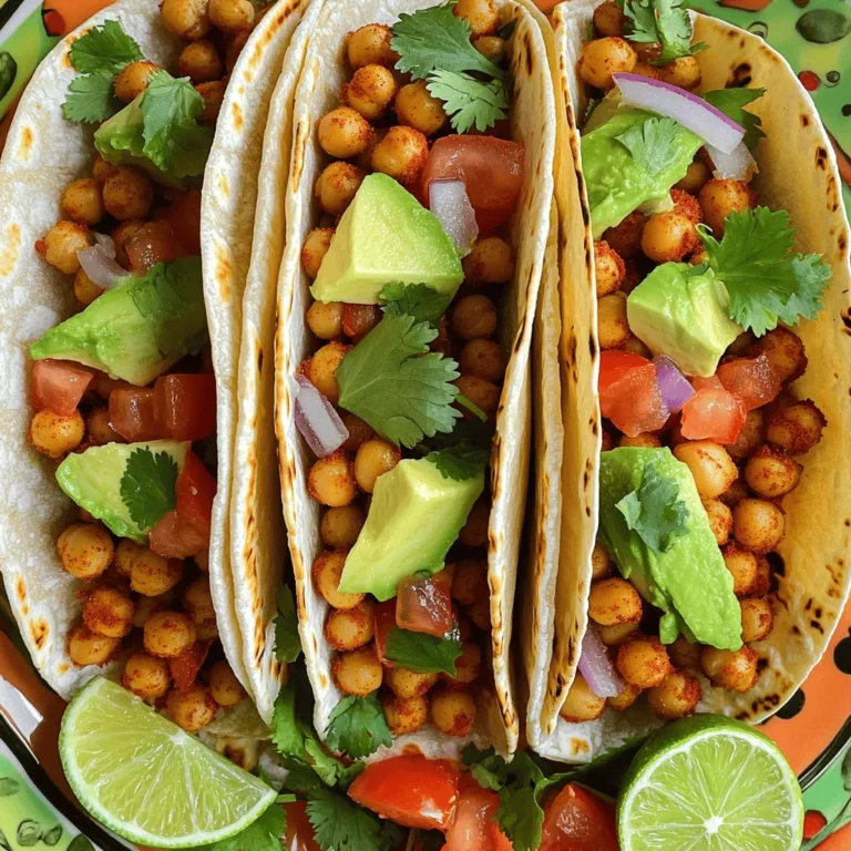 To make spicy chickpea tacos, gather these main ingredients: - 1 can (15 oz) chickpeas, drained and rinsed - 1 tablespoon olive oil - 1 teaspoon smoked paprika - 1 teaspoon cumin - 1/2 teaspoon cayenne pepper (adjust to taste) - Salt and pepper to taste - 1 tablespoon lime juice - 8 small corn tortillas These ingredients create a tasty, balanced base for your tacos. Chickpeas provide protein and fiber, while spices add warmth and depth. You can enhance your tacos with these tasty garnishes: - 1 avocado, sliced - 1/2 cup diced tomatoes - 1/4 cup fresh cilantro, chopped - 1/4 cup red onion, finely chopped - 1/2 cup Greek yogurt or vegan alternative (for garnish) These toppings add great color and flavor. You can mix and match to suit your taste! To prepare your spicy chickpea tacos, you’ll need: - A mixing bowl for combining ingredients - A baking sheet for roasting - A dry skillet for warming tortillas Using the right tools helps make cooking easier and more fun. For the full recipe, check the section above! Start by draining and rinsing the chickpeas. This removes extra salt and makes them cleaner. In a bowl, mix the chickpeas with olive oil, smoked paprika, cumin, cayenne pepper, salt, and pepper. Make sure every chickpea gets coated. This step adds flavor and spice. Set your bowl aside while you prepare to roast them. Preheat your oven to 400°F (200°C). Spread the seasoned chickpeas on a baking sheet. Make sure they are in a single layer. This helps them roast evenly. Roast for 20-25 minutes. Shake the pan halfway through cooking to ensure crispiness. You want them golden brown and crunchy. When they are done, drizzle lime juice over them for a zesty finish. While the chickpeas roast, get your taco toppings ready. Dice tomatoes, chop cilantro, and finely slice red onion. In a dry skillet over medium heat, warm the corn tortillas for about 30 seconds on each side. This makes them soft and easy to fold. Once the chickpeas are crispy, it’s time to assemble your tacos. Place a generous amount of roasted chickpeas on each tortilla. Top with sliced avocado, diced tomatoes, red onion, and cilantro. Finally, add a dollop of Greek yogurt or a vegan alternative for creaminess. Enjoy your delicious creation! For the full recipe, check out the [Full Recipe]. To make your spicy chickpea tacos pop, adjust the spices. Start with smoked paprika and cumin. These spices add warmth and depth. If you like heat, add more cayenne pepper. Taste as you go. This way, you will find the right balance. You can also add garlic powder or onion powder for more flavor. Always remember, less is more. You can always add more spice, but you cannot take it away! Warm tortillas make a huge difference. Use a dry skillet over medium heat for the best results. Heat each tortilla for about 30 seconds on each side. They should be soft and warm. If you want a smoky flavor, heat them over an open flame for a few seconds. Just be careful not to burn them. Soft tortillas hold the fillings better and make each bite delicious. Presentation matters in cooking. Serve your tacos on a colorful platter. Add lime wedges for squeezing over the top. This adds a fresh, zesty kick. Top with extra cilantro for color and flavor. You can even stack the tacos or arrange them in a line. Make each taco a little work of art. A beautiful plate makes the meal even more enjoyable. For the full recipe, check the complete instructions above. {{image_2}} Chickpeas are great, but you can switch things up. Try black beans for a different taste. You can also use lentils; they add a nice texture. If you prefer meat, ground turkey or chicken works well, too. Each option brings its own flavor. Toppings make tacos fun! Add crunchy lettuce or spicy jalapeños for a kick. You can use diced bell peppers or corn for sweetness. If you love sauces, try salsa, hot sauce, or a creamy chipotle sauce. Mix and match to find your favorite combo. Making the tacos vegan is easy. Just skip the Greek yogurt or use a plant-based option. For gluten-free tacos, choose corn tortillas like in the recipe. These simple swaps keep the flavors while fitting your needs. Enjoy delicious tacos without worry! For the full recipe, visit [Full Recipe]. To keep your Spicy Chickpea Tacos fresh, you should store them properly. First, place the leftover tacos in an airtight container. This helps prevent them from drying out. You can also store the chickpeas and toppings separately. This way, the tortillas stay soft. Use them within two days for the best taste. When you want to enjoy your tacos again, reheating is key. Start by warming the chickpeas in a pan over medium heat. Stir them until they are hot. For the tortillas, heat them in a dry skillet for about 30 seconds. This will bring back their soft texture. Avoid using the microwave, as it can make the tortillas chewy. If you have leftover chickpeas, store them in the fridge. They can last up to four days in an airtight container. You can also freeze them. Chickpeas can stay fresh for about three months in the freezer. Just thaw them in the fridge before using. This way, you’ll have a tasty ingredient ready for your next meal. You can serve many sides with these tacos. A fresh salad pairs well. Try a simple green salad with lime dressing. You could also serve corn on the cob for a sweet touch. For dipping, make a zesty salsa or guacamole. Chips and salsa make a fun crunch, too. Yes, you can prep many parts ahead. Cook the chickpeas and store them in the fridge. You can also chop the veggies and store them in sealed containers. Just warm the tortillas before serving. Assembling right before you eat keeps everything fresh and tasty. To add more heat, increase the cayenne pepper. You can also add diced jalapeños for a fresh kick. A splash of hot sauce on top gives extra flavor. Just be careful not to overpower the chickpeas. Taste as you go to find your perfect heat level. Chickpeas are packed with protein and fiber. They help keep you full and satisfied. They are also rich in vitamins and minerals. These include folate, iron, and magnesium. Eating chickpeas can support heart health and aid digestion, making them a great choice for any meal. For the full recipe, check out my Spicy Chickpea Tacos recipe above. In this blog post, we explored how to make tasty spicy chickpea tacos. We covered essential ingredients, cooking steps, and helpful tips for great flavor. I shared ideas for tasty toppings and ways to modify recipes for different diets. You can also learn how to store leftovers and reheat them properly. These tacos are simple to make and full of flavor. Enjoy experimenting with spices and toppings to make them your own!
