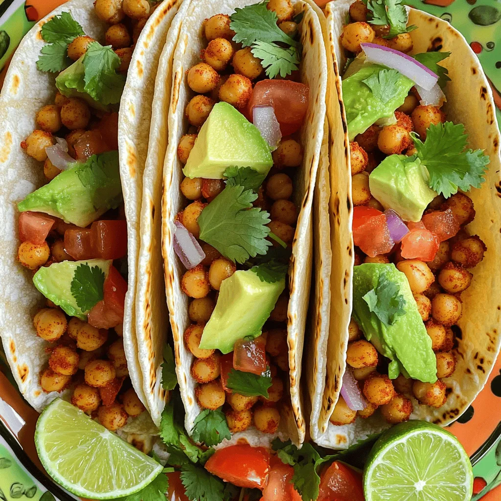To make spicy chickpea tacos, gather these main ingredients: - 1 can (15 oz) chickpeas, drained and rinsed - 1 tablespoon olive oil - 1 teaspoon smoked paprika - 1 teaspoon cumin - 1/2 teaspoon cayenne pepper (adjust to taste) - Salt and pepper to taste - 1 tablespoon lime juice - 8 small corn tortillas These ingredients create a tasty, balanced base for your tacos. Chickpeas provide protein and fiber, while spices add warmth and depth. You can enhance your tacos with these tasty garnishes: - 1 avocado, sliced - 1/2 cup diced tomatoes - 1/4 cup fresh cilantro, chopped - 1/4 cup red onion, finely chopped - 1/2 cup Greek yogurt or vegan alternative (for garnish) These toppings add great color and flavor. You can mix and match to suit your taste! To prepare your spicy chickpea tacos, you’ll need: - A mixing bowl for combining ingredients - A baking sheet for roasting - A dry skillet for warming tortillas Using the right tools helps make cooking easier and more fun. For the full recipe, check the section above! Start by draining and rinsing the chickpeas. This removes extra salt and makes them cleaner. In a bowl, mix the chickpeas with olive oil, smoked paprika, cumin, cayenne pepper, salt, and pepper. Make sure every chickpea gets coated. This step adds flavor and spice. Set your bowl aside while you prepare to roast them. Preheat your oven to 400°F (200°C). Spread the seasoned chickpeas on a baking sheet. Make sure they are in a single layer. This helps them roast evenly. Roast for 20-25 minutes. Shake the pan halfway through cooking to ensure crispiness. You want them golden brown and crunchy. When they are done, drizzle lime juice over them for a zesty finish. While the chickpeas roast, get your taco toppings ready. Dice tomatoes, chop cilantro, and finely slice red onion. In a dry skillet over medium heat, warm the corn tortillas for about 30 seconds on each side. This makes them soft and easy to fold. Once the chickpeas are crispy, it’s time to assemble your tacos. Place a generous amount of roasted chickpeas on each tortilla. Top with sliced avocado, diced tomatoes, red onion, and cilantro. Finally, add a dollop of Greek yogurt or a vegan alternative for creaminess. Enjoy your delicious creation! For the full recipe, check out the [Full Recipe]. To make your spicy chickpea tacos pop, adjust the spices. Start with smoked paprika and cumin. These spices add warmth and depth. If you like heat, add more cayenne pepper. Taste as you go. This way, you will find the right balance. You can also add garlic powder or onion powder for more flavor. Always remember, less is more. You can always add more spice, but you cannot take it away! Warm tortillas make a huge difference. Use a dry skillet over medium heat for the best results. Heat each tortilla for about 30 seconds on each side. They should be soft and warm. If you want a smoky flavor, heat them over an open flame for a few seconds. Just be careful not to burn them. Soft tortillas hold the fillings better and make each bite delicious. Presentation matters in cooking. Serve your tacos on a colorful platter. Add lime wedges for squeezing over the top. This adds a fresh, zesty kick. Top with extra cilantro for color and flavor. You can even stack the tacos or arrange them in a line. Make each taco a little work of art. A beautiful plate makes the meal even more enjoyable. For the full recipe, check the complete instructions above. {{image_2}} Chickpeas are great, but you can switch things up. Try black beans for a different taste. You can also use lentils; they add a nice texture. If you prefer meat, ground turkey or chicken works well, too. Each option brings its own flavor. Toppings make tacos fun! Add crunchy lettuce or spicy jalapeños for a kick. You can use diced bell peppers or corn for sweetness. If you love sauces, try salsa, hot sauce, or a creamy chipotle sauce. Mix and match to find your favorite combo. Making the tacos vegan is easy. Just skip the Greek yogurt or use a plant-based option. For gluten-free tacos, choose corn tortillas like in the recipe. These simple swaps keep the flavors while fitting your needs. Enjoy delicious tacos without worry! For the full recipe, visit [Full Recipe]. To keep your Spicy Chickpea Tacos fresh, you should store them properly. First, place the leftover tacos in an airtight container. This helps prevent them from drying out. You can also store the chickpeas and toppings separately. This way, the tortillas stay soft. Use them within two days for the best taste. When you want to enjoy your tacos again, reheating is key. Start by warming the chickpeas in a pan over medium heat. Stir them until they are hot. For the tortillas, heat them in a dry skillet for about 30 seconds. This will bring back their soft texture. Avoid using the microwave, as it can make the tortillas chewy. If you have leftover chickpeas, store them in the fridge. They can last up to four days in an airtight container. You can also freeze them. Chickpeas can stay fresh for about three months in the freezer. Just thaw them in the fridge before using. This way, you’ll have a tasty ingredient ready for your next meal. You can serve many sides with these tacos. A fresh salad pairs well. Try a simple green salad with lime dressing. You could also serve corn on the cob for a sweet touch. For dipping, make a zesty salsa or guacamole. Chips and salsa make a fun crunch, too. Yes, you can prep many parts ahead. Cook the chickpeas and store them in the fridge. You can also chop the veggies and store them in sealed containers. Just warm the tortillas before serving. Assembling right before you eat keeps everything fresh and tasty. To add more heat, increase the cayenne pepper. You can also add diced jalapeños for a fresh kick. A splash of hot sauce on top gives extra flavor. Just be careful not to overpower the chickpeas. Taste as you go to find your perfect heat level. Chickpeas are packed with protein and fiber. They help keep you full and satisfied. They are also rich in vitamins and minerals. These include folate, iron, and magnesium. Eating chickpeas can support heart health and aid digestion, making them a great choice for any meal. For the full recipe, check out my Spicy Chickpea Tacos recipe above. In this blog post, we explored how to make tasty spicy chickpea tacos. We covered essential ingredients, cooking steps, and helpful tips for great flavor. I shared ideas for tasty toppings and ways to modify recipes for different diets. You can also learn how to store leftovers and reheat them properly. These tacos are simple to make and full of flavor. Enjoy experimenting with spices and toppings to make them your own!