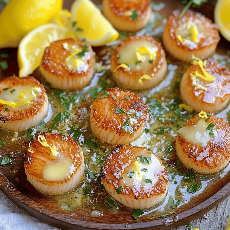 - 1 pound large sea scallops, patted dry - 2 tablespoons olive oil - 2 tablespoons unsalted butter - 1 garlic clove, minced - 1 teaspoon fresh thyme leaves - Zest of 1 lemon - Salt and freshly ground black pepper to taste - Fresh parsley, chopped (for garnish) - Lemon wedges - Recommended side dishes The main ingredients are simple but important. Scallops are the star of this dish. Their sweet and delicate flavor shines through. Drying the scallops helps them get that nice crisp. Olive oil and butter add richness and depth. Garlic gives a warm, inviting aroma. For seasoning, fresh thyme and lemon zest brighten the dish. Salt and pepper add basic flavor. Don't skip the parsley; it adds color and freshness. When serving, lemon wedges give a zesty kick. You can pair scallops with a side salad, rice, or veggies. These sides enhance the meal without overpowering the scallops. Check the Full Recipe for more tips on preparation. Start by drying your scallops well. This is key for getting them crispy. Wet scallops will steam instead of sear. Use a paper towel to pat them dry. Next, season them. Sprinkle salt and black pepper on both sides. This simple step enhances their natural flavor. You can also add a pinch of your favorite spice for extra kick. Now, heat a large skillet. Pour in the olive oil and let it warm over medium-high heat. You want it to shimmer, which takes about 2-3 minutes. Carefully place the scallops in the hot skillet. Don’t overcrowd the pan; give them space. This helps achieve a nice golden crust. Let them sear for 2-3 minutes without moving them. Once they look golden, it’s time to flip. Use tongs to gently turn them over. Add the butter, minced garlic, and fresh thyme to the pan. This adds great flavor! Cook for another 2 minutes while basting the scallops with the melted butter. When done, take the scallops out and put them on a plate lined with paper towels. This absorbs extra oil and keeps them crispy. To serve, focus on presentation. Arrange the scallops neatly on a plate. A sprinkle of lemon zest adds color and flavor. Finish with fresh parsley for a pop of green. Don’t forget the lemon wedges! They give a nice zing when served. For the full recipe, you can check the earlier section. Enjoy your crispy pan-seared scallops! To get that golden crust on your scallops, follow these key factors: - Dry the scallops: Moisture is the enemy of crispiness. Use a paper towel to pat them dry. - Use high heat: A hot skillet helps sear the scallops quickly. This locks in the juices. Don't overcrowd the pan. When scallops sit too close, they steam instead of sear. Cook them in batches if needed. Each one deserves its space for a perfect crust. Want to add some flair? Try these herbs and spices: - Fresh thyme: It pairs well with scallops and adds a nice earthy note. - Garlic: Minced garlic gives a punch of flavor as it cooks in butter. You can also whip up a quick sauce. Melt extra butter and mix in some lemon juice. This adds richness and brightness to your dish. Be careful not to overcook your scallops. They need just 2-3 minutes per side. If you cook them too long, they turn rubbery. Seasoning matters too. Use enough salt and pepper. This enhances the natural taste of the scallops and makes each bite pop. {{image_2}} If you can't find scallops, try these options: - Shrimp: They cook fast and have a similar texture. - Fish fillets: Use firm fish like cod or halibut. Changing herbs and seasonings can also add a twist. For example: - Use basil or dill instead of thyme for a fresh flavor. - Add a pinch of chili flakes for heat. You can prepare scallops in different ways. Oven-baked scallops: Preheat your oven to 400°F. Place seasoned scallops in a baking dish. Drizzle with olive oil and bake for about 10 minutes. This method gives a tender and juicy bite. Grilled scallops: Skewer the scallops to keep them from falling through the grill. Brush with oil and grill for 2-3 minutes on each side. Grilling adds a smoky flavor that is hard to resist. Pairing your scallops with a sauce elevates the dish. Creamy garlic sauce: Sauté garlic in butter, then stir in cream and parmesan. This rich sauce coats the scallops beautifully. Lemon-dill sauce: Mix lemon juice, fresh dill, and olive oil for a light, zesty sauce. It brings out the sweetness of the scallops. For the full recipe, check out the crispy pan-seared scallops. To keep your crispy pan-seared scallops fresh, place them in an airtight container. This helps seal in their taste and texture. If you have a little space, add a paper towel to absorb moisture. Store them in the fridge for up to two days. Avoid stacking them; this can ruin their crispiness. If you want to freeze scallops, ensure they are fully cooled. Then, place them in a freezer-safe bag. Remove as much air as possible before sealing. These scallops can last in the freezer for about three months. Remember, proper storage helps maintain their flavor. When reheating scallops, you want to keep them crispy. The best method is to use a skillet. Heat it over medium heat and add a little olive oil. Cook the scallops for just a minute on each side. This helps them regain that lovely crunch. You can also use an oven. Preheat it to 350°F (175°C). Spread the scallops on a baking sheet. Heat them for about 5-7 minutes. This method works well but may not keep them as crispy as the skillet. When serving leftover scallops, check their texture first. If they seem a bit soft, try to crisp them up again. You can add a squeeze of fresh lemon juice to enhance the flavor. Pair them with a light salad or a fresh vegetable side. This adds freshness and balances the dish. Enjoying scallops after storage can be just as delightful as fresh ones if done right. For the full recipe, check out the Crispy Pan-Seared Scallops section above. You can tell when scallops are done by their color and texture. They should be opaque and firm to the touch. The outside will have a nice golden crust. If they feel soft or mushy, they need more time. Cook them for about 2-3 minutes on each side. Always trust your senses. If they smell sweet and fresh, they are likely good. Yes, you can use frozen scallops! Just make sure to thaw them first. Place them in the fridge overnight for best results. If you’re in a hurry, you can run them under cold water for 30 minutes. After thawing, pat them dry with a paper towel. This step helps them sear better. They can become soggy if not dried. Crispy pan-seared scallops pair well with many sides. Here are a few great ideas: - Garlic mashed potatoes: Creamy and flavorful, they balance the scallops well. - Sautéed asparagus: This adds a nice crunch and bright color. - Quinoa salad: A fresh option that adds texture and nutrition. - Lemon risotto: The creaminess complements the scallops perfectly. Feel free to explore these recipes for a complete meal! For the full recipe, check out the detailed instructions above. In this post, I shared how to cook perfect crispy scallops. We covered key ingredients, tips for crispiness, and how to serve them well. I've also included ways to store leftovers and reheat them without losing texture. Remember, avoid overcooking and use fresh herbs for the best flavor. With these tips, you’ll impress anyone at your table. Now, go enjoy making your delicious scallop dish!