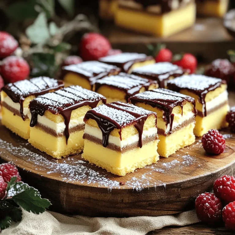 - 1 cup all-purpose flour - 1/2 cup granulated sugar - 1/2 teaspoon baking powder - 1/4 teaspoon baking soda - 1/4 teaspoon salt - 1/2 cup unsalted butter, softened - 2 large eggs - 1 teaspoon vanilla extract - 1 cup vanilla custard (store-bought or homemade) - 1/2 cup semi-sweet chocolate chips - 1/4 cup heavy cream For the main ingredients, you want the best. Use fresh eggs and good quality butter. If you need to swap the flour, you can use a gluten-free blend. For a lighter version, try using applesauce instead of some butter. - Fresh berries - Dusting of powdered sugar - Chopped nuts (like almonds or hazelnuts) - Flavored extracts (like almond or orange) You can get creative with toppings. Fresh berries add a nice touch and flavor. A dusting of powdered sugar makes it look fancy. If you like nuts, sprinkle some on top for crunch. For a flavor twist, add a few drops of flavored extract to the custard. Each choice adds a new layer of taste to your Boston Cream Bars. For the full recipe, check out the detailed instructions to guide you through making this dessert delight. To make the cake, start by mixing the butter and sugar. Beat them well until light and fluffy. Next, add the eggs one at a time, mixing after each. Don’t forget the vanilla extract! In another bowl, whisk the flour, baking powder, baking soda, and salt. Slowly add this to the butter mixture. Mix until just combined. Pour the batter into a greased 9x9 inch baking dish. Spread it evenly. Bake at 350°F (175°C) for 25-30 minutes. Check doneness with a toothpick. It should come out clean. After baking, let the cake cool completely in the dish. This step is key for a good texture. Now it’s time to layer the dessert. Start by spreading the vanilla custard over the cooled cake. Use a spatula to spread it evenly. This layer adds a creamy richness. For the chocolate ganache, heat the chocolate chips and heavy cream in a small saucepan over low heat. Stir until smooth and melted. Once ready, pour the ganache over the custard. Smooth it out with your spatula for a nice finish. Chill the Boston Cream Bars in the fridge for at least 2 hours. This helps the layers set nicely. When you’re ready to serve, cut them into squares. For a pretty touch, serve them on a platter garnished with fresh berries or a light dusting of powdered sugar. Enjoy this delightful dessert! To get the best cake texture, avoid common mistakes. One big mistake is overmixing the batter. Mix just until combined for a lighter cake. Another mistake is using cold ingredients. Make sure your butter and eggs are at room temperature. This helps the batter mix evenly. For the custard, the right consistency is key. It should be thick enough to hold its shape but smooth enough to spread. If it’s too thin, chill it for a bit. The ganache should also be smooth. Heat the cream gently and stir in the chocolate. If you have leftovers, store them in an airtight container in the fridge for up to three days. Using store-bought custard can save time. It still tastes great and cuts your prep time in half. You can also prepare the cake a day in advance. Just chill it in the fridge overnight. This makes assembly easy the next day. For the chocolate ganache, it can also be made ahead. Simply reheat it before pouring over the custard. {{image_2}} You can get creative with the custard in your Boston Cream Bars. Instead of plain vanilla, try adding a hint of almond or coconut extract. For a fruity twist, use lemon or orange zest. You can also mix in chocolate or coffee for a rich taste. For the ganache, think beyond semi-sweet chocolate. Dark chocolate gives a bold flavor, while white chocolate adds sweetness. You can even try a swirl of peanut butter in the ganache for a fun twist. If you're gluten-free, swap all-purpose flour with a blend of gluten-free flour. You can use almond flour or coconut flour too, but adjust your liquid as needed. A mix of tapioca and rice flour works well for texture. For a vegan version, replace eggs with flaxseed meal or applesauce. Use a plant-based butter alternative and swap heavy cream with coconut cream or almond milk. This keeps the bars tasty and friendly for everyone! These variations let you personalize your Boston Cream Bars. Just follow the full recipe for the base, then add your special twist! To keep your Boston Cream Bars fresh, store them in the fridge. Use an airtight container to prevent them from drying out. This method keeps the bars moist and tasty. Make sure the bars are completely cool before you store them. If they are warm, condensation can form and make them soggy. If you want to freeze your Boston Cream Bars, follow these steps: - First, cut the bars into squares. - Wrap each square tightly in plastic wrap. - Place the wrapped squares in a freezer bag or container. To thaw, take the bars out and let them sit in the fridge overnight. This keeps them from becoming too soft. The shelf life in the freezer is about three months. Enjoy your Boston Cream Bars even after a long time! Boston Cream Bars last about 3 to 4 days in the fridge. Store them in an airtight container. This keeps them fresh and tasty. Yes, you can make Boston Cream Bars ahead of time. They taste even better after chilling overnight. Just remember to cover them well to keep them fresh. You can use half-and-half or whole milk instead of heavy cream. For a dairy-free option, try coconut cream. Both alternatives work well for a rich ganache. Yes, Boston Cream Bars can easily be nut-free. Just use nut-free chocolate chips and check your vanilla custard for any nut ingredients. To cut the bars, use a sharp knife and warm it under hot water. Wipe the blade after each cut for clean edges. This keeps the layers neat and pretty. Boston Cream Bars are a sweet treat you can make at home. They have a soft cake base, creamy custard, and rich chocolate ganache. To start, gather these ingredients: - 1 cup all-purpose flour - 1/2 cup granulated sugar - 1/2 teaspoon baking powder - 1/4 teaspoon baking soda - 1/4 teaspoon salt - 1/2 cup unsalted butter, softened - 2 large eggs - 1 teaspoon vanilla extract - 1 cup vanilla custard (store-bought or homemade) - 1/2 cup semi-sweet chocolate chips - 1/4 cup heavy cream First, preheat your oven to 350°F (175°C) and grease a 9x9 inch baking dish. In a large bowl, mix the softened butter and sugar until fluffy. Add the eggs one by one, mixing well after each. Then, stir in vanilla extract. In another bowl, combine flour, baking powder, baking soda, and salt. Gradually add this mix to the butter mix. Stir until just combined. Pour the batter into the greased dish and spread it evenly. Bake for 25-30 minutes. To check if it's done, insert a toothpick; it should come out clean. Let the cake cool completely in the dish. After cooling, spread the vanilla custard over the top of the cake. For the chocolate ganache, melt chocolate chips and heavy cream in a small saucepan over low heat. Stir until smooth. Pour the ganache over the custard layer. Spread it out carefully with a spatula. Place the Boston Cream Bars in the fridge for at least 2 hours to set. When ready, cut into squares and serve. You can garnish with fresh berries or dust with powdered sugar for a fancy touch. Enjoy your Boston Cream Bars! Boston Cream Bars are a delightful treat with a creamy custard and rich chocolate ganache. We covered the key ingredients, optional toppings, and step-by-step instructions to create these bars. I shared tips to perfect texture and offered ideas for variations, including gluten-free and vegan options. Storing and freezing methods ensure you keep them fresh for longer. With this guide, you're ready to make a delicious dessert everyone will love. Enjoy experimenting with flavors and make these bars your own!