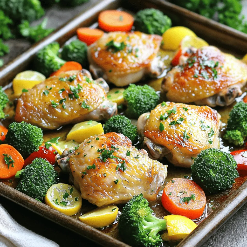 - 4 boneless, skinless chicken thighs - 2 cups broccoli florets - 1 red bell pepper, sliced - 1 cup baby carrots - 4 cloves garlic, minced - 1 lemon, juiced and zested - 3 tablespoons olive oil - 1 teaspoon dried oregano - 1 teaspoon paprika - Salt and pepper to taste - Fresh parsley, chopped (for garnish) - You can swap chicken thighs for chicken breasts. Breasts cook faster and are leaner. - For veggies, use zucchini, green beans, or asparagus. Mix and match for fun! - To make it gluten-free, ensure your seasoning has no gluten. For dairy-free, skip any cheese. - Fresh ingredients taste brighter and have more flavor. They also cook evenly. - Frozen can save time but may alter texture. Thaw them before cooking to help. - Adjust cooking time: frozen veggies often need a few extra minutes to cook through. - Preheating the oven First, set your oven to 400°F (200°C). This heat helps cook the chicken and veggies evenly. Preheating ensures that your dish cooks quickly and stays juicy. - Marinating the chicken Grab a large mixing bowl. Combine lemon juice, zest, minced garlic, olive oil, oregano, paprika, salt, and pepper. Stir until mixed. Add the chicken thighs. Make sure they are fully coated with the marinade. Let them sit for at least 15 minutes. For better flavor, marinate them in the fridge for up to 2 hours. - Assembling the chicken and veggies on the baking sheet Take a large baking sheet and arrange the marinated chicken thighs in the center. Surround them with broccoli florets, sliced red bell pepper, and baby carrots. Pour any leftover marinade over the veggies. Toss the vegetables gently to coat them well. - Baking time and temperature Place the baking sheet in your preheated oven. Bake for 25 to 30 minutes. The chicken should be golden brown, and the veggies tender. - Internal temperature for chicken To ensure the chicken is safe to eat, check its internal temperature. It should reach 165°F (75°C). Use a meat thermometer for accuracy. - Texture and tenderness for vegetables The veggies should be tender but not mushy. A fork easily pierces them when they are done. If they are still hard, bake for a few more minutes. This dish is not just simple; it bursts with flavor and is perfect for any meal. For the full recipe, refer to the section above. Enjoy your cooking! To boost the taste of your One-Pan Lemon Garlic Chicken and Veggies, try adding herbs and spices. Fresh herbs, like thyme or rosemary, can bring a lovely aroma. You can also add a pinch of red pepper flakes for heat. If you want to switch things up, consider alternative marinades. A mix of soy sauce, honey, and ginger can give a sweet and savory twist. Using the right baking sheet is key. A heavy-duty, rimmed baking sheet works best. It helps to cook the chicken evenly. For better results, I suggest checking your oven with an oven thermometer. This tool ensures your oven runs at the correct temperature. When it comes to sides, serve the chicken with rice or quinoa. They soak up the tasty juices well. You might also enjoy a fresh green salad on the side. For presentation, you can serve directly on the baking sheet for a rustic look or transfer to a large platter. Drizzle extra lemon juice on top for brightness. Adding lemon slices can make the dish pop with color. {{image_2}} You can easily adapt this recipe. Try using fish or tofu instead of chicken. Both options soak up the lemon garlic flavor well. For fish, use salmon or cod. For tofu, choose firm tofu and press it to remove excess moisture. You can also switch up the veggies based on the season. In spring, use asparagus and snap peas. In fall, try butternut squash and Brussels sprouts. Each change brings new tastes and textures. You can make this dish on the stovetop too. Heat a large skillet over medium-high heat. Sear the chicken thighs for 5-7 minutes on each side. Then add the veggies and cover to steam. This method gives you a nice char on the chicken. If you prefer a slow cooker, this dish works well too. Place the marinated chicken and veggies in the slow cooker. Cook on low for 6-8 hours or on high for 3-4 hours. The chicken will be tender and flavorful. For meal prep, pack the chicken and veggies in separate containers. This makes it easy to grab and go during the week. You can also serve this dish family-style. Transfer everything to a large platter. This presentation invites everyone to dig in. Drizzle with extra lemon juice for a fresh touch. You can add lemon slices for a pop of color. Each serving is not only tasty but also looks beautiful on the table. To keep your One-Pan Lemon Garlic Chicken and Veggies fresh, store leftovers in an airtight container. This helps avoid moisture loss and keeps flavors intact. Your dish stays fresh for about 3-4 days in the fridge. Always check for any off smells or changes in texture before eating. You can freeze this dish, but I recommend freezing the chicken and veggies separately. Cooked chicken freezes well for up to 4 months. Raw chicken can also freeze for up to a year. For freezing veggies, blanch them first to keep the color and texture. When ready to eat, thaw the dish overnight in the fridge. Reheat in the oven or on the stovetop until hot. Leftovers can lead to new meals! You can make chicken tacos by shredding the chicken and adding it to tortillas with your favorite toppings. Another idea is to toss the veggies and chicken into a salad for a fresh lunch. You can also use the remaining ingredients to create a stir-fry. Just add rice or noodles for a quick meal. Making this dish takes about 45 minutes in total. You will spend 15 minutes prepping. The cooking time in the oven is about 25 to 30 minutes. This simple timing makes it easy for busy nights. Yes, you can use boneless chicken breasts. However, the flavor and texture will change. Chicken thighs are juicier and more tender. They soak up the lemon and garlic flavor better. Breasts can dry out if cooked too long. If you prefer chicken breasts, check them after 20 minutes of baking. Many vegetables pair nicely with lemon garlic chicken. Here are some great options: - Zucchini - Asparagus - Green beans - Cauliflower - Sweet potatoes Feel free to mix and match based on what you like. You can also use frozen veggies if fresh ones are not available. Just adjust cooking times as needed. For the best flavor, aim for vibrant, fresh veggies. For the full recipe, check the [Full Recipe]. This blog post covered all you need for making One-Pan Lemon Garlic Chicken. We discussed key ingredients, swaps, and tips about fresh versus frozen foods. You learned step-by-step instructions, cooking methods, and storage tips for your leftovers. Remember, adding your favorite herbs can make the dish even better. Try out variations or alternative cooking methods to keep things fresh. This recipe is a great way to prepare meals quickly and tastefully. Enjoy your cooking while making it your own!