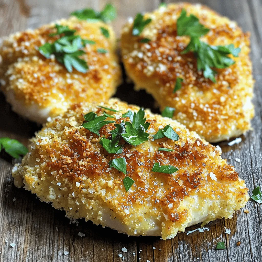 - Boneless, skinless chicken breasts - Grated Parmesan cheese - Breadcrumbs (panko preferred) - Garlic powder - Dried Italian herbs (oregano, basil, thyme) - Salt and pepper - Eggs - Dijon mustard - Olive oil - Fresh parsley for garnish When I make Parmesan crusted chicken, I start with the essential ingredients. The boneless, skinless chicken breasts are easy to work with. They cook evenly and stay juicy. Next, I grab some grated Parmesan cheese. This cheese gives the dish its rich flavor. Panko breadcrumbs add a great crunch to the coating. They create a crispy texture that I love. For seasoning, I always use garlic powder. It adds a nice kick. Dried Italian herbs like oregano, basil, and thyme bring warmth and depth. Salt and pepper are a must for flavor balance. I also use eggs and Dijon mustard for the coating. The eggs help the breadcrumbs stick. Dijon mustard adds a subtle tanginess that boosts the flavor. A little olive oil helps cook the chicken to golden perfection. Lastly, I always top it off with fresh parsley. It adds color and a fresh taste. These ingredients make Parmesan crusted chicken a simple yet tasty dish. For the complete recipe, check the [Full Recipe]. 1. First, preheat your oven to 400°F (200°C). 2. Line a baking dish with parchment paper or lightly grease it. 3. In a shallow bowl, whisk together two large eggs and one tablespoon of Dijon mustard. Mix until smooth. Set this aside for later. 1. In a separate bowl, combine one cup of grated Parmesan cheese, one cup of breadcrumbs, one teaspoon of garlic powder, one teaspoon of dried Italian herbs, and salt and pepper to taste. Mix well. 2. Take each boneless, skinless chicken breast. Dip it into the egg mixture first. Make sure it's fully coated. 3. Next, coat the chicken in the Parmesan breadcrumb mixture. Press gently to help it stick. 1. Heat a large skillet over medium heat and add 1/4 cup of olive oil. 2. Once the oil is hot, add the coated chicken breasts. Cook for about 3-4 minutes on each side until they turn golden brown. 3. After searing, transfer the chicken to the prepared baking dish. Bake in the oven for 15-20 minutes, or until the chicken reaches an internal temperature of 165°F (75°C). 4. When the chicken is done, take it out and let it rest for a few minutes. You can garnish it with fresh chopped parsley before serving. This recipe is simple and gives you a tasty meal. You can find the Full Recipe with all these steps outlined clearly. Enjoy your cooking! To get a crispy coating, press the breadcrumb mix firmly onto the chicken. This step helps it stick. If your chicken is thicker, adjust the cooking time. Thicker pieces need more time to cook through. Want to boost flavor? Add spices or herbs to the breadcrumb mix. Try paprika or fresh herbs for a twist. Marinating the chicken before cooking adds another layer of taste. Just a few hours in a simple marinade works wonders. For a beautiful dish, garnish with chopped parsley. It adds color and freshness. Serve your Parmesan crusted chicken with a side of roasted veggies or a light salad. These sides complement the chicken well and create a balanced meal. For the full recipe, check out the detailed instructions above. {{image_2}} To change the taste of Parmesan crusted chicken, try different flavors. A lemon garlic Parmesan crust adds a bright and fresh taste. Simply mix lemon zest and minced garlic into the breadcrumb mixture. This adds zing to every bite. For a spicy kick, add crushed red pepper or cayenne pepper to the breadcrumbs. This gives the chicken a warm heat that many enjoy. You can also mix in your favorite herbs for extra flavor, like rosemary or thyme. You can cook Parmesan crusted chicken in different ways for unique results. Using an air fryer makes it crispy and quick. Preheat the air fryer to 375°F (190°C). Cook the chicken for about 12-15 minutes, flipping halfway through. This method uses less oil and keeps the chicken juicy. Grilling is another great option. It adds a smoky flavor that enhances the dish. Preheat the grill and cook the chicken for about 6-8 minutes on each side. Check for doneness to ensure the chicken is safe to eat. If you need gluten-free options, you can use gluten-free breadcrumbs. Many brands offer tasty choices that work well in this dish. Just swap them in for regular breadcrumbs in the recipe. For a vegan version, replace the chicken with tofu or eggplant. Use a mixture of ground nuts or seeds for the coating. You can also use a vegan egg substitute for the binding. This way, everyone can enjoy a delicious meal! To keep your Parmesan crusted chicken fresh, store it in the fridge. Place the chicken in an airtight container. Make sure to let it cool first. Properly stored, it lasts up to three days. If you notice any strange smells or colors, it's best to toss it. Want to save some for later? You can freeze your cooked chicken. Wrap each piece tightly in plastic wrap, then place them in a freezer bag. When ready to eat, thaw it overnight in the fridge. To reheat, bake it in the oven at 350°F (175°C) until hot. This usually takes about 20-25 minutes. Use high-quality containers for the best results. Glass or BPA-free plastic containers work well. Make sure they seal tightly to keep air out. Label your containers with the date you stored the chicken. This helps you keep track of how long it's been in the fridge or freezer. Cooking Parmesan Crusted Chicken is quick and easy. It takes about 15 minutes to prep. Then, you will need 20 minutes to bake it. So, the total time is about 40 minutes. This makes it perfect for a weeknight dinner. Yes, you can use frozen chicken breasts. Just remember to thaw them first. You can do this in the fridge overnight or use the microwave for a quick thaw. Fresh chicken cooks faster and tastes better, but frozen works in a pinch. Some great side dishes to serve with this chicken are: - Mashed potatoes - Steamed broccoli - Garlic bread - A fresh green salad These sides complement the flavors well and create a balanced meal. Yes, you can make this recipe ahead of time. You can coat the chicken and store it in the fridge for a few hours. Just bake it when you're ready to eat. This way, you save time and enjoy a tasty meal without much fuss. Check out the Full Recipe for more details. This blog post covered all the key ingredients and steps for making Parmesan Crusted Chicken. You learned about the essential ingredients like chicken breasts, breadcrumbs, and spices. We provided clear, step-by-step instructions for preparing and cooking. Tips on achieving crispy coatings and variations let you customize the dish. Lastly, we shared proper storage advice and answered common questions. Embrace these tips to create a delicious meal that pleases everyone. Enjoy your cooking!