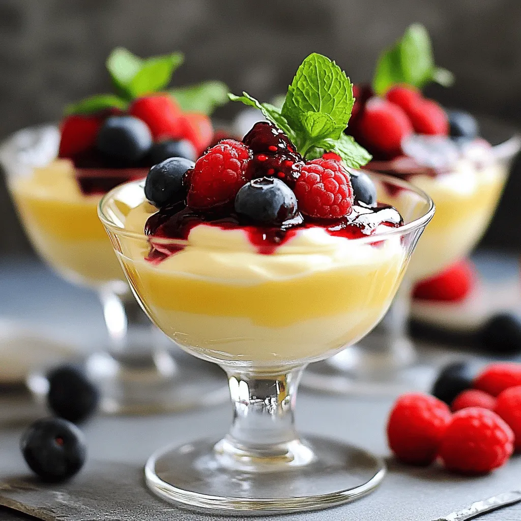 To make this vanilla mousse, you need the following: - 2 cups heavy cream - 1 cup whole milk - 1/2 cup granulated sugar - 2 teaspoons pure vanilla extract - 3 large egg whites - 1/4 teaspoon cream of tartar - A pinch of salt - Fresh berries and mint leaves for garnish (optional) - Heavy cream: This gives the mousse its rich and creamy texture. Use cold cream for best results. - Whole milk: It adds creaminess without being too heavy. Do not substitute with low-fat milk. - Granulated sugar: This sweetens the mousse. Avoid brown sugar, as it alters the flavor. - Pure vanilla extract: It enhances the vanilla flavor. Avoid imitation vanilla for a more authentic taste. - Egg whites: They provide the light, airy structure. Ensure they are at room temperature for better whipping. - Cream of tartar: This stabilizes the egg whites. You can skip it, but the texture may suffer. For the best flavor and texture, I recommend these brands: - Heavy Cream: Organic Valley or Land O'Lakes - Whole Milk: Horizon Organic or local dairy brands - Granulated Sugar: Domino or C&H - Pure Vanilla Extract: McCormick or Nielsen-Massey Using high-quality ingredients will make a big difference in your mousse. For a full recipe, check out the Dreamy Vanilla Cloud Mousse. 1. Start by gathering all your ingredients. You need heavy cream, whole milk, sugar, vanilla extract, egg whites, cream of tartar, and salt. This makes the process easier. 2. In a large mixing bowl, mix the heavy cream, whole milk, sugar, and vanilla extract. Use an electric mixer on medium-high speed. Whip until soft peaks form, which takes about 3-4 minutes. 3. Next, take a clean bowl for the egg whites. Add the egg whites and cream of tartar. Whip them until stiff peaks form, which takes around 5-6 minutes. 4. Now, it’s time to fold! Start by adding a scoop of the whipped cream to the egg whites. This step lightens the egg whites. Gently fold in the rest of the whipped cream in thirds. Be careful not to deflate the mixture. 5. After everything is combined, spoon the mousse mixture into serving glasses or bowls. This is where the fun begins! 6. Place the mousse in the refrigerator. Let it chill for at least 2 hours. For the best flavor and texture, chill it overnight. - Chill your tools: It helps if your mixing bowls and beaters are cold. This keeps the cream and egg whites from warming up too fast. - Use fresh eggs: Fresh eggs whip better. They create a fluffier mousse. - Don’t overwhip: Stop whipping once you see stiff peaks. Overwhipping can make the cream grainy. - Start slow: When folding, use a spatula to cut through the middle of the mixture. Then scoop from the bottom and fold over the top. - Turn the bowl: Rotate the bowl as you fold. This mixes everything evenly. - Be gentle: The goal is to keep the air in the mousse. So, avoid stirring too hard. This dreamy vanilla cloud mousse is a treat that makes any occasion special. Enjoy the process as you create this rich and creamy delight! For the complete recipe, refer to the full recipe section. To get that light, fluffy texture in your vanilla mousse, follow these steps: - Chill all tools: Start with cold mixing bowls and beaters. Cold helps the cream whip better. - Whip cream to soft peaks: Whip the heavy cream until it forms soft peaks. This keeps it airy. - Gently fold: When mixing whipped cream and egg whites, fold gently. Use a spatula and a folding motion to keep the air in. Avoid these common pitfalls to ensure your mousse turns out perfect: - Overmixing: Don’t mix the cream and egg whites too much. This will deflate your mousse. - Warm ingredients: Make sure your cream and milk are cold. Warm ingredients can lead to a runny mousse. - Skipping the chill time: Refrigerate your mousse for at least two hours. This helps it set properly. Serve your vanilla mousse cold for the best taste. Here are some storage tips: - Store in the fridge: Keep your mousse in the refrigerator if you have leftovers. It stays fresh and creamy. - Use airtight containers: Use a sealed container to prevent any odors from the fridge affecting the mousse. - Enjoy within a few days: For the best flavor and texture, eat the mousse within three days. For the complete recipe, refer to the Full Recipe section. {{image_2}} To add a twist to the classic vanilla mousse, you can make a chocolate vanilla mousse. Just mix in melted chocolate. Use about 4 ounces of dark chocolate. Melt it and let it cool slightly before adding it to the whipped cream. This gives a rich, sweet flavor. It pairs great with the vanilla. You can also enjoy a dairy-free or vegan version. Use coconut cream instead of heavy cream. Chill a can of coconut milk overnight and scoop out the cream. Beat it just like you would heavy cream. Replace the egg whites with aquafaba, the liquid from canned chickpeas. It whips up nicely and adds air. This way, you get a creamy mousse without dairy. You can infuse the mousse with fun flavors. For a citrus twist, add the zest of an orange or lemon. Mix it in with the cream. For a coffee flavor, stir in some espresso powder. Use about a tablespoon. Both options make the mousse unique and tasty. You can explore many flavor combinations to match your taste. For more ideas and tips, check out the Full Recipe. To keep your vanilla mousse fresh, store it in the fridge. Use airtight containers to avoid any smells from other foods. You can also cover the mousse with plastic wrap. Make sure it touches the surface of the mousse to keep air out. This helps to maintain its creamy texture and rich flavor. Vanilla mousse lasts about 3 to 4 days in the fridge. Check for any signs of spoilage, like off smells or changes in texture. If you want to store it longer, you can freeze the mousse. However, freezing can change its texture. To freeze, place the mousse in a freezer-safe container. It can last up to 2 months in the freezer. When you plan to enjoy it again, move it to the fridge to thaw overnight. You don’t need to reheat vanilla mousse. If it seems too firm after being in the fridge, give it a gentle stir. This can help restore its creamy feel. If it’s frozen, let it thaw completely in the fridge before serving. You can also top it with a little whipped cream to freshen it up. Enjoy the light and fluffy texture as if it was just made! For the full recipe, check out the complete guide above. Mousse is light and airy. It gets its fluffiness from whipped cream and egg whites. Panna cotta is smooth and creamy. It has a gel-like texture from gelatin. Both desserts are delicious but have different textures. Mousse feels light, while panna cotta feels rich and dense. You can serve mousse chilled or at room temp. Panna cotta should always be chilled. You can use whipped topping, but I do not recommend it. Whipped topping lacks the rich flavor of heavy cream. It also does not whip up as well. Heavy cream creates a better texture. If you want that airy feel, stick with heavy cream. The taste and texture will be worth it in the end. If your mousse is runny, check a few things. First, make sure you whipped the cream and egg whites well. They need to form stiff peaks. If they are too soft, the mousse will not hold. Next, ensure you folded the mixtures gently. Overmixing can deflate the air and cause runniness. If this happens, you can add a bit of gelatin to help it set. Just dissolve the gelatin in water and mix it in gently. Follow the Full Recipe for best results. To sum up, we covered all you need for a great vanilla mousse. You learned about key ingredients and their best brands. I shared step-by-step instructions and helpful tips for perfect texture. We explored variations, including dairy-free options and creative flavors. Lastly, I detailed storage methods and answered common questions. With this knowledge, you can create delicious mousse that impresses. Enjoy your cooking adventure and the tasty results!