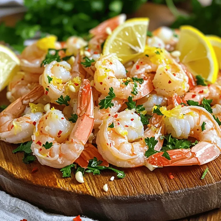 To make Zesty Lemon Garlic Shrimp, you will need: - 1 pound large shrimp, peeled and deveined - 4 cloves garlic, minced - 1/4 cup fresh lemon juice (about 2 lemons) - 1 teaspoon lemon zest - 1/4 cup olive oil - 1 teaspoon red pepper flakes (adjust to taste) - Salt and black pepper to taste - 2 tablespoons fresh parsley, chopped - Lemon wedges for serving For the best flavor, I suggest using high-quality brands. Here are my favorites: - Shrimp: Look for wild-caught shrimp for better taste and texture. - Olive Oil: Choose extra virgin olive oil for rich flavor. Brands like California Olive Ranch work well. - Garlic: Fresh garlic is best. If you need convenience, consider using garlic paste from brands like Gourmet Garden. - Lemon: Organic lemons can add extra zest and freshness. You can make this dish your own with a few swaps. Here are some ideas: - Shrimp: If you can't find shrimp, try scallops or firm white fish like cod. - Olive Oil: You can substitute with avocado oil for a different flavor. - Red Pepper Flakes: For less heat, use smoked paprika instead. - Parsley: Basil or cilantro can also add a fresh touch. Feel free to check out the Full Recipe for more details! Start by gathering your ingredients. You need fresh shrimp, garlic, lemon juice, lemon zest, olive oil, red pepper flakes, salt, pepper, and parsley. In a large mixing bowl, add the shrimp, minced garlic, lemon juice, lemon zest, olive oil, red pepper flakes, salt, and black pepper. Mix well until the shrimp is fully coated in the marinade. Cover the bowl with plastic wrap and let it sit in the fridge for 15 to 20 minutes. This step lets the shrimp soak up all the zesty flavors. Heat a large skillet over medium-high heat. Add the marinated shrimp along with all the marinade into the skillet. Cook the shrimp for about 2 to 3 minutes on each side. You want them to turn pink and look opaque. Be careful not to overcook them. They will become tough if cooked too long. Once done, remove the skillet from heat and sprinkle fresh parsley over the shrimp. Gently toss to combine everything. Serve your zesty lemon garlic shrimp right away. Arrange the shrimp on a colorful platter. Add some extra parsley and lemon wedges on the side. The lemon wedges give an extra burst of flavor. This dish pairs well with rice, pasta, or a fresh salad. For the full recipe, check the complete details above. Enjoy your tasty meal! To get the best shrimp, focus on timing. Cook shrimp for just 2-3 minutes on each side. They should turn pink and opaque. If you cook them too long, they become tough. Keep an eye on the color change. When they are ready, remove them from heat right away. To boost flavor, try adding fresh herbs. Fresh basil or cilantro can add a unique twist. You can also mix in some lemon zest for extra zing. If you like heat, increase red pepper flakes. A splash of white wine can deepen the taste too. Experiment with these ideas to find your favorite flavor blend. One common mistake is overcooking the shrimp. Always check them closely. Another error is not marinating long enough. Let the shrimp sit for at least 15 minutes in the marinade. This helps them soak up all the good flavors. Lastly, don’t skip the parsley garnish. It adds color and freshness to the dish. For the complete cooking details, check the Full Recipe. {{image_2}} If you want a kick, try adding more heat. Use extra red pepper flakes or a dash of hot sauce. You can also mix in fresh chopped jalapeños. This adds a nice crunch and spice. Adjust the heat to your taste. Serve it over rice or with crusty bread to soak up the sauce. This variation is a crowd-pleaser. Cook your favorite pasta while you make the shrimp. Toss the cooked pasta with the shrimp and sauce. Add a splash of pasta water for creaminess. Top with grated Parmesan cheese and fresh parsley. It’s a filling meal that feels special. Make tacos for a fun twist. Use small tortillas and fill them with shrimp. Add shredded cabbage for crunch and fresh avocado for creaminess. Squeeze extra lemon juice on top. These tacos are fresh, bright, and perfect for a quick meal. You can even serve them with a side of salsa for extra flavor. For the base recipe, check out the Full Recipe. Each variation keeps the bright lemon and garlic flavors, making them tasty and fun! I love to save leftovers from Zesty Lemon Garlic Shrimp. They taste great later. To store, put the shrimp in an airtight container. Make sure to seal it well. Place the container in the fridge. The shrimp will stay fresh for 2 to 3 days. If you have more than that, consider freezing. When you want to eat your leftovers, heat them gently. You can use a skillet or microwave. For the skillet, add a little oil and warm it over low heat. Stir until the shrimp is hot. If you use a microwave, cover the shrimp with a damp paper towel. Heat it in short bursts of 30 seconds. This keeps them moist and tasty. Freezing is a great option if you want to save shrimp for longer. Start by letting the shrimp cool completely. Then, place them in a freezer-safe container or bag. Remove as much air as you can. This helps prevent freezer burn. You can freeze Zesty Lemon Garlic Shrimp for up to 3 months. When you're ready to eat, thaw it in the fridge overnight. Reheat it using the methods above for the best results. To add spice, you can use red pepper flakes. Start with one teaspoon. You can add more if you like it hotter. You can also try fresh or dried chili peppers. Just chop them finely and add them to the mix. This will give the dish a nice kick. Yes, you can use frozen shrimp. Just make sure to thaw them first. Place them in a bowl of cold water for about 15 minutes. Once thawed, peel and devein them if needed. This way, they will cook evenly. Some great side dishes include: - Steamed rice - Quinoa - Garlic bread - A fresh salad - Roasted vegetables These sides will complement the shrimp well. They will soak up the zesty flavors. You can store leftovers in the fridge for up to two days. Keep them in an airtight container. To enjoy them later, reheat gently on the stove. This keeps the shrimp tender and tasty. You can prepare the marinade a day ahead. Just marinate the shrimp when you're ready to cook. This will save time and let the flavors mix well. You can serve the shrimp with lemon wedges. This adds a fresh burst of flavor. Pair it with a light white wine, like Sauvignon Blanc. It complements the zesty notes nicely. Yes, this dish is healthy. Shrimp is low in calories and high in protein. The olive oil provides healthy fats. The fresh herbs and lemon add vitamins and flavor. Absolutely! You can use scallops or fish instead of shrimp. Just adjust the cooking time based on the seafood you choose. Each option will bring its own unique taste to the dish. Shrimp is cooked when it turns pink and opaque. It should curl into a "C" shape. If it curls into an "O," it's overcooked. Keep an eye on them to ensure a perfect texture. In this blog post, we covered the key ingredients and brands for zesty lemon garlic shrimp. You learned how to prep, cook, and serve it perfectly. I shared tips to avoid common mistakes and enhance flavor. We explored tasty variations and discussed storage methods. Enjoying this dish can be fun and simple. Cooking shrimp well takes practice, but it's worth it. Try my recommendations, and you'll impress everyone at your table. Shift your cooking skills and enjoy every bite!