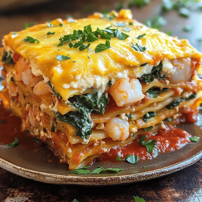 To make a wonderful seafood lasagna, you need to gather some key ingredients. Here's a detailed list: - Seafood Selection - 1 pound shrimp, peeled and deveined - 1 pound scallops, chopped - 1 cup lump crab meat - Cheese Variants - 2 cups ricotta cheese - 1 cup grated Parmesan cheese - 3 cups shredded mozzarella cheese - Noodle Type and Quantity - 9 lasagna noodles - Additional Flavor Components - 2 cups fresh spinach, chopped - 3 cups marinara sauce - 1 tablespoon olive oil - 3 cloves garlic, minced - 1 teaspoon dried oregano - 1 teaspoon dried basil - Salt and pepper to taste - Fresh parsley for garnish These ingredients blend well to create layers of flavor. The seafood selection gives your dish a fresh and rich taste. The mix of cheeses adds creaminess, while the noodles provide structure. Don't forget the spices and marinara sauce for extra depth. You can find the full recipe to guide you through the cooking process. 1. Cooking the Lasagna Noodles: Boil a large pot of salted water. Add 9 lasagna noodles. Cook them until al dente, about 8 to 10 minutes. Drain and lay them flat on a clean kitchen towel to cool. 2. Sautéing the Seafood and Spinach: In a skillet, heat 1 tablespoon of olive oil over medium heat. Add 3 minced garlic cloves and sauté until fragrant. Next, add 1 pound of shrimp and 1 pound of scallops. Cook for 3-4 minutes until they turn opaque. Fold in 1 cup of crab meat and 2 cups of chopped spinach. Cook until the spinach wilts. Season this mix with 1 teaspoon of dried oregano, 1 teaspoon of dried basil, salt, and pepper to taste. 3. Combining the Cheese Mixtures: In a mixing bowl, combine 2 cups of ricotta cheese, 1 cup of grated Parmesan cheese, and half of the 3 cups of shredded mozzarella cheese. Mix these well to create a creamy texture. 1. Initial Layering with Marinara: In a 9x13 inch baking dish, spread a thin layer of 3 cups of marinara sauce on the bottom. This will keep the noodles moist. 2. Assembling the Seafood and Cheese Layers: Begin with 3 lasagna noodles atop the marinara. Spread half of the ricotta mixture over these noodles. Next, add half of the seafood mix. Pour 1 cup of marinara sauce over the seafood. Repeat these layers, finishing with the last 3 noodles. 3. Final Layering and Cheese Topping: Spread the remaining marinara sauce over the final noodle layer. Top with the remaining mozzarella cheese. This creates a delicious, cheesy crust. 1. Preheating the Oven: Preheat your oven to 375°F (190°C). This ensures even cooking. 2. Covered vs. Uncovered Baking Times: Cover the dish with aluminum foil. Bake for 25 minutes. Then, remove the foil and bake for an additional 15 minutes. This helps the cheese become bubbly and golden. 3. Letting the Dish Rest Before Serving: Once baked, remove the dish from the oven. Let it rest for 10 minutes. This helps the layers set, making slicing easier. For the full recipe, refer to Ocean's Bounty Seafood Lasagna. When making seafood lasagna, fresh seafood is a must. Here are some tips: - Identifying Fresh Shrimp and Scallops: Look for shrimp that are firm and have a mild scent. They should be slightly translucent. Scallops should also smell sweet and look moist, not dry. Avoid any that smell strong or fishy. - Understanding Crab Meat Variants: You can find different types of crab meat. Lump crab is the best for lasagna. It has big pieces and offers great flavor. Imitation crab is cheaper but lacks the real taste. Always choose real crab for a richer dish. - Importance of Seasonal Ingredients: Fresh seafood tastes best in season. Wild-caught shrimp and scallops are often superior in flavor. Check local markets for what's in season. It can make your lasagna shine. Here are my best tips to ensure your seafood lasagna turns out perfect: - Avoiding Soggy Layers: Overcooked noodles can lead to soggy layers. Cook them just until al dente. Drain well and let them cool. This prevents excess water from making your dish watery. - Tips for Flavor Enhancement: Layering flavors is key. Use fresh herbs like basil and oregano. A splash of white wine in your seafood mix adds depth. Always taste your seafood filling before layering. - Ensuring Proper Cheese Melting: Use a mix of cheeses for great melting. Mozzarella is a must for gooeyness. Mixing in ricotta keeps it creamy. Sprinkle Parmesan on top for a nice crust. Cover the lasagna with foil first to help it melt evenly. For the full recipe, please refer to the earlier section. Enjoy making your seafood lasagna! {{image_2}} You can switch up the seafood mix in your lasagna. Using lobster or clams adds a touch of luxury. Their sweet flavors shine through, making each bite special. If you want a vegetarian option, try using mushrooms and zucchini. They give texture and flavor without seafood. For a smoky twist, add some smoked fish. It enhances the dish with a unique taste that pairs well with the cheese. If gluten is a concern, gluten-free lasagna noodles work great. They hold up well and taste fantastic. For those watching calories, use low-fat cheese or substitute with Greek yogurt. This keeps the lasagna creamy without extra fat. If you need dairy-free options, look for plant-based cheese. Almond or cashew cheese melts nicely and adds flavor. These swaps let anyone enjoy this seafood lasagna. For the Full Recipe, visit the recipe section. After you make your seafood lasagna, let it cool down. This helps keep it fresh. Place it in a shallow dish for quick cooling. Once it cools, cover it tightly with plastic wrap or foil. This keeps out air and moisture. Store it in the fridge. It will stay good for about three to four days. If you want to keep leftovers longer, freezing is the best option. Cut the lasagna into portions. Wrap each piece tightly in plastic wrap. Then, place them in a freezer-safe bag. This way, you can enjoy it later. It can last up to three months in the freezer. When you’re ready to eat, thaw it in the fridge overnight. For reheating, place it back in the oven. Preheat to 350°F (175°C). Bake for about 20-25 minutes until it’s hot and the cheese is melted. This keeps the texture nice and creamy. Enjoy your delicious creation again with the same great taste! Seafood lasagna stays fresh in the fridge for about three to four days. Store it in an airtight container to keep it safe. This way, you can enjoy leftovers without worry. Yes, you can make seafood lasagna ahead of time. Just prepare it and cover it tightly. Store it in the fridge for up to two days before baking. This lets the flavors blend nicely. Seafood lasagna goes well with light salads or steamed veggies. A fresh green salad adds crunch. Garlic bread also makes a great side. It helps soak up the sauce and adds a nice touch. You can lighten seafood lasagna by using low-fat cheese. You might also replace some noodles with zucchini slices. This adds veggies while cutting calories. Use less oil when sautéing seafood for a healthier dish. To boost your marinara sauce, try adding fresh herbs. Basil and parsley enhance the taste. A pinch of red pepper flakes adds heat. You could also sauté onions and bell peppers for depth. Check the [Full Recipe] for more tips! In this blog post, we explored how to make a delicious seafood lasagna. We covered key ingredients like fresh seafood, different cheeses, and noodle types. I shared step-by-step instructions, tips for perfecting your dish, and various ways to adapt the recipe. Remember to choose fresh seafood and avoid soggy layers for the best results. Enjoy experimenting with different flavors and variations. This dish is sure to impress everyone at your table. Happy cooking!