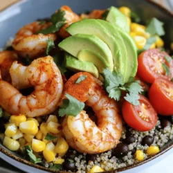 - 1 lb large shrimp, peeled and deveined - 2 tablespoons olive oil - 1 tablespoon chipotle powder - 1 teaspoon smoked paprika - 1 lime, juiced and zested - 1 teaspoon garlic powder - 1 teaspoon salt - 1 cup cooked quinoa - 1 cup black beans, drained and rinsed - 1 cup corn, frozen or fresh - 1 avocado, sliced - ½ cup cherry tomatoes, halved - Fresh cilantro for garnish When making a Chipotle Lime Shrimp Bowl, fresh ingredients shine. The shrimp brings a sweet and tender taste. The chipotle powder adds a smokey kick. Lime juice gives a bright, zesty burst. Quinoa serves as a hearty base, while black beans and corn add texture. Each bite is colorful and full of flavor. - Additional spices for extra flavor - Fresh lime wedges for serving - Greek yogurt or sour cream as a topping Optional ingredients can elevate your bowl. You can add fresh lime wedges for a tangy touch. A dollop of Greek yogurt or sour cream adds creaminess. Have fun with extra spices to match your taste. These additions let you make the dish your own. For the complete cooking steps, check the Full Recipe. To start, mix the marinade ingredients in a bowl. You need olive oil, chipotle powder, smoked paprika, lime juice, lime zest, garlic powder, and salt. Stir them well until they blend nicely. Next, add the shrimp to the bowl. Toss the shrimp in the marinade until they are well coated. Let the shrimp marinate for 15 minutes. This step adds great flavor. Now, heat a skillet over medium-high heat. Once hot, add the marinated shrimp to the skillet. Cook the shrimp for about 2-3 minutes per side. You want the shrimp to turn pink and opaque. This shows they are cooked well. Be careful not to overcook them, as this can make them tough. While the shrimp cooks, prepare the quinoa according to the package instructions. Once the quinoa is ready, set it aside. In serving bowls, layer the cooked quinoa, black beans, and corn as the base. Then, top each bowl with the cooked shrimp. Add sliced avocado and halved cherry tomatoes on top. Finally, garnish with fresh cilantro. This adds a burst of flavor and color to your dish. For all the details, you can check the Full Recipe. To make your shrimp juicy, avoid overcooking it. Cook shrimp for 2-3 minutes per side. When done, shrimp should be pink and opaque. This shows it is cooked perfectly. If it turns gray, it is overcooked. You can make this bowl your own. Add other veggies like bell peppers or spinach. These add color and nutrients. You can also swap quinoa for brown rice or cauliflower rice. This change can fit your taste or dietary needs. Want to boost the taste? Use fresh herbs like cilantro or parsley. You can also add spices like cumin or chili powder. These will give your bowl extra kick. Serve your bowl with lime wedges for added zest. A squeeze of lime can brighten up the dish and make it even more refreshing. {{image_2}} You can easily make this dish vegetarian. Just swap the shrimp for roasted vegetables or tofu. Roasted bell peppers, zucchini, and onions add great flavor. Tofu gives a nice texture and absorbs the marinade well. Bake the veggies or pan-fry the tofu until golden. This change keeps the bowl tasty and filling. If you love heat, try this spicy version. You can increase the amount of chipotle powder in the marinade. For a kick, add fresh jalapeños to the bowl. Slice them thin and mix them in with the shrimp. This twist makes your meal exciting and packed with flavor. For a low-carb option, use lettuce instead of quinoa. Butter lettuce or romaine works great. Just toss the shrimp, beans, and corn on top of the lettuce. This change cuts carbs while keeping the meal fresh and crunchy. You still get that great chipotle lime flavor without the extra carbs. For more details, you can find the Full Recipe linked above. To keep your Chipotle Lime Shrimp Bowl fresh, store leftovers in an airtight container. This helps lock in flavor and moisture. I recommend eating them within 2-3 days. After that, the shrimp may lose their texture and taste. If you want to freeze your meal, separate the components. Freeze the shrimp, quinoa, black beans, and corn in different bags. This way, they stay fresh longer. When you’re ready to enjoy, thaw them overnight in the fridge. To reheat, use a skillet over medium heat. This method helps keep the shrimp juicy and flavorful. Avoid using a microwave, as it may make the shrimp rubbery. Enjoy your meal anytime with these simple storage tips! You can serve this bowl with a fresh side salad. A simple green salad with lime dressing works well. You can also add crispy tortilla chips for crunch. For extra color, consider grilled veggies like zucchini or bell peppers. A side of guacamole adds a creamy touch that pairs nicely with the shrimp. Yes, you can prep some parts ahead. Cook the quinoa and let it cool. Store it in the fridge for up to four days. You can also marinate the shrimp a day before. Just keep it covered in the fridge. Assemble the bowl just before serving for the best taste and texture. You can use fresh or frozen shrimp. Fresh shrimp has a nice taste and texture. If you choose frozen shrimp, thaw it first. Look for shrimp that are large and raw, as they cook better. Always check for a clean smell and firm texture. This bowl is quite healthy! It is full of protein from shrimp and fiber from beans. The quinoa adds whole grains, which are great for your body. Each serving has about 400 calories, depending on toppings. You can easily adjust the recipe for your dietary needs. You can find the Full Recipe for detailed cooking instructions and tips. It includes all the steps to make this delicious meal at home. You can create a delicious Chipotle Lime Shrimp Bowl with simple steps. Start with fresh ingredients like shrimp, quinoa, and avocado. Marinate the shrimp, cook it perfectly, and layer your bowl with vibrant flavors. Customize it with extra veggies or spices to suit your taste. Storing leftovers is easy, making it great for meal prep. This dish is not just tasty but also healthy. Enjoy making and sharing this satisfying meal with others!