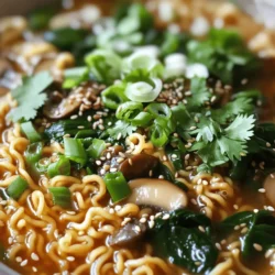 - Ramen noodles: 200g - Mushrooms: 250g shiitake & 100g enoki - Aromatics: garlic and ginger - Broth and seasonings: vegetable broth, soy sauce, miso paste, chili paste - Fresh greens and garnishes: baby spinach, green onions, toasted sesame seeds, cilantro When I make Asian mushroom ramen, I focus on fresh, vibrant ingredients. Ramen noodles are the heart of this dish. They soak up flavors and bring a satisfying chew. I prefer using 200g of ramen noodles for two to three servings. Mushrooms add depth and umami. I like to use 250g of shiitake mushrooms and 100g of enoki mushrooms. Shiitake offers a robust flavor, while enoki adds a nice crunch. Aromatics like garlic and ginger kick up the taste. I always use three cloves of minced garlic and a one-inch piece of grated ginger for that perfect zing. The broth is key to a great ramen. I choose four cups of vegetable broth, along with two tablespoons of soy sauce. For an extra boost, I add one tablespoon of miso paste and one teaspoon of chili paste. Adjust the chili paste based on your spice level. Fresh greens make the dish come alive. I add one cup of baby spinach, which wilts perfectly in the hot broth. For garnishing, I slice two green onions, sprinkle one tablespoon of toasted sesame seeds, and add fresh cilantro. With these ingredients, you will craft a bowl of flavorful comfort. For the full recipe, be sure to check out the detailed instructions. To cook the ramen noodles, start by boiling water in a large pot. Add a pinch of salt to the water. Once it boils, add 200g of ramen noodles. Cook them according to the package instructions, usually around 3-4 minutes. Drain the noodles in a colander and set them aside. To prevent sticking, toss them with a splash of sesame oil. This keeps them separate and adds a nice flavor. For the aromatics, heat 1 tablespoon of sesame oil in a large skillet over medium heat. Add 3 cloves of minced garlic and 1 inch of grated ginger. Sauté these for about 1 minute until they smell great. Make sure the heat is not too high, or the garlic will burn. Cooking at the right temperature helps keep the flavors bright and fresh. Now, it’s time to build your flavor! Increase the heat to medium-high. Add 250g of sliced shiitake mushrooms and 100g of trimmed enoki mushrooms to the skillet. Sauté them for about 5-7 minutes, stirring often, until they are tender and slightly caramelized. Pour in 4 cups of vegetable broth next. Bring it to a simmer and stir in 2 tablespoons of soy sauce, 1 tablespoon of miso paste, and 1 teaspoon of chili paste. Let everything cook for another 5 minutes so the flavors meld beautifully. Then, add the cooked ramen noodles and 1 cup of baby spinach to the broth. Stir gently until the spinach wilts, which should take about 2 minutes. Now you can serve! Ladle the soup into bowls and add sliced green onions, toasted sesame seeds, and fresh cilantro for garnish. Enjoy this flavorful comfort dish! For the complete details, refer to the Full Recipe. To make your Asian mushroom ramen noodles shine, focus on your broth first. A rich, flavorful broth can elevate your dish. Use high-quality vegetable broth. If you want extra depth, add miso paste. This gives a nice umami boost. You can also adjust ingredients based on your taste. Add more garlic or ginger for a bolder flavor. If you like heat, increase the chili paste. Perfect sautéing is key to great flavor. Start with medium heat when cooking garlic and ginger. This keeps them fragrant without burning. When adding mushrooms, raise the heat to medium-high. This helps them caramelize and release their natural flavors. To avoid mushy noodles, don’t overcook them. Follow the package instructions carefully. Rinse them with cold water after cooking to stop the cooking process. Garnishing makes your dish pop! After serving, sprinkle sliced green onions on top for color. Add toasted sesame seeds for crunch and a nutty flavor. Fresh cilantro adds a bright touch. For special occasions, serve in nice bowls. You can also add a lime wedge on the side for a zesty finish. This simple step can impress your guests and enhance the meal. Enjoy your flavorful comfort dish! If you want the complete recipe, check out the Full Recipe section. {{image_2}} You can easily add protein to your Asian mushroom ramen. Tofu is a great choice. It absorbs flavors well and adds texture. Simply cube it and sauté it with the mushrooms. For meat lovers, chicken works too. Use cooked, shredded chicken for quick prep. Shrimp is another tasty option. Just add it in the last few minutes of cooking. This way, it stays tender and juicy. To keep the dish vegan, skip the chicken or shrimp. You can replace them with extra mushrooms or tofu. Many veggies also fit well. Try adding bok choy or carrots for crunch. Zucchini or bell peppers can add color and flavor. Feel free to mix and match your favorite vegetables. This keeps your ramen fresh and exciting. You can control the spice level in your ramen. If you like it mild, reduce the chili paste. Start with half a teaspoon and adjust to taste. For those who love heat, add more chili paste or fresh chili slices. You can also use sriracha for a different kick. Just remember to taste as you go. This way, you create the perfect bowl for your palate. To store your Asian mushroom ramen noodles, follow these simple steps. First, let the dish cool down to room temperature. Then, place it in an airtight container. You can refrigerate it for up to three days. If you want to keep it longer, freeze it. In the freezer, it will last for about a month. Just be sure to separate the noodles from the broth to avoid mushy noodles later. When you're ready to enjoy leftovers, reheating properly is key. Use a saucepan over low heat for best results. Add a splash of water or broth to keep it moist. You can also microwave it, but cover it with a damp paper towel. This helps maintain moisture. Stir occasionally to heat evenly. This way, your flavors and texture will stay great, just like the first time you made it! Shiitake and enoki mushrooms shine in this dish. Shiitake mushrooms are rich and earthy, adding a deep flavor. They also have a meaty texture that enhances the broth. Enoki mushrooms offer a delicate crunch and mild taste, creating a nice contrast. You can also try oyster mushrooms for a buttery flavor. Each type brings its own unique taste, making your ramen even better. Yes, you can use different noodles. Soba noodles are a great choice. They have a nutty flavor that pairs well with the broth. Udon noodles are thicker and chewier, adding a nice bite. Rice noodles work too, especially for gluten-free options. Just cook them according to their package instructions and add them to the broth. Absolutely! You can use gluten-free ramen or rice noodles. Be sure to check the labels for gluten-free options. For the broth, use tamari instead of soy sauce. This provides the same salty flavor without the gluten. Miso paste can also be gluten-free, just verify the brand you choose. To boost umami, add a tablespoon of miso paste to the broth. It gives depth and richness. You can also toss in a few dried shiitake mushrooms while simmering. They will release more flavor into the broth. Adding a splash of soy sauce or a few drops of fish sauce will also enhance that savory taste. These tips will make your ramen even more delicious. For the full recipe, check out the detailed cooking instructions. In this guide, we explored the elements that make a delicious ramen dish. We covered key ingredients like noodles, mushrooms, and broth. You learned how to cook the noodles and sauté the aromatics for rich flavor. We also shared tips to enhance taste, serve beautifully, and store leftovers. Ramen is versatile and fun to customize. Whether you add protein or adjust spices, your dish will shine. Experiment with different ingredients to create your perfect bowl. Enjoy your ramen journey!