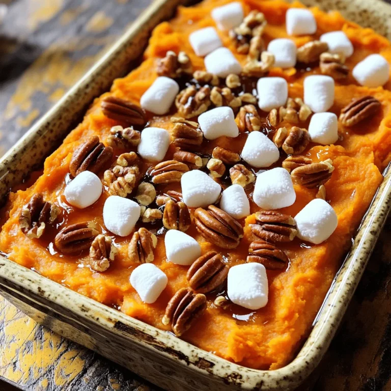 Sweet potatoes are the star of this dish. They give it a lovely, sweet flavor. For this recipe, you need four large sweet potatoes. Peel and cut them into cubes. This helps them cook evenly. Maple syrup adds a rich sweetness to the casserole. Use 1/3 cup of pure maple syrup for the best taste. You also need 1/4 cup of unsalted butter, melted. The butter gives a creamy texture. It helps blend all the flavors nicely. To spice things up, you will need a few simple ingredients. Add 2 teaspoons of vanilla extract for warmth. A little cinnamon (1/2 teaspoon) and nutmeg (1/4 teaspoon) will bring out the sweet potato's natural flavor. Don’t forget to add salt to taste; it balances the sweetness. If you want to get creative, consider some fun add-ins. I like to sprinkle 1 cup of roughly chopped pecans on top. They add a nice crunch. You can also add 1/2 cup of mini marshmallows if you like a sweeter touch. They’ll give your casserole a lovely, toasted finish. For the full recipe, you can check the detailed instructions. Start by peeling and cutting 4 large sweet potatoes into cubes. Boil them in salted water for 15 to 20 minutes. You want them fork-tender. Once cooked, drain and let them cool for a few minutes. In a big bowl, mash the sweet potatoes until they are smooth. Now, add 1/3 cup of maple syrup, 1/4 cup of melted unsalted butter, and 2 teaspoons of vanilla extract. Sprinkle in 1/2 teaspoon of cinnamon, 1/4 teaspoon of nutmeg, and some salt to taste. Mix everything well until the flavors blend. Spread the sweet potato mixture evenly in a greased casserole dish. In a small bowl, combine 1 cup of chopped pecans with 2 tablespoons of maple syrup. This adds sweetness. Sprinkle this mix over the sweet potatoes. If you like, add 1/2 cup of mini marshmallows on top for extra sweetness. Preheat your oven to 375°F (190°C). Bake the casserole for 25 to 30 minutes. You want it heated through and the marshmallows golden brown. Once done, take it out and let it cool for a few minutes before serving. Enjoy this delicious dish, perfect for any gathering! For more details, check the Full Recipe. When picking sweet potatoes, look for firm ones. They should feel heavy for their size. Avoid any with soft spots or blemishes. The skin should be smooth and tight. Choose medium to large potatoes for even cooking. Spices bring life to your casserole. Cinnamon and nutmeg are my favorites. They add warmth and depth, making your dish special. You can add a pinch of allspice or ginger for more zing. Just remember, a little goes a long way. Presentation matters! Serve your casserole warm in the dish. Garnish with extra pecans for crunch. A drizzle of maple syrup adds shine and sweetness. You can also sprinkle some chopped parsley for a pop of color. These small touches make your dish more inviting. For the full recipe, check out the details provided earlier. {{image_2}} To make a nut-free version, simply leave out the pecans. You can replace them with sunflower seeds or pumpkin seeds for crunch. These seeds add a nice texture without the nut allergens. For a vegan version, swap the butter with coconut oil or a vegan butter. Use maple syrup to sweeten your dish. Instead of mini marshmallows, look for vegan marshmallows, or skip them altogether. This keeps the dish rich and flavorful while meeting vegan needs. You can add cranberries or diced apples for extra flavor. These fruits add a sweet and tart note that pairs well with sweet potatoes. Adding a bit of orange zest can also brighten up the dish. Try mixing in spices like ginger for a warm kick. Each twist can take this casserole to a new level. For the full recipe, check the details above. Store your Maple Pecan Sweet Potato Casserole in an airtight container. Let it cool to room temp before sealing. This helps keep the flavors fresh. Place it in the fridge if you plan to eat it within a few days. It will last for about 3 to 5 days in the fridge. If you want to keep it longer, freezing is a great option. To reheat, take the casserole out of the fridge. Preheat your oven to 350°F (175°C). Cover the dish with aluminum foil to prevent it from drying out. Heat for about 20-25 minutes. Check if it's warm all the way through. If you want the top crispy, remove the foil for the last 5 minutes. You can also use a microwave for quick reheating, but the oven gives better results. To freeze, portion the casserole into smaller containers. This makes it easy to thaw only what you need. Wrap the containers tightly with plastic wrap, then aluminum foil. Label with the date and type of dish. You can freeze it for up to 3 months. When ready to eat, thaw overnight in the fridge. Reheat as described above. Enjoy your tasty dish! Yes, you can use canned sweet potatoes. They are soft and ready to use. Just drain them well before mashing. Canned sweet potatoes save time, but fresh ones offer better flavor. The casserole lasts about 3 to 5 days in the fridge. Store it in an airtight container. Make sure it cools down before putting it away. Reheat it gently to keep the texture nice. You can use other nuts like walnuts or almonds. If you prefer no nuts, try sunflower seeds. These options keep the crunch and taste great. Yes, you can prepare this dish ahead. Make the sweet potato mix and store it in the fridge. Just add the pecans before baking. You can bake it the next day for a warm treat. For the complete recipe, check the Full Recipe section above. It has all the steps you need to make this tasty dish! This article covered how to make a tasty Maple Pecan Sweet Potato Casserole. We looked at key ingredients like sweet potatoes, maple syrup, and spices. I also shared simple steps to prepare, mix, and bake your dish. Plus, I included tips on storage and fun variations. In the end, this casserole is easy to make and delicious for any gathering. Trust me, you’ll want to try it! You'll impress your guests and enjoy every bite.