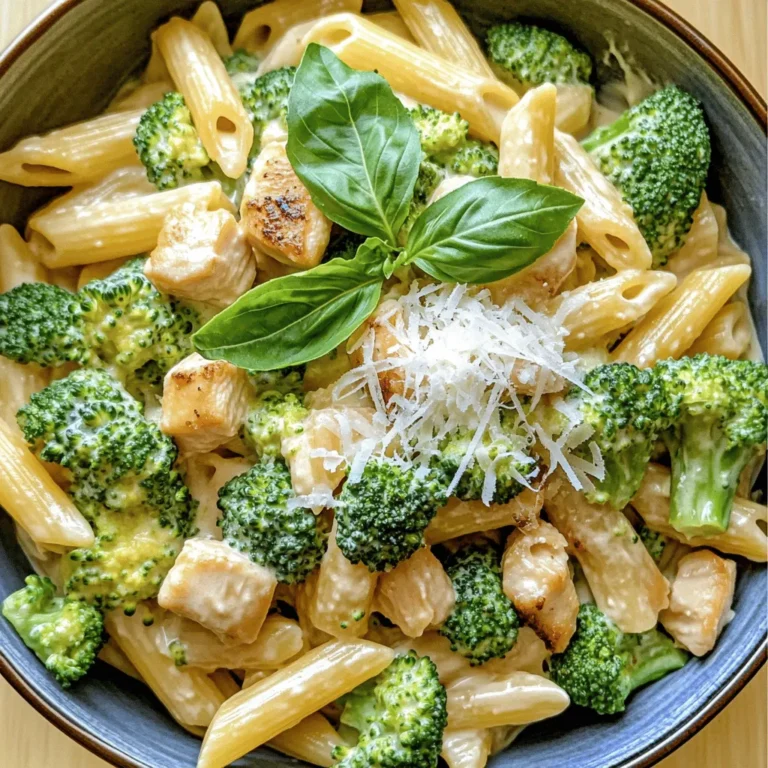 To make Creamy Broccoli Chicken Penne, you need some simple ingredients. This dish is a great mix of pasta, chicken, and broccoli. Each bite is creamy and full of flavor. Here’s what you will need: - 8 oz penne pasta - 2 cups broccoli florets - 1 pound boneless, skinless chicken breasts, cubed - 1 tablespoon olive oil - 3 cloves garlic, minced - 1 cup heavy cream - 1 cup grated Parmesan cheese - 1 teaspoon Italian seasoning - Salt and pepper to taste - Fresh basil leaves, for garnish You will need some key tools to make this dish. Start with a large pot for boiling the pasta. Use a large skillet to cook the chicken and make the sauce. A colander helps drain the pasta and broccoli. Finally, have a spatula handy for mixing everything together. These tools make the process easy and fun. Start by filling a large pot with water. Add a pinch of salt and bring it to a boil. Once the water is boiling, add the penne pasta. Cook it according to the package directions until it is al dente. In the last two minutes of cooking, add the broccoli florets to the pot. This way, they cook perfectly without getting mushy. Drain the pasta and broccoli together and set them aside. Next, grab a large skillet and heat it over medium heat. Add the olive oil and let it warm up. Once hot, toss in the cubed chicken breasts. Season the chicken with salt, pepper, and Italian seasoning. Cook the chicken for about 5 to 7 minutes. Stir it often until it turns golden brown and is fully cooked. Now, it’s time for the sauce. Add the minced garlic to the skillet and cook for one more minute. This brings out the garlic's great flavor, but be careful not to let it burn. Pour in the heavy cream and let it come to a gentle simmer. Stir in the grated Parmesan cheese until it melts and the sauce becomes smooth. Finally, add the cooked penne and broccoli to the skillet. Toss everything together gently. You want every piece coated in that creamy sauce. Taste it and adjust the seasoning as needed. Serve hot, garnished with fresh basil leaves for a lovely touch. For the complete dish, refer to the Full Recipe. To make the sauce super creamy, use heavy cream. It gives a rich texture. Heat the cream gently before adding cheese. This step helps it blend well. Stir in the grated Parmesan cheese slowly. It should melt smoothly into the cream. If the sauce is too thick, add a splash of pasta water. This will help loosen it while keeping the flavor. Cook the penne pasta until it’s al dente. This means it should be firm but not hard. Follow the package directions for the best result. Remember to add the broccoli for the last two minutes of cooking. This will keep the broccoli bright and crisp. Drain the pasta and broccoli together. This ensures they stay warm and ready for the sauce. Season your chicken well for great flavor. Use salt, pepper, and Italian seasoning. These spices complement the cream and cheese. Taste the sauce before serving. Adjust seasoning if needed. You can add a pinch of red pepper flakes for heat. Fresh basil adds a lovely touch, too. It enhances both taste and presentation. For more ideas, check the Full Recipe. {{image_2}} You can make this dish even better by adding more veggies. Try bell peppers, carrots, or spinach. They not only add color but also boost nutrition. Just chop them up and toss them into the pot with the broccoli. Cook them until tender. You can also use frozen vegetables, which save time. Just remember to adjust the cooking time as needed. If you want a different protein, swap the chicken for shrimp or turkey. Both options work great and add their own unique flavor. You can also try tofu for a vegetarian choice. Just make sure to cook it until golden brown for the best taste. Each protein will change the dish slightly but will still keep it creamy and delicious. For a gluten-free meal, use gluten-free penne pasta. There are many great options available today. You can also create a vegan version by using coconut cream instead of heavy cream. Replace the cheese with nutritional yeast for a cheesy flavor without dairy. You might find that this version has a light, fresh taste that’s just as satisfying. Feel free to experiment and make it your own! Store leftover creamy broccoli chicken penne in an airtight container. Keep it in the fridge for up to three days. Make sure to let it cool down before sealing. This helps keep the flavors fresh. To reheat, place the creamy broccoli chicken penne in a pot over low heat. Stir often to prevent sticking. You can add a splash of cream or water to help loosen the sauce. Heat until warm throughout. You can also microwave it. Use a microwave-safe bowl and heat in 30-second bursts, stirring in between. You can freeze creamy broccoli chicken penne for up to three months. Allow it to cool completely, then transfer to a freezer-safe container. Leave some space at the top, as it may expand. To thaw, move it to the fridge overnight. Reheat it on the stove or in the microwave. The sauce may separate slightly, so add a little cream or milk to help it come back together. Enjoy your delicious meal again later! For the full recipe, check the earlier section. Yes, you can use different pasta shapes. Fusilli or farfalle work well. They hold sauce nicely. Just keep an eye on the cooking time. Always cook pasta until it is al dente. This gives you the best texture. To spice it up, add red pepper flakes. Start with a pinch and taste. You can also add diced jalapeños for a fresh kick. If you want more heat, use spicy Italian sausage instead of chicken. Just cook the sausage until brown before adding garlic. This dish pairs well with a simple salad. A Caesar or garden salad adds freshness. Garlic bread is also a great choice. It complements the creamy sauce nicely. You can even serve it with grilled vegetables for more color and flavor. For a drink, try a light white wine or sparkling water. This recipe for Creamy Broccoli Chicken Penne is easy and fun. We covered every step, from gathering ingredients to cooking. You learned how to make a creamy sauce, perfect pasta, and more. I shared tips for great taste and texture. Plus, variations let you customize your dish. Remember, storage tips help you enjoy leftovers later. Whether you go spicy or try different pasta, the choice is yours. Happy cooking!
