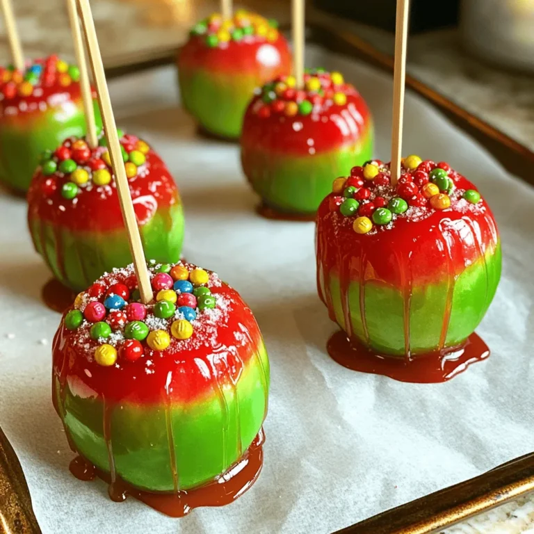 To make Jolly Rancher Candy Apples, you will need the following key ingredients: - 4 medium-sized apples (Granny Smith or Red Delicious) - 2 cups granulated sugar - 1/2 cup light corn syrup - 1/2 cup water - 1 cup Jolly Rancher candies (various flavors, unwrapped) - 1 teaspoon vanilla extract - Wooden sticks (for skewering) These ingredients give the apples a sweet and tangy flavor. The Jolly Ranchers add color and fun! You can also add a few optional ingredients to make your apples unique: - Food coloring (optional, matching the Jolly Rancher colors) - Nuts or sprinkles, for added texture - Chocolate drizzle, for a rich taste Feel free to mix and match these extras. They can enhance the look and flavor of your apples. Gather the right tools to make this treat. You will need: - Medium-sized saucepan - Candy thermometer - Parchment paper - Rolling pin or meat mallet (for crushing the Jolly Ranchers) - Ziplock bag (for crushing candies) Having these tools ready will help you prepare your Jolly Rancher Candy Apples smoothly. Check the [Full Recipe] for more details and tips! First, wash the apples well under cold water. This step helps remove wax and dirt. After washing, dry each apple completely with a clean towel. Next, take a wooden stick and push it into the top of each apple. Insert it about two-thirds of the way down. This stick will act as your handle. Set the apples aside on a baking sheet lined with parchment paper. To make the candy coating, grab a medium-sized saucepan. In it, mix the granulated sugar, corn syrup, and water. Place the saucepan over medium heat. Stir the mixture gently until the sugar dissolves completely. Once clear, turn the heat up to medium-high. Let it boil without stirring. You want it to reach the hard crack stage, which is 300°F or 150°C. This usually takes about 10 to 15 minutes. Keep an eye on it; it can burn quickly! While the sugar mixture heats, take your Jolly Ranchers. Unwrap them and place them in a ziplock bag. Use a rolling pin or meat mallet to crush them into smaller pieces. This makes it easier for them to stick to the candy apple. When your sugar mixture reaches the right temperature, remove it from the heat. Stir in the vanilla extract, and if you want, add food coloring to match the Jolly Rancher colors. Now, dip each apple into the hot candy mixture. Make sure to coat it evenly. Be very careful, as this mixture is extremely hot! After coating, sprinkle the crushed Jolly Ranchers over the sticky surface. Spin the apple to cover it fully and let any extra candy drip off. Finally, place the coated apple back on the parchment-lined sheet to cool. It will take about 10 to 15 minutes for the candy to harden. Enjoy your Jolly Rancher Candy Apples as a bright and tasty treat! You can find the full recipe to guide you through these steps. To get that shiny candy coating, you need a hot sugar mix. Heat sugar, corn syrup, and water in a pan. Stir gently until the sugar dissolves. After that, raise the heat. Let it boil until it reaches 300°F. This is called the hard crack stage. If you don’t have a thermometer, drop a small amount in cold water. If it forms a hard ball, it's ready! Crush your Jolly Ranchers before you dip the apples. Use a ziplock bag and a rolling pin for easy crushing. This helps the pieces stick better. While the candy coating is still hot, sprinkle the crushed Jolly Ranchers on the apples. Turn the apple around to cover all sides. This way, each bite will burst with flavor! Hot sugar can burn you, so be very careful. Use oven mitts when handling the pan. Always keep kids away from the hot mixture. If you spill any, let it cool before cleaning up. When dipping, hold the apple by the stick. This keeps your hands safe and lets you dip with ease. {{image_2}} You can make your Jolly Rancher Candy Apples even more fun by mixing different flavors. Try using watermelons with green apple for a sweet and tart taste. Cherry combined with grape gives a fruity burst that kids will love. Or mix blue raspberry with lemon for a cool twist. Each combination brings out a new taste, making every bite exciting! Feel free to get creative with toppings! After dipping your apples in the candy coating, you can sprinkle crushed nuts, sprinkles, or mini chocolate chips on top. You can also drizzle melted chocolate for a smooth finish. Try adding shredded coconut or colorful edible glitter to make them pop. These toppings add texture and fun to your candy apples! Presentation can make your candy apples even more special. Use colorful plates or rustic wooden boards to display them. You can tie ribbons around the sticks for a festive look. Arrange them in a tall glass or a basket filled with hay for a country fair vibe. Use clear bags to wrap them as gifts. These ideas will make your candy apples stand out at any party! For more detailed steps, check out the Full Recipe. To keep your Jolly Rancher Candy Apples fresh, store them in a cool, dry place. Use a container with a lid to avoid dust and moisture. If you can't find a container, wrap each apple in plastic wrap. This helps keep them from sticking together. Never store them in the fridge, as this can make the candy coating sweat. Jolly Rancher Candy Apples last about 3 to 5 days if stored properly. After this, the candy may lose its crunch. If you see any signs of melting or moisture, it’s best to toss them. Keeping an eye on their condition helps ensure you enjoy these treats at their best. If your candy apples lose some shine or get sticky, you can refresh them. Place them in a cool room for a few hours. This helps the candy harden again. If you need to reheat them, use a hairdryer on a low setting. Hold it at a distance to avoid melting the apple itself. This quick fix can make them look great again! For the full recipe, check out my instructions above. You can find pre-made Jolly Rancher candy apples at many local candy shops. Some grocery stores also sell them during holidays. Check online, too! Websites like Etsy often have sellers who make these treats. Compare prices to find your best deal. Yes, you can use different types of apples. Granny Smith apples work well for a tart flavor. Red Delicious apples give a sweet taste. You can even try Honeycrisp or Fuji apples for a mix of sweet and tart. Choose apples based on your taste. To prevent the candy from cracking, let the coated apples cool slowly. Avoid placing them in the fridge, as sudden temperature changes can cause cracking. Make sure the candy mixture reaches the right temperature without burning it. Also, coat them evenly for a smooth finish. For the full recipe and steps, check the detailed section on Jolly Rancher Candy Apples! Making Jolly Rancher Candy Apples involves simple steps and fun ingredients. You learned the essential and optional ingredients, plus tools needed. I provided easy instructions for preparing apples, making the candy coating, and coating the apples. I shared tips for the best candy coating and safety measures. You explored various flavor combinations and creative ideas for presentation. Finally, I covered storage practices to keep your treats fresh. Enjoy making these tasty treats, and let your creativity shine!