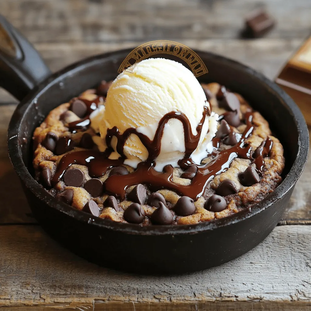 To make this chocolate chip cookie skillet, you need: - 1 cup unsalted butter, softened - 1 cup packed brown sugar - 1/2 cup granulated sugar - 1 teaspoon vanilla extract - 2 large eggs - 2 1/4 cups all-purpose flour - 1 teaspoon baking soda - 1/2 teaspoon salt - 1 1/2 cups semi-sweet chocolate chips - 1/2 cup chopped nuts (optional) These ingredients come together to create a warm and gooey treat. You can swap some ingredients if you have dietary needs or preferences: - Use coconut oil instead of butter for a dairy-free option. - Replace brown sugar with coconut sugar for a lower glycemic index. - Use gluten-free flour in place of all-purpose flour for a gluten-free version. - If you do not have eggs, try using 1/4 cup unsweetened applesauce per egg. - Dark chocolate chips can replace semi-sweet chips for a richer flavor. These substitutions can still give you a tasty dessert. For the best results, I recommend these brands: - Butter: Kerrygold for a rich, creamy flavor. - Chocolate Chips: Ghirardelli or Nestlé for quality and taste. - Flour: King Arthur Flour for consistent results. - Vanilla Extract: Nielsen-Massey for pure, real flavor. Choosing trusted brands can make your dessert even better. For the complete method, check the Full Recipe. 1. Preheat your oven to 350°F (175°C). Grease a 10-inch cast iron skillet. 2. In a large bowl, cream together 1 cup of softened butter, 1 cup of brown sugar, and 1/2 cup of granulated sugar. Mix until light and fluffy. 3. Add 1 teaspoon of vanilla extract and 2 large eggs to the butter mix. Stir well until everything is mixed. 4. In another bowl, whisk together 2 1/4 cups of all-purpose flour, 1 teaspoon of baking soda, and 1/2 teaspoon of salt. This is your dry mix. 5. Gradually add the dry mix to the wet mix. Stir until just combined. Do not overmix! 6. Fold in 1 1/2 cups of semi-sweet chocolate chips and 1/2 cup of chopped nuts, if you want. 7. Spoon the cookie dough into the prepared skillet. Spread it evenly to cover the bottom. 8. Bake in the preheated oven for 25-30 minutes. Look for golden edges and a soft center. 9. Remove the skillet from the oven and let it cool for a few minutes. 10. Serve warm, right from the skillet. Top with a scoop of vanilla ice cream and drizzle with chocolate sauce. Enjoy this delicious dessert with friends or family! For more details, check the Full Recipe. To get the best texture in your chocolate chip cookie skillet, focus on the butter. Use softened, unsalted butter. This helps create a creamy base. Make sure to cream it well with the sugars until it's light. This adds air to your dough, making it fluffy. Don't overmix after adding the flour. Mix just until combined. This keeps your cookie soft and chewy. Bake until the edges are golden but the center is still soft. This will create a nice contrast in textures. One common mistake is not measuring the flour correctly. Too much flour can make the cookie dry. Use a spoon to scoop the flour into your measuring cup. Don’t pack it down. Another mistake is baking too long. Every oven is different. Start checking your cookie skillet a few minutes early. If you see golden edges and a slightly soft center, it’s ready. Lastly, don’t skip the resting time. Letting it cool for a few minutes helps set the texture. Serve your chocolate chip cookie skillet warm for the best taste. Top it with a scoop of vanilla ice cream. The heat from the cookie melts the ice cream, creating a perfect blend. You can also drizzle some chocolate sauce over the top. Add chopped nuts for extra crunch if you like. For a fun twist, try adding fresh berries on the side. These add a burst of flavor and color to your plate. For the full recipe, check back to ensure you have all the details. {{image_2}} You can change the chocolate chips in your skillet cookie. Try dark chocolate for a rich taste. Milk chocolate offers a sweet, creamy flavor. You may even mix different types for a fun twist. White chocolate adds a nice contrast too. Each type will give your cookie a new look and taste. If you want to add nuts, there are many choices. Walnuts bring a nice crunch and flavor. Pecans add a buttery taste. If you prefer no nuts, skip them altogether. You could also use seeds like sunflower or pumpkin seeds. These give a similar crunch without the nutty flavor. Consider adding toppings for extra joy. Sprinkling sea salt on top can enhance the flavors. You might try adding caramel sauce for sweetness. A scoop of ice cream makes it a treat. For fun, mix in candy pieces like M&Ms or toffee bits. Each topping makes your cookie skillet even more special. You can find the full recipe to explore these variations. To keep your chocolate chip cookie skillet fresh, let it cool first. Once cool, cover the skillet tightly with plastic wrap or aluminum foil. You can also transfer leftovers to an airtight container. Store it at room temperature if you plan to eat it within two days. If you want to keep it longer, place it in the fridge for up to a week. When you are ready to enjoy your leftover cookie skillet, preheat your oven to 350°F (175°C). Place the skillet in the oven for about 10 minutes. This warms the cookie and helps it regain its soft texture. You can also use the microwave. Just heat a slice for about 20-30 seconds. Be careful not to overheat it, or it may become tough. If you want to save some cookie skillet for later, freezing is a great option. First, let the skillet cool completely. Then, cut the cookie into slices. Wrap each slice tightly in plastic wrap, then place them in a freezer-safe bag or container. You can freeze it for up to three months. When ready to eat, thaw in the fridge overnight and reheat as needed. Yes, you can prepare the cookie dough in advance. Mix it up and store it in the fridge for up to 24 hours. When you're ready to bake, just spread the dough in the skillet and bake as usual. This makes it easy to serve fresh, warm cookies right when you want them. Check the edges of the cookie. They should be golden brown. The center might look a bit soft, and that's okay. It will firm up as it cools. A toothpick inserted in the center should come out with a few moist crumbs. Yes, you can use any oven-safe skillet. A cast iron skillet works best for even cooking. If you don’t have one, a metal or ceramic skillet will also work. Just make sure it can handle the oven heat. This article explored the key ingredients, step-by-step instructions, and expert tips for making a cookie skillet. I shared ingredient substitutions and brand recommendations to help you enjoy the best flavor. You now know how to achieve the perfect texture and avoid common mistakes. With variations and storage info, you can customize your recipe and enjoy leftovers. Follow these guidelines to create a delightful treat that suits your taste. Enjoy baking your cookie skillet!