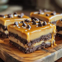 To make these salted caramel bars, gather these key ingredients: - 1 ½ cups all-purpose flour - ½ cup unsweetened cocoa powder - 1 cup unsalted butter, softened - ¾ cup white sugar - ½ cup brown sugar, packed - 1 teaspoon vanilla extract - 1 cup sweetened condensed milk - 1 cup caramel sauce (store-bought or homemade) - ½ teaspoon sea salt - ½ teaspoon baking soda - 1 cup chocolate chips (milk or dark, your choice) For those with dietary needs, you can substitute some ingredients. Use gluten-free flour if you want a gluten-free version. If you need dairy-free options, try vegan butter and almond milk instead of sweetened condensed milk. Quality matters in this recipe. Use good-quality caramel sauce for the best taste. I prefer dark chocolate chips for a richer flavor, but milk chocolate works well too. The sea salt should be flaky for a nice texture contrast with the sweet caramel. For the full recipe, check the details above. 1. Preheat your oven to 350°F (175°C). This step warms the oven, ensuring even baking. 2. Prepare your baking dish. Grease a 9x9 inch dish or line it with parchment paper. This makes it easy to lift the bars out later. 3. Mix dry ingredients. In a medium bowl, whisk together 1 ½ cups of flour, ½ cup of cocoa powder, and ½ teaspoon of baking soda. This helps combine them well. 4. Cream the butter and sugars. Take a large bowl and beat 1 cup of softened butter, ¾ cup of white sugar, and ½ cup of brown sugar. Beat until it’s light and fluffy, about 2-3 minutes. You’ll know it’s ready when it looks pale. 5. Add vanilla. Pour in 1 teaspoon of vanilla extract and mix well. This adds depth to your bars. 6. Combine the mixtures. Gradually add the dry mix into the wet mixture. Mix until just combined. Be careful not to over-mix. 7. Press the dough. Take half of the cookie dough and press it evenly into the bottom of your prepared dish. It should cover the bottom well. 8. Make the caramel layer. In another bowl, combine 1 cup of sweetened condensed milk with 1 cup of caramel sauce. Stir until smooth. This will be your creamy layer. 9. Pour the caramel. Carefully pour the caramel mixture over the pressed dough. Spread it evenly with a spatula. 10. Top with dough. Drop spoonfuls of the remaining cookie dough on top of the caramel. Let some caramel show through for a nice look. 11. Add chocolate chips and salt. Sprinkle 1 cup of chocolate chips and ½ teaspoon of sea salt over the top. This makes it extra tasty. 12. Bake the bars. Place the dish in the oven and bake for 25-30 minutes. Look for golden brown edges and a set center. 13. Cool before slicing. Once baked, remove the dish from the oven and let it cool completely. This step is important. If you slice too soon, the bars may fall apart. Enjoy the process and the sweet aroma filling your kitchen! For the complete recipe, check out the Full Recipe section. To find that sweet spot between sweet and salty, I suggest using sea salt. It enhances the flavor without overpowering the dessert. Start with half a teaspoon and adjust to your taste. Remember, you can always add more, but you can't take it away! For caramel sauce, you have two great options. You can buy a quality brand like Ghirardelli or make your own from scratch. If you choose homemade, use good butter and brown sugar for the best flavor. It will give you a rich, deep caramel that pairs well with the bars. When mixing and layering the ingredients, be sure to press the cookie dough firmly into the baking dish. This helps create a strong base. Spread your caramel mixture evenly over this layer. Drop spoonfuls of the remaining dough on top, allowing some caramel to peek through. This creates a nice texture and a beautiful look. Follow these tips, and you will have salted caramel bars that are both simple and sweet! For the full recipe, check the complete guide above. {{image_2}} You can easily change up this salted caramel bars recipe to fit different diets. To make vegan salted caramel bars, substitute the butter with coconut oil. Use a vegan chocolate chip brand for the topping. Replace sweetened condensed milk with a homemade version made from coconut milk and sugar. This keeps the bars creamy and delicious without dairy. If you need gluten-free options, swap the all-purpose flour for a gluten-free blend. Almond flour or oat flour can work well too. Just make sure the blend you choose has some binding agents like xanthan gum. For creative twists, try adding nuts like pecans or walnuts to the cookie layer. You can also switch up the chocolate. Use white chocolate or dark chocolate for a different taste. Each option gives the bars a unique flavor that you will love. These variations make it easy to enjoy salted caramel bars no matter your dietary needs. Check out the Full Recipe for the base version of these tasty treats! To keep your salted caramel bars fresh, store them in an airtight container. You can place them in the fridge for up to one week. The cool air helps the caramel stay firm and the bars taste great. If you prefer room temperature, keep them in a cool, dry spot. They will last about three days without refrigeration. If you want to save some for later, freezing is a great option. Cut the bars into squares and wrap each piece in plastic wrap. Place them in a freezer-safe bag or container. They can stay in the freezer for up to three months. When you want to enjoy them again, let the bars thaw in the fridge overnight. To maintain texture and flavor, avoid stacking the bars directly on top of each other. Use parchment paper between layers if you need to stack them. This keeps the caramel from sticking to each bar. Also, keep them away from strong odors in the fridge or freezer. Caramel can absorb flavors from other foods. Remember, these simple steps will help you enjoy your salted caramel bars at their best! Salted caramel bars can last up to one week. Store them in an airtight container. Keep them in the fridge for the best taste. They also freeze well for up to three months. Just thaw them in the fridge before eating. Yes, you can use store-bought caramel sauce. It saves time and still tastes great. Just make sure it’s a quality brand for the best flavor. Homemade sauce adds a special touch, but store-bought works well too. To cut caramel bars cleanly, use a sharp knife. Run the knife under hot water and dry it off before cutting. This helps the knife glide through the bars without pulling or tearing. Clean the knife between cuts for neat pieces. For the full recipe, check out the Salted Caramel Dream Bars . In this post, we covered the key ingredients for salted caramel bars, including substitutes for allergens. I shared clear steps for preparation and tips to get the balance right in flavor. Variations like vegan and gluten-free options allow everyone to enjoy these treats. We also discussed storage methods to keep them fresh. Remember, the right ingredients and proper storage make all the difference. Enjoy your baking!