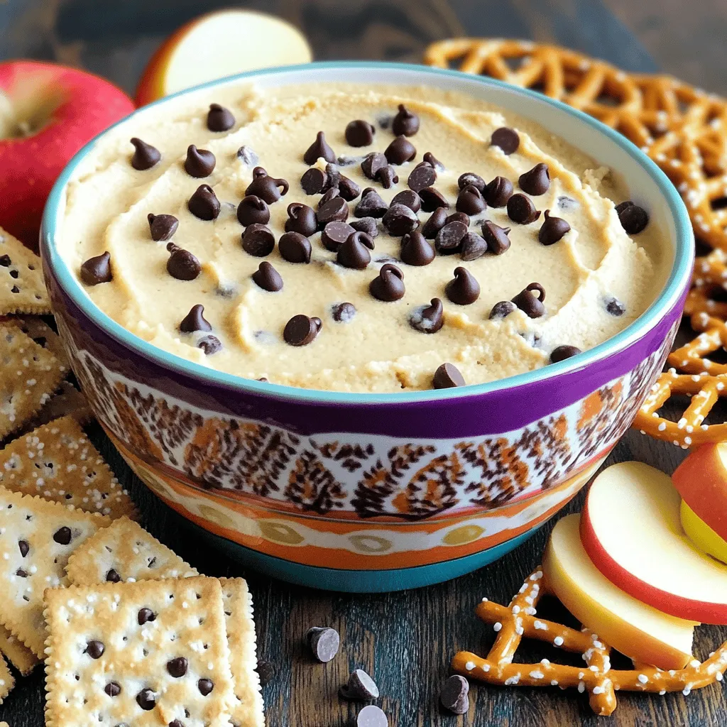 - 1 cup all-purpose flour (heat-treated) - 1/2 cup unsalted butter, softened - 1/4 cup brown sugar, packed - 1/4 cup granulated sugar - 2 tablespoons vanilla extract - 1/4 teaspoon salt - 1 cup mini chocolate chips - 1/2 cup cream cheese, softened - 1/4 cup powdered sugar - Assorted dippers (graham crackers, pretzels, apple slices) When making Chocolate Chip Cookie Dough Dip, it’s key to use heat-treated flour. This makes it safe to eat. You can heat-treat flour by baking it at 350°F for five minutes. This step helps kill any harmful bacteria. Use unsalted butter for better flavor control. Softened butter mixes well and gives a creamy texture. Cream cheese adds to the dip's richness. If you need a dairy-free option, use plant-based butter and cream cheese. For a sugar-free dip, try using sugar substitutes like stevia or erythritol. If you want a different flavor, swap mini chocolate chips for white chocolate or peanut butter chips. You can also mix in nuts or dried fruit for extra texture. To start, gather all your ingredients. Here’s what you need: - 1 cup all-purpose flour (heat-treated) - 1/2 cup unsalted butter, softened - 1/4 cup brown sugar, packed - 1/4 cup granulated sugar - 2 tablespoons vanilla extract - 1/4 teaspoon salt - 1 cup mini chocolate chips - 1/2 cup cream cheese, softened - 1/4 cup powdered sugar - Assorted dippers (graham crackers, pretzels, apple slices) Make sure your butter and cream cheese are at room temperature. This helps them mix well. Heat-treat the flour to kill any bacteria. To do this, spread it on a baking sheet and bake at 350°F for about 5 minutes. In a large mixing bowl, combine the softened butter, brown sugar, and granulated sugar. Mix until smooth and fluffy. You can use a hand mixer or a wooden spoon. Next, add in the softened cream cheese. Keep mixing until it blends nicely. Now, pour in the vanilla extract and salt. Mix again until everything is combined. Gradually add the heat-treated flour. Stir until it blends well with the mix. Lastly, fold in the mini chocolate chips. Make sure they spread evenly throughout the dip. Once your dip is mixed well, transfer it to a serving bowl. Cover it with plastic wrap or a lid. Place the bowl in the fridge for about 30 minutes. Chilling helps the dip firm up and enhances the flavors. After chilling, it’s ready to serve with your favorite dippers. Enjoy this decadent treat! For the full recipe, check out the provided link. To get a smooth texture in your dip, start with soft butter and cream cheese. They blend easily and make the dip creamy. Mix the butter and sugars well until fluffy. This step adds air and lightness. If your dip feels grainy, mix it more. Patience is key in making it smooth. You can change the flavor of the dip to match your taste. Try adding a pinch of cinnamon for warmth. You can also use almond extract instead of vanilla for a twist. For a fun touch, mix in peanut butter or even mint extract. Each small change can create a new flavor delight. Presentation makes your dip more fun. Serve it in a bright, colorful bowl. This adds excitement to your table. You can sprinkle extra mini chocolate chips on top for a nice look. Arrange assorted dippers like graham crackers, pretzels, and apple slices around the bowl. This way, everyone has a choice and it looks inviting. Check out the Full Recipe for more ideas! {{image_2}} You can easily make this dip gluten-free. Just swap the all-purpose flour for a gluten-free flour blend. Make sure the blend has a good texture for baking. This way, you can enjoy the same tasty dip without the gluten. For a healthier dip, use Greek yogurt instead of cream cheese. This choice lowers fat and adds protein. You can also cut the sugar by half or use a natural sweetener like honey or maple syrup. This gives you a lighter treat, while still being delicious. Add fun seasonal flavors to your dip. In fall, mix in pumpkin spice for a cozy taste. In summer, try adding crushed berries for a fruity twist. You can also stir in some peppermint extract during winter for a festive touch. Each season brings a new chance to enjoy this dip in a fresh way. To keep your chocolate chip cookie dough dip fresh, store it in an airtight container. This helps keep moisture out and flavors in. When you scoop out some dip, use a clean spoon. This avoids adding germs to the dip and keeps it safe to eat. Your dip lasts about 3 to 5 days in the fridge. After that, it may lose its taste and texture. Always check for any strange smells or changes in color before eating. If it looks or smells off, it is best to throw it away. You can freeze cookie dough dip if you want it to last longer. Place it in a freezer-safe container. Make sure to leave some space for it to expand. It can stay good for about 2 to 3 months in the freezer. When you're ready to enjoy it, thaw it in the fridge overnight. Stir it well before serving. Enjoy your dreamy treat anytime! For the full recipe, check out the detailed instructions above. No, you should not eat raw flour. Raw flour can carry harmful bacteria. To make it safe, heat-treat the flour. You can do this by spreading it on a baking sheet. Bake it at 350°F for about five minutes. This kills any germs. Once cooled, you can use it in your dip. You have many fun options for dippers! Here are some great ideas: - Graham crackers - Pretzels - Apple slices - Vanilla wafers - Strawberries Each of these pairs well with the sweet taste of the dip. You can mix and match to find your favorite combo. Making this dip vegan is easy! Here are some swaps: - Use coconut oil instead of butter. - Choose a vegan cream cheese. - Replace regular chocolate chips with dairy-free ones. - Use maple syrup instead of granulated sugar. These changes keep the flavor while making it vegan-friendly. Enjoy your delicious treat! For the full recipe, check the section above. This blog post covered everything you need for a delicious cookie dough dip. We explored the key ingredients, preparation steps, and even some tasty variations. You can customize flavors and make healthy swaps while ensuring a smooth texture. Storing it correctly helps you enjoy this treat longer. Remember, experimenting can lead to great flavors. Whether you serve it at a party or keep it for yourself, this dip is sure to delight. Enjoy your cooking adventure!