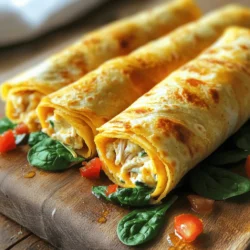 - 2 cups cooked chicken, shredded - 1 cup shredded mozzarella cheese - 1 cup grated cheddar cheese - 1/2 cup cream cheese, softened - 1/2 teaspoon garlic powder - 1/2 teaspoon paprika - 1/4 teaspoon black pepper - 4 large flour tortillas - 1 cup fresh spinach leaves - 1/2 cup diced tomatoes - 1/4 cup chopped fresh cilantro (optional) - Olive oil for brushing To make these cheesy chicken wraps, you need a mix of fresh and tasty ingredients. Start with cooked chicken. You can use leftover chicken or rotisserie chicken. Shredded chicken works best for easy mixing. Next, gather your cheeses. Mozzarella brings a nice stretch. Cheddar adds sharpness. Cream cheese ties it all together, making the filling creamy. Spices make the wraps pop. Garlic powder adds rich flavor. Paprika brings a hint of smokiness. Black pepper adds a mild kick. Don't forget the veggies! Fresh spinach adds crunch and color. Diced tomatoes give a juicy burst. If you like, add cilantro for a fresh finish. Finally, use large flour tortillas. They hold the filling well. Brush the wraps with olive oil before cooking. This helps them get crispy and golden. For the full recipe, check out the complete guide above. Enjoy your tasty wraps! To start, gather your ingredients. In a big bowl, mix the shredded chicken, mozzarella, cheddar, and cream cheese. Add garlic powder, paprika, and black pepper. Stir everything until it is smooth and creamy. This mixture is the heart of your wraps. It adds rich flavor and a cheesy texture that everyone loves. Next, lay out your flour tortillas flat on a clean surface. Take a good scoop of the cheesy chicken mix and spread it in the center of each tortilla. Make sure each wrap gets a nice amount. Now, add fresh spinach leaves and diced tomatoes on top. If you like, sprinkle some chopped cilantro. This adds a fresh taste that brightens the dish. Now, it's time to cook! Preheat a skillet over medium heat. Brush the outer sides of each wrap with olive oil. This helps them get golden and crispy. Place the wraps seam side down in the skillet. Cook for about 3-4 minutes on each side. Look for a nice golden color and melted cheese. Once done, let them cool for a minute. Then, slice them in half on a diagonal. Serve warm for the best taste. For more detailed steps, check the Full Recipe. To get that gooey cheese texture, use a mix of mozzarella and cheddar. Mozzarella melts well, while cheddar adds flavor. Spread the cheese evenly in the wrap. Cook the wraps on medium heat in a skillet. This heat helps the cheese melt without burning the tortilla. If needed, cover the skillet during cooking. This traps heat and helps the cheese melt faster. Start by laying your tortilla flat. Place the cheesy chicken mixture in the center, leaving space on the sides. This helps with folding. Fold the sides towards the center first. Then, roll from the bottom to the top. Make sure to roll tightly for a secure wrap. A tight wrap prevents the filling from spilling out when you cook it. Serve your wraps warm for the best taste. Pair them with salsa or guacamole for a dip. You can also add a side salad for a fresh crunch. For extra flair, sprinkle chopped cilantro on top. This makes the dish look colorful and inviting. If you want, serve them with a side of chips for some crunch. Enjoy the full recipe for more details on making these delicious wraps! {{image_2}} You can make your cheesy chicken wraps even better by adding veggies. Try bell peppers, onions, or zucchini. These add crunch and color. You can also add mushrooms for a nice earthy taste. Another option is to mix in some beans for protein. Just make sure to chop them small, so they fit well in the wrap. For a kick, use spicy chicken in your wraps. You can mix in hot sauce or cayenne pepper. Another choice is to use BBQ chicken. Just toss your cooked chicken in BBQ sauce before adding it to the wrap. This gives a sweet and smoky flavor. Both options add a fun twist to the classic dish. If you're watching carbs, try lettuce wraps instead of tortillas. Use large lettuce leaves to hold the filling. You can also use gluten-free tortillas. These options keep the tasty flavor without the carbs. Just make sure to check the labels for gluten-free choices. This way, everyone can enjoy cheesy chicken wraps! For the complete recipe, check out the [Full Recipe]. To keep your cheesy chicken wraps fresh, wrap them tightly in plastic wrap or foil. Place them in an airtight container. Store them in the fridge for up to three days. This way, they stay tasty and safe to eat. When you're ready to enjoy leftovers, heat them in a skillet over medium heat. This method keeps the wraps crispy. Cook each side for about three minutes until hot. You can also use the microwave. Just cover the wraps with a damp paper towel and heat for one minute. This helps keep the cheese creamy. If you want to save some wraps for later, freezing is a great option. Wrap each one in plastic wrap. Place them in a freezer bag and remove as much air as possible. They can stay frozen for up to three months. When you’re ready to eat, thaw in the fridge overnight. Then reheat in the skillet for the best flavor. Enjoy these cheesy chicken wraps anytime! To make creamy cheesy chicken wraps, start by mixing the chicken, mozzarella, cheddar, cream cheese, garlic powder, paprika, and black pepper in a bowl. Stir until the mix is smooth and creamy. Lay out large flour tortillas and spread the cheesy chicken mix in the center. Add fresh spinach and diced tomatoes. Fold the sides and roll tightly. Cook the wraps in a skillet for a crispy finish. Yes, you can use rotisserie chicken. It saves time and adds great flavor. Just shred the chicken and mix it with the cheese and spices. This shortcut makes the recipe quick and easy, perfect for busy nights. Salsa or guacamole pairs well with cheesy chicken wraps. Their fresh flavors balance the rich cheese. You can also try sour cream for a creamy touch. These dips add fun and flavor to your meal. For a full recipe, check out the complete details. You now know how to make tasty cheesy chicken wraps. We covered the key ingredients, from chicken to cheese and spices. You learned the step-by-step process for making and cooking them. We shared tips for melting cheese and wrapping them right. Options for making these wraps different help you stay creative. Lastly, we discussed how to store and reheat leftovers. Enjoy making this easy and fun meal!