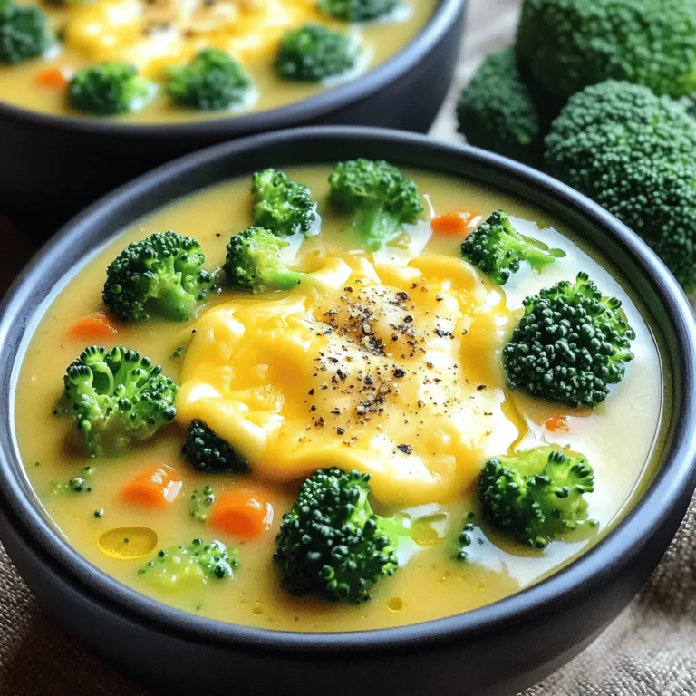 Slow Cooker Broccoli Cheese Bliss 🥦 - 4 cups broccoli florets - 1 cup carrots, diced - 1 cup celery, diced - 1 small onion, chopped - 3 cloves garlic, minced - 4 cups vegetable broth - 1 cup heavy cream - 2 cups shredded sharp cheddar cheese - 1 tablespoon Dijon mustard - 1 teaspoon paprika - Salt and pepper to taste - 2 tablespoons olive oil Broccoli is the star of this soup. It gives a bright, fresh taste. The carrots add a touch of sweetness. They also add color and nutrients. Celery brings a nice crunch and depth. Onion and garlic provide a solid base of flavor. They make everything taste better. The vegetable broth is key for a rich liquid. It blends well with the cream and cheese. The heavy cream makes the soup smooth and rich. Sharp cheddar cheese adds a bold taste that melts beautifully. Finally, Dijon mustard and paprika give a hint of spice and tang. You can add a pinch of nutmeg for warmth. A splash of lemon juice brightens the soup. If you like heat, try adding red pepper flakes. For extra creaminess, use cream cheese or a dollop of sour cream at the end. Even a handful of fresh herbs like parsley or chives can elevate the dish. Feel free to mix and match these optional ingredients to suit your taste. Start by gathering your veggies. You need broccoli, carrots, celery, onion, and garlic. Chop the onion, celery, and carrots into small pieces. Heat olive oil in a large skillet. Sauté the chopped onion, celery, and carrots for about five minutes. You want them soft. Then, add minced garlic and cook for one more minute. Once the veggies are soft, move them to the slow cooker. Add the broccoli florets next. Pour in the vegetable broth to cover the veggies. Stir in Dijon mustard, paprika, salt, and pepper for flavor. Cover the slow cooker. Cook on low for four to six hours or high for two to three hours. The broccoli should be tender when it’s done. After cooking, it’s time to blend. Use an immersion blender to puree the soup until smooth. If you like it chunkier, blend it less. Next, add the heavy cream and shredded cheddar cheese. Stir until the cheese melts and the soup is creamy. Taste it and adjust the seasoning with salt and pepper if needed. Let the soup cook on low for another twenty minutes. This helps all the flavors mix well. Now you're ready to enjoy your savory slow cooker broccoli cheese soup! For more details, check the Full Recipe. To make this soup shine, focus on the vegetables. Start by sautéing the onions, carrots, and celery. This step brings out their natural sweetness. Cook them until they are soft, about five minutes. When you add garlic, you’ll get a rich aroma that makes the soup special. Blending the soup creates a smooth texture. If you like chunks, blend only half. This gives you both smooth and hearty bites. Your taste buds should guide your seasoning. If you want more zing, add a bit of lemon juice. A dash of hot sauce can bring some heat. If you love herbs, toss in thyme or rosemary for a fresh taste. Don’t forget to taste the soup as it cooks. Adjust salt and pepper to make it just right. Making a big batch is smart. This soup freezes well! Let the soup cool completely before you store it. Use airtight containers to keep it fresh. When you're ready to eat, thaw it in the fridge overnight. Reheat it on the stove over low heat. Stir it often to keep it smooth. For the best taste, add a little fresh cheese when serving. You can find the full recipe here: [Full Recipe]. {{image_2}} You can make this soup lighter with some easy swaps. Instead of heavy cream, use low-fat milk or almond milk. This keeps the soup creamy but cuts calories. You can also use less cheese. Try one cup of cheese instead of two. This change still gives you great flavor without all the fat. Want to add some protein? Try adding cooked chicken or turkey. Shredded rotisserie chicken works well. If you prefer beans, add white beans for an extra boost. You can also toss in more veggies. Try spinach, peas, or corn for extra color and taste. Just make sure to adjust the cooking time for any new veggies. The cheese you choose can change the soup’s flavor. While sharp cheddar is classic, feel free to experiment. Try gouda for a smoky kick or pepper jack for some heat. If you're looking for a vegan option, use nutritional yeast. It gives a cheesy taste without dairy. You can mix cheeses for a unique blend too! After making your soup, let it cool first. Pour it into airtight containers. This helps keep the soup fresh. Store the containers in your fridge. It stays good for about 3-5 days. Always check for any signs of spoilage before eating. If you want to save some for later, freezing is great. Let the soup cool completely. Use freezer-safe containers or bags. Leave some space at the top for expansion. You can freeze it for up to 3 months. When you're ready to eat, thaw it in the fridge overnight. Reheating soup is simple. You can do it on the stove or in the microwave. For the stove, pour the soup into a pot. Heat it over medium heat, stirring often. In the microwave, use a microwave-safe bowl. Heat on high for 1-2 minutes, stirring halfway through. Always check the temperature before eating. This soup is best served warm. You can store this soup in the fridge for about 3-4 days. Make sure to keep it in an airtight container. If you want to keep it longer, freeze it. It can last up to 3 months in the freezer. Just thaw it in the fridge before reheating. Yes, you can use frozen broccoli. It saves time and is still tasty. Just add it straight to the slow cooker. There’s no need to thaw it first. The soup will still turn out creamy and delicious. This soup pairs well with crusty bread or a fresh salad. You can also enjoy it with grilled cheese sandwiches. For a heartier meal, add a protein like chicken or ham. Each option brings out the flavors of the soup and makes it more filling. This blog post dives into making delicious Slow Cooker Broccoli Cheese Soup. You learned about key ingredients, steps for preparation, and some helpful tips. Each section provided practical advice to enhance flavor and texture. Remember, you can make it your own with healthy swaps or extra veggies. Proper storage ensures this soup stays fresh and tasty. With these insights, you can enjoy a warm and creamy bowl any time. Happy cooking!