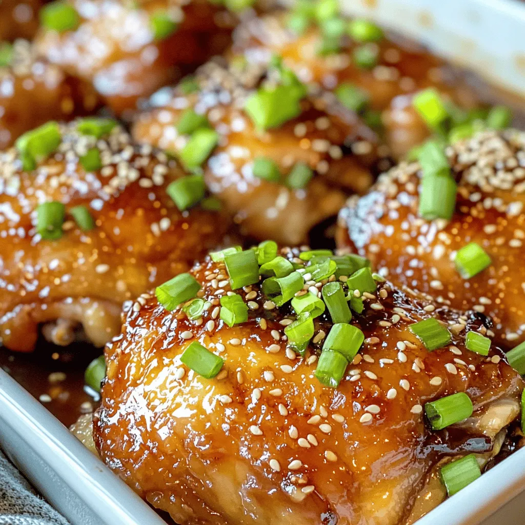 - 4 chicken thighs, skin-on and bone-in - 2 tablespoons soy sauce - 2 tablespoons brown sugar - 1 tablespoon honey - 1 tablespoon ketchup - 1 tablespoon rice vinegar - 1 teaspoon fresh ginger, grated - 2 cloves garlic, minced - 1/2 teaspoon black pepper - 1/2 teaspoon paprika - 1/4 teaspoon cayenne pepper (optional, for heat) - 1 green onion, chopped (for garnish) - Sesame seeds (for garnish) - Each serving has about 300 calories. - The macronutrient breakdown includes protein, carbs, and fats. - Ingredients like ginger and garlic support health and add flavor. Baked Huli Huli Chicken brings a taste of Hawaii to your table. With just a few simple ingredients, you can create a dish that’s both sweet and savory. The chicken thighs stay juicy and tender thanks to their skin, while the marinade adds depth. This recipe is easy to follow and perfect for any home cook. For the full recipe, check out the details above. To start, gather your ingredients. In a medium bowl, whisk together: - 2 tablespoons soy sauce - 2 tablespoons brown sugar - 1 tablespoon honey - 1 tablespoon ketchup - 1 tablespoon rice vinegar - 1 teaspoon fresh ginger, grated - 2 cloves garlic, minced - 1/2 teaspoon black pepper - 1/2 teaspoon paprika - 1/4 teaspoon cayenne pepper (optional) Mix until everything blends well. The marinade gives the chicken its sweet and tangy flavor. Marinating is key. It helps the chicken soak up all those tasty flavors. Aim for at least 30 minutes but two hours is even better. Place your chicken thighs in a large resealable bag or a shallow dish. Pour the marinade over the chicken. Make sure each piece is well coated. Seal the bag or cover the dish tightly. Refrigerate it. This step is important because it helps the chicken absorb all the flavors. For best results, marinate for 30 minutes to two hours. This gives the chicken time to soak up the goodness. Don’t rush this step; it makes a big difference. Now, let’s bake! Preheat your oven to 375°F (190°C). While it heats, take the marinated chicken out of the fridge. Arrange the chicken thighs skin-side up in a baking dish. Pour any leftover marinade over the chicken. Bake in the preheated oven for about 35 to 40 minutes. You want the chicken to reach an internal temperature of 165°F (75°C). For a crispier skin, broil the chicken on high for the last 2-3 minutes. Keep a close eye on it to avoid burning. Following these steps will help you create a delicious Baked Huli Huli Chicken. For the complete recipe, check the Full Recipe. To make sure your chicken is juicy, follow these tips: - Use bone-in thighs: They cook evenly and stay moist. - Don’t skip the marinade: It adds flavor and moisture. - Let it rest: After baking, let the chicken rest for a few minutes. For crispy skin, do this: - Bake skin-side up: This helps the skin crisp up nicely. - Broil at the end: Broil for 2-3 minutes, but watch closely. Avoid over-marinating your chicken. If you leave it too long, the texture can change. Aim for 30 minutes to 2 hours. Don’t underestimate your bake time. Always check the internal temperature. The chicken should reach 165°F (75°C). Pair your Baked Huli Huli Chicken with: - Steamed rice - Grilled vegetables - A fresh green salad For drinks, I recommend: - Sweet iced tea - Pineapple juice Make your plate pop with color! Use green onions and sesame seeds as a garnish. This not only tastes good but looks great too. {{image_2}} You can easily switch up some ingredients in this recipe. If you want a different sweet taste, try using agave or maple syrup instead of brown sugar. Both options add a nice touch. You can also use chicken breast instead of thighs. Just remember, breasts cook faster, so check them early. To make your dish even better, think about adding tropical fruits. Pineapple chunks can give a sweet and tangy twist to your chicken. You can also spice things up by adding a pinch of cayenne pepper. This will give you some heat without being too overpowering. If you need gluten-free options, use tamari instead of soy sauce. This keeps the rich flavor intact while being safe for gluten-free diets. For those watching their sugar intake, you can reduce the amount of honey or choose a low-sugar sweetener. These easy swaps let everyone enjoy this baked Huli Huli chicken. For the full recipe, check the earlier section! To store leftovers, place the chicken in an airtight container. This keeps it fresh. Make sure to cool it down to room temperature first. In the fridge, Baked Huli Huli Chicken lasts up to four days. Always check for any signs of spoilage before eating. You can freeze Baked Huli Huli Chicken for later use. First, wrap each piece in plastic wrap. Then, place the wrapped chicken in a freezer bag. This helps prevent freezer burn. It can last up to three months in the freezer. For defrosting, place it in the fridge overnight. This keeps the chicken safe and tasty. To reheat without drying out the chicken, use the oven. Preheat it to 350°F (175°C). Place the chicken in a baking dish, and cover it with foil. Heat for about 20 minutes. Check if it's warmed through. For quicker reheating, use the microwave. Heat on medium power for 2 to 3 minutes, checking often. This way, your chicken stays juicy and delicious. You should marinate the chicken for at least 30 minutes. This gives the chicken time to soak up the flavors. If you have more time, try marinating for up to 2 hours. The longer you marinate, the tastier it gets! Yes, you can use chicken breast. However, chicken thighs have more fat, which adds flavor. Chicken breasts will cook faster than thighs. Check the internal temperature. It should reach 165°F (75°C) to be safe to eat. This chicken pairs well with many sides. Here are some great options: - Steamed rice - Grilled vegetables - Pineapple slices - Coleslaw - A fresh garden salad These sides balance the sweet and savory flavors of the chicken. Enjoy your meal! You now have a clear understanding of making Baked Huli Huli Chicken. We covered the key ingredients, step-by-step instructions, and tips to succeed. You can adapt this recipe based on your taste or dietary needs. Remember to focus on marinating time for the best flavor. Enjoy your dish with great sides and share it with friends. Cooking should be fun, so let your creativity shine. This dish will impress and satisfy at any meal.