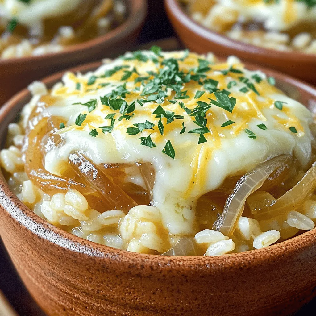 For this dish, gather these key items: - 1 cup Arborio rice - 4 large onions, thinly sliced - 4 cups vegetable broth - 2 tablespoons olive oil - 1 tablespoon butter - 2 cloves garlic, minced - 1 teaspoon fresh thyme leaves - Salt and pepper to taste - 1 cup shredded Gruyère cheese - 1/4 cup freshly chopped parsley (for garnish) These ingredients create the base of your French onion soup rice. The onions add sweetness, while the broth brings depth. Arborio rice gives it a creamy texture. You can add a few extras to boost the taste: - A splash of white wine for acidity - A pinch of cayenne pepper for heat - Fresh herbs like rosemary or basil - Croutons for crunch These ingredients enhance the dish. Each one adds a new layer of flavor, making your meal even more special. While Arborio rice works best, you can try other types: - Carnaroli rice for a creamier finish - Jasmine rice for a fragrant touch - Basmati rice for a lighter texture As for cheese, Gruyère is a classic choice. However, consider these options: - Emmental for a milder flavor - Mozzarella for stretchiness - Aged cheddar for a sharp kick Choosing the right rice and cheese can make your dish shine. Use what you have or what you love for a personal touch in this recipe. For the complete steps, check the Full Recipe. To start, heat two tablespoons of olive oil and one tablespoon of butter in a large pot. Use medium heat for this step. Once the oil is hot, add four large, thinly sliced onions. Stir often to avoid burning. Cook them for about 20-25 minutes. You want them to turn deep golden brown. This makes them sweet and rich in flavor. Near the end of cooking, add two cloves of minced garlic and one teaspoon of fresh thyme leaves. Sauté this mix for an extra 1-2 minutes. The smell will be amazing! Now that your onions are ready, it’s time to add the rice. Stir in one cup of Arborio rice with the onions. Cook it for 2-3 minutes. This helps the rice soak up all those great flavors. Next, add four cups of vegetable broth. Do this one cup at a time. Stir often and let the rice absorb most of the liquid before adding more. This takes about 18-20 minutes. The rice should end up creamy and just a bit firm to the bite. Once the rice is cooked, it’s time to bring it all together. Season the dish with salt and pepper to taste. Next, stir in half of the shredded Gruyère cheese. This adds creaminess and flavor. Remove the pot from heat, and let it sit for a couple of minutes. Serve it in bowls, topping each serving with the rest of the cheese. Don’t forget to sprinkle some freshly chopped parsley on top for a nice finish! For the complete guide, check the Full Recipe. To make the best French onion soup rice, start with your onions. Use large, sweet onions like Vidalia. Slice them thinly for even cooking. Heat your pot over medium heat and add olive oil and butter. This mix adds flavor. Stir the onions often to prevent burning. Cook them slowly for about 20 to 25 minutes. They should turn a lovely golden brown. If they stick, add a splash of broth to loosen them. Be patient; this step is key! For creamy rice, use Arborio rice. This rice has high starch, making it perfect for risotto. After adding the rice to the onions, toast it for a few minutes. This helps lock in flavors. When adding the broth, do it one cup at a time. Stir often and let the rice absorb the liquid each time. This process takes about 18 to 20 minutes. Your rice should be creamy but still have a little bite to it, known as al dente. Serve your French onion soup rice in warm bowls. For the best look, top each bowl with shredded Gruyère cheese. This cheese melts beautifully and adds rich flavor. Sprinkle fresh parsley on top for color and freshness. You can also serve it with crusty bread on the side. This adds texture and makes the meal more filling. Enjoy this dish hot; it is comforting and delicious! {{image_2}} You can boost the flavor of your French onion soup rice by adding proteins. Chicken or sausage pairs well with the rich onion taste. For chicken, use cooked, shredded pieces. Stir them in just before serving. For sausage, slice it thin and cook it with the onions. It adds a nice depth to the dish. To make a vegetarian or vegan version, replace the butter with more olive oil. Use vegetable broth instead of chicken broth. You can also add more veggies like mushrooms or spinach. These changes keep the dish flavorful while sticking to plant-based options. Gruyère cheese is traditional, but you can try other cheeses too. Mozzarella adds a nice melt, while cheddar gives a sharp taste. If you're vegan, look for nut-based cheese. This keeps the creamy texture without dairy. Experiment and find what you love best! After enjoying your French Onion Soup Rice, store leftovers in an airtight container. Make sure to let it cool down before sealing it. This helps keep the flavors fresh. You can keep it in the fridge for up to three days. If you want to save it longer, consider freezing it. To reheat your rice, use a saucepan over low heat. Add a splash of vegetable broth or water to help it stay moist. Stir it often to prevent sticking. You can also microwave it in a microwave-safe dish. Cover it with a damp paper towel to keep moisture in. Heat for one to two minutes, checking to make sure it heats evenly. If you freeze your French Onion Soup Rice, it can last up to three months. Use a freezer-safe container or a heavy-duty bag. When you’re ready to eat it, move it to the fridge for a night to thaw. Then, reheat it as mentioned before. This method keeps the flavor and texture close to the original dish. Yes, you can use other rice types. Long-grain rice or jasmine rice works well. These types give a different texture but can still taste great. Arborio rice is the best choice for creaminess, though. It absorbs flavors well and adds a nice richness. Cooking the rice takes about 18-20 minutes. You should stir it often. This helps the rice absorb the broth fully. Check the rice for doneness; it should be creamy and slightly firm. If it needs more time, cook it a bit longer. Yes, you can make French Onion Soup Rice ahead of time. Cook it fully and let it cool. Store it in an airtight container in the fridge. When you're ready to eat, reheat it on the stove or in the microwave. Add a splash of broth to keep it creamy. - How do I store leftovers? Keep leftovers in a sealed container in the fridge for up to 3 days. - Can I freeze this dish? Yes, but the texture may change slightly. Freeze in an airtight container for up to a month. - What can I serve with this dish? Pair it with a fresh salad or crusty bread for a complete meal. - Can I add veggies? Absolutely! Mushrooms or spinach can add flavor and nutrition. Just sauté them with the onions. This blog post covered how to make French Onion Soup Rice. We looked at the main ingredients, tips for cooking, and tasty variations. You learned how to caramelize onions and achieve the perfect rice texture. I shared tricks for serving and storing leftovers. Now, you can create your own version of this dish. Experiment with ingredients. Enjoy the rich flavors and textures. This meal is sure to impress friends and family. Happy cooking!