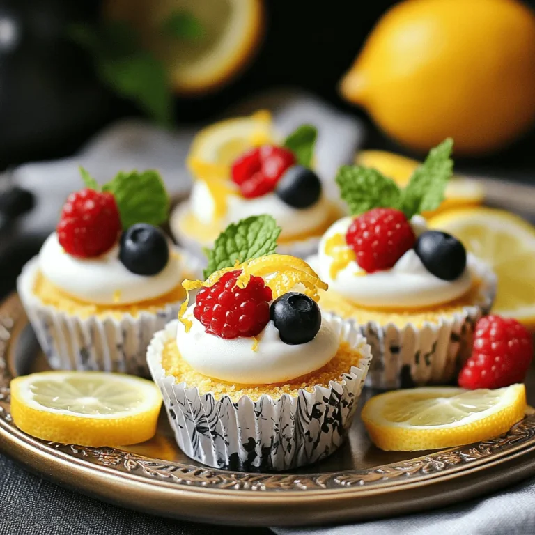 To make these no-bake mini lemon cheesecakes, gather the following items: - 1 cup graham cracker crumbs - 1/4 cup unsalted butter, melted - 2 tablespoons sugar - 8 oz cream cheese, softened - 1/2 cup powdered sugar - 1/2 cup heavy cream - 1/4 cup fresh lemon juice - Zest of 1 lemon - 1 teaspoon vanilla extract - Fresh berries (for garnish, optional) If you need to make swaps, here are some ideas: - Use gluten-free graham crackers for a gluten-free crust. - Replace cream cheese with a dairy-free alternative for a vegan version. - Substitute heavy cream with coconut cream for a lighter option. Always check for allergens. Use caution if you have any food sensitivities. You will need a few tools to make this recipe: - A medium mixing bowl - A large mixing bowl - An electric mixer - Mini cheesecake cups or a muffin tin lined with cupcake liners - A spatula for mixing and scraping - A refrigerator for chilling These tools help make the process smooth and fun! For the full recipe, check the link. Start by gathering your materials. You need graham cracker crumbs, melted butter, and sugar. In a medium bowl, mix the crumbs, butter, and sugar. Stir until it looks crumbly. This is your crust base. Now, take mini cheesecake cups or a muffin tin lined with cupcake liners. Press the crumb mixture firmly into the bottom of each cup. Make sure the crust is even. This step helps hold the filling well. Now, let’s make the filling! You’ll need softened cream cheese, powdered sugar, heavy cream, fresh lemon juice, lemon zest, and vanilla extract. In a large bowl, beat the cream cheese with an electric mixer. Mix until it’s smooth and creamy. Gradually add the powdered sugar while mixing. Next, add the heavy cream, lemon juice, lemon zest, and vanilla extract. Beat again until it’s well-blended. This mixture should be fluffy and light. Spoon the cheesecake filling into each crust-lined cup. Fill them about three-quarters full. Tap the cups gently on the counter. This helps remove any air bubbles. Once filled, place the mini cheesecakes in the fridge. Chill them for at least four hours or until they set. When they’re ready, you can garnish them with fresh berries and a sprinkle of lemon zest. Enjoy your delightful mini lemon cheesecakes! For the full recipe, check out the details above. To get a smooth and creamy texture, start with softened cream cheese. Cold cream cheese makes lumps. Use an electric mixer to blend it well. Mix until it’s fluffy and free of lumps. When you add the heavy cream, beat it until soft peaks form. This step adds lightness to your cheesecake. Don’t overmix after adding lemon juice or zest. This keeps the texture perfect. One common mistake is not chilling long enough. If you skip this step, the cheesecakes won’t hold their shape. Another mistake is using too much liquid. Measure lemon juice carefully to avoid a runny filling. Also, don’t skip pressing the crust firmly. A loose crust can crumble when you serve. Lastly, avoid using cold ingredients. They must be at room temperature to mix well. Serve these mini cheesecakes cold for the best taste. Top each one with fresh berries for color and flavor. You can use strawberries, blueberries, or raspberries. Adding extra lemon zest gives a nice touch. A sprig of mint can brighten the plate. For a fun twist, drizzle some honey or a fruit sauce on top. It adds sweetness and makes them look fancy. For the full recipe, check out the main article. {{image_2}} You can easily change the flavor of these mini cheesecakes. Instead of lemon, try lime or orange juice. You can also use other fruits like strawberries or blueberries. Just replace the lemon juice in the recipe with the fruit juice of your choice. For a fun twist, add some zest from these fruits too. This gives the cheesecakes a fresh taste and bright color. If you want to make these cheesecakes gluten-free, swap the graham cracker crumbs for gluten-free crumbs. You can find these at most grocery stores. Use the same amount as in the recipe. The taste remains the same, and you can enjoy this dessert without worry. Just make sure all other ingredients are gluten-free as well. To create a vegan version, use vegan cream cheese and coconut cream instead of heavy cream. You can also use maple syrup or agave for sweetness instead of powdered sugar. For the crust, use oats or almond flour mixed with coconut oil. This version is just as creamy and delicious. Every bite will be full of flavor, and it’s a great way to share with everyone. For the full recipe, check out the details above. To keep your no-bake mini lemon cheesecakes fresh, place them in an airtight container. Make sure to cover them well. You can use plastic wrap or a lid. Store them in the fridge for best results. This way, they stay cool and tasty for later. You can freeze these mini cheesecakes for up to three months. First, wrap each cheesecake in plastic wrap. Then, place them in a freezer bag. Make sure to remove as much air as possible. When you’re ready to enjoy, let them thaw in the fridge overnight before serving. These cheesecakes last about five days in the fridge. You can enjoy them cold or let them sit for a few minutes at room temperature. If they are frozen, remember to eat them within three months for the best taste. For the full recipe, refer back to the recipe section. Yes, you can! While graham cracker crumbs are classic, try using crushed cookies like Oreos or shortbread. You could even use nut-based crusts for a gluten-free option. Each crust brings a unique flavor and texture, so feel free to experiment! These mini cheesecakes need to chill for at least 4 hours. This time helps them set properly. If you can wait longer, chilling them overnight gives better texture. Just be sure to cover them to keep them fresh. Absolutely! These mini cheesecakes are perfect for making ahead. You can prepare them a day or two in advance. Just store them in the fridge, covered well. This way, you have a sweet treat ready to impress your guests! For the complete recipe, check the Full Recipe section above. You now have all you need to make mini cheesecakes. We covered the key ingredients, the equipment, and how to prepare each step clearly. I shared helpful tips for great texture and common mistakes to avoid. Plus, I included tasty variations and storage advice. Mini cheesecakes are fun to make and easy to enjoy. Try your new skills today!