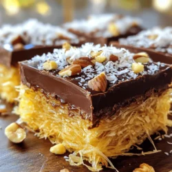 To make Chocolate Kataifi Bars, you need the following main ingredients: - 200g kataifi (shredded phyllo dough) - 100g unsalted butter, melted - 150g dark chocolate, chopped - 100g condensed milk - 50g chopped nuts (walnuts or pistachios) - 1 teaspoon vanilla extract - A pinch of salt These ingredients work together to create a rich and crunchy treat. The kataifi dough gives a unique texture, while the chocolate filling adds sweetness. You can add some tasty toppings to enhance the bars: - 50g shredded coconut (optional for topping) Shredded coconut adds a nice chewiness and extra flavor. You can skip it if you prefer a simpler taste. Gather these kitchen tools for an easy cooking experience: - A large mixing bowl - A square baking pan (8x8 inches) - A spatula for mixing - A microwave-safe bowl for melting chocolate - A knife for cutting the bars These tools make the process smooth and enjoyable. Preparing your workspace helps you stay organized while making these delicious bars. Start by preheating your oven to 180°C (350°F). Grease an 8x8-inch baking pan. You can also use parchment paper for easy removal later. Next, take a large bowl. Add 200g of kataifi and pour in 100g of melted unsalted butter. Mix well until the kataifi is coated. Press half of this mixture evenly into the bottom of the pan. This forms your base layer. In another bowl, place 150g of chopped dark chocolate. Microwave it in 30-second bursts. Stir after each burst until it melts. Then, mix in 100g of condensed milk, 1 teaspoon of vanilla extract, and a pinch of salt. Stir until it is smooth. Fold in 50g of chopped nuts. Pour the chocolate mixture over the kataifi base in the pan. Spread it out evenly. Top with the remaining kataifi mixture, pressing it down gently. If you like, sprinkle 50g of shredded coconut on top. Bake for about 25 minutes. The top should be golden brown and the chocolate set. Once done, cool for 15 minutes before cutting into bars. Enjoy your delicious creation! For the full recipe, check out the details above. To get the right texture for your Chocolate Kataifi Bars, keep a few things in mind. First, make sure the kataifi is fully coated with melted butter. This helps it crisp up nicely. Next, press the layers down firmly but not too hard. You want them to hold together without losing air. Lastly, watch the baking time. Bake until the top turns golden brown for the best crunch. Avoid these common mistakes to ensure your bars turn out great. One big mistake is not melting the chocolate enough. Be patient, and check it often in the microwave. Another mistake is overmixing the chocolate filling. Mix just until smooth. Also, don’t skip the salt! A pinch of salt brings out the chocolate's flavor. Lastly, let the bars cool before cutting. This helps them set properly. Serve your Chocolate Kataifi Bars warm or at room temperature. They pair well with a scoop of vanilla ice cream. You can also sprinkle some extra chopped nuts on top for a fun crunch. For a special touch, drizzle melted chocolate over each bar. These bars make a great dessert for parties or just a cozy night in. For the full recipe, check the earlier section! {{image_2}} You can change the taste of your chocolate filling by using flavored chocolate. Look for options like orange, mint, or raspberry. These flavors add a fun twist. Just melt and mix them as you would with dark chocolate. I love how these flavors play with the kataifi! Nuts add crunch and flavor. While walnuts and pistachios are great, you can try others. Almonds, hazelnuts, or even peanuts work well. Each nut gives a unique taste and texture. Chop them finely and mix them into the chocolate for a surprise in every bite. Want to make your bars even more exciting? Add toppings! Crushed cookies, pretzels, or seeds can provide that extra crunch. You can also sprinkle more nuts or coconut on top before baking. Each topping brings its own flavor and makes the bars more fun to eat. Explore these ideas and make the recipe your own! For the full recipe, check the earlier section. To keep your Chocolate Kataifi Bars fresh, store them in an airtight container. Place parchment paper between layers to prevent sticking. You can keep them at room temperature for up to three days. If your kitchen is warm, place them in the fridge. Cold bars may taste even better! To reheat, simply place the bars in the microwave. Heat them for about 10-15 seconds. This warms them without making them too soft. You can also reheat them in the oven. Set your oven to 150°C (300°F) and bake for 5-10 minutes. This method keeps the texture crispy. To freeze your Chocolate Kataifi Bars, wrap them tightly in plastic wrap. Then, place them in a freezer bag or container. They can last up to three months in the freezer. When you're ready to enjoy, let them thaw in the fridge overnight. You can reheat them afterward for the best taste. Kataifi comes from the Middle East and Greece. It is a type of shredded pastry. People often use it in sweet and savory dishes. The name "kataifi" means "to wrap" in Arabic. This pastry is similar to other phyllo dough but is thinner and more delicate. It is perfect for layering with fillings like nuts and chocolate. Yes, you can use various chocolates in this recipe. Dark chocolate gives a rich taste. Milk chocolate makes it sweeter and creamier. White chocolate adds a nice touch too. Choose the type you enjoy most. Feel free to mix different chocolates for a unique flavor! You can find Chocolate Kataifi Bars at specialty bakeries. Some grocery stores also carry them in the dessert section. If you want to try making them, check the ingredients list. You can also find kataifi dough in Middle Eastern or Mediterranean markets. For a fun twist, make your own at home using the Full Recipe. Chocolate Kataifi Bars can last about a week if stored properly. Keep them in an airtight container at room temperature. If you want them to last longer, you can refrigerate them. Just allow them to come to room temperature before serving for the best taste and texture. Yes, you can make Chocolate Kataifi Bars gluten-free! Look for gluten-free kataifi dough at specialty stores. Check the labels to ensure no gluten is present. You can also use gluten-free flour in the recipe if needed. Enjoy this treat without worry! You now know how to make delicious Chocolate Kataifi Bars. We covered the key ingredients, essential tools, and simple steps. I shared tips to help you avoid common mistakes. You also learned ways to store your tasty bars and some fun variations to try. Enjoy making these bars with your own twist. I hope they become a favorite in your kitchen. Happy baking!