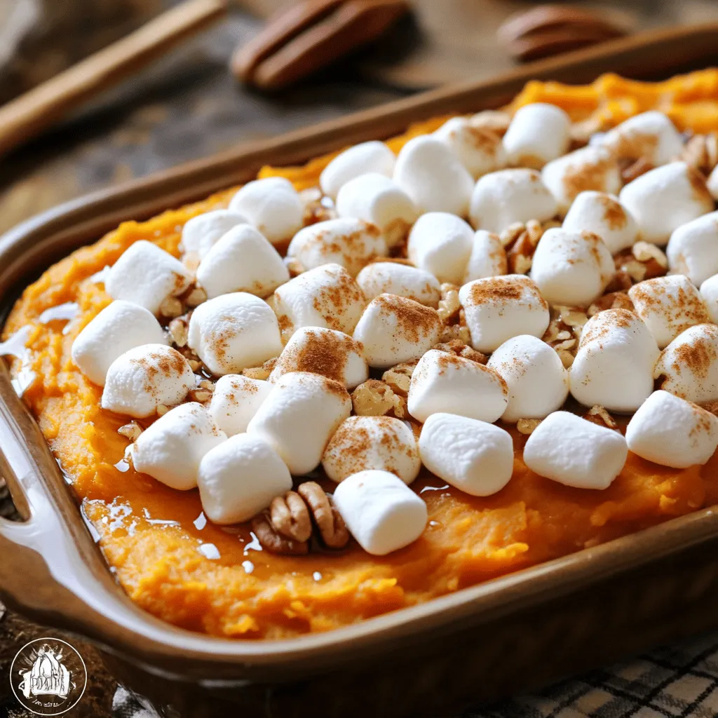 To make a delicious sweet potato casserole with marshmallows, gather these items: - 4 medium sweet potatoes, peeled and cubed - 1/2 cup brown sugar - 1/4 cup maple syrup - 1/4 cup unsalted butter, melted - 1/2 cup milk (or almond milk for a dairy-free option) - 1 teaspoon vanilla extract - 1/2 teaspoon ground cinnamon - 1/4 teaspoon nutmeg - 1 teaspoon salt - 1 1/2 cups mini marshmallows - 1/2 cup pecans, chopped (optional) You can make your casserole even more special with these additions: - Chopped apples for a fruity twist - Dried cranberries for a touch of tartness - A sprinkle of ginger for extra warmth - Coconut flakes for a tropical vibe This sweet potato casserole is not just tasty, but it also packs some nutrition. Here’s what you get per serving (based on 10 servings): - Calories: 230 - Total Fat: 8g - Saturated Fat: 4g - Cholesterol: 20mg - Sodium: 150mg - Total Carbohydrates: 38g - Dietary Fiber: 3g - Sugars: 14g - Protein: 2g For the full recipe, check out the [Full Recipe]. Start by peeling and cubing four medium sweet potatoes. Make sure to cut them into small pieces. This helps them cook faster. Next, bring water to a boil in a large pot. Carefully add the sweet potatoes to the boiling water. Cook them for about 15 minutes. They should be tender and easy to mash. After cooking, drain the sweet potatoes. Place them in a large bowl and mash until smooth. Now, we need to mix the sweet potatoes with other tasty ingredients. Add 1/2 cup of brown sugar and 1/4 cup of maple syrup to the bowl. Pour in 1/4 cup of melted unsalted butter and 1/2 cup of milk. You can use almond milk if you want a dairy-free option. Add 1 teaspoon of vanilla extract, 1/2 teaspoon of ground cinnamon, and 1/4 teaspoon of nutmeg for flavor. Don't forget to sprinkle in 1 teaspoon of salt. Mix everything together until it's smooth and well combined. Next, it's time to bake! Preheat your oven to 350°F (175°C). Grease a 9x13-inch baking dish to prevent sticking. Pour the sweet potato mixture into the dish and spread it evenly. Now, grab 1 1/2 cups of mini marshmallows. Scatter them on top of the sweet potato layer. If you like, add 1/2 cup of chopped pecans for a nice crunch. Place the dish in the oven and bake for 25-30 minutes. Watch for the marshmallows to turn golden brown and slightly toasted. Once done, take it out and let it cool for about 5 minutes. For the full recipe, check out the Sweet Potato Delight Casserole. Enjoy your tasty treat! When picking sweet potatoes, look for firm ones. They should have smooth skin without spots. A good sweet potato feels heavy for its size. Choose medium-sized ones for this recipe. These will cook evenly and taste sweet. To get a creamy texture, mash the sweet potatoes well. Use a potato masher or fork for this. Make sure there are no lumps. Adding milk helps make it smooth. If you like it rich, add more butter. The right texture makes a big difference. Serve this casserole warm for the best taste. You can drizzle extra maple syrup on top. A sprinkle of cinnamon adds flavor and looks nice. For a crunch, add chopped pecans. Each bite should be sweet and delightful. For the full recipe, check the link. {{image_2}} You can make this casserole dairy-free easily. Just swap regular milk for almond milk. Almond milk gives a nice flavor without the dairy. You can also use coconut milk for a tropical twist. It adds creaminess while keeping it light. Toppings can change the whole dish. Try adding crushed graham crackers for a sweet crunch. You can also use toasted coconut flakes for a fun texture. If you like nuts, sprinkle some chopped walnuts or pecans on top. Each topping brings a new taste. Want to add some flair? Mix in a bit of orange zest for a citrus twist. You can also add a pinch of cayenne pepper for heat. Just a little can give a nice kick. Each of these flavors makes your casserole stand out. For the full recipe, check out the Sweet Potato Delight Casserole. Enjoy creating your own version! After you enjoy your sweet potato casserole, let it cool to room temperature. Then, cover it tightly with plastic wrap or aluminum foil. You can also transfer it to an airtight container. Store it in the fridge for up to four days. Keeping it sealed helps maintain its delicious taste and texture. If you want to save some for later, freezing works well. First, let the casserole cool completely. Then, cut it into smaller portions. Wrap each portion in plastic wrap, then place it in a freezer-safe bag. Label the bag with the date. You can freeze it for up to three months. This way, you can enjoy this treat whenever you want! To reheat your casserole, take it out of the fridge or freezer. If frozen, let it thaw in the fridge overnight. Preheat your oven to 350°F (175°C). Place the casserole in an oven-safe dish. If it seems dry, add a splash of milk. Cover it with foil to keep it moist. Bake for 20-30 minutes or until heated through. You can also use a microwave for a quick option, heating in 30-second intervals until warm. Enjoy the delightful flavors again! Yes, you can make this casserole ahead of time. To do this, follow the recipe steps up to baking. Then, cover the dish and store it in the fridge for up to 24 hours. When ready to bake, take it out and let it sit at room temperature for about 30 minutes. Then, bake it as directed. This keeps the flavors fresh and makes meal prep easy. If you want to skip marshmallows, try using pecans or walnuts. They add a nice crunch. You can also use crushed graham crackers for a sweet, crunchy topping. Another option is to mix in a bit of coconut for a tropical twist. These swaps still give you a tasty and fun dish. Sweet Potato Casserole can be healthy if you choose the right ingredients. Sweet potatoes are full of vitamins and fiber. However, the added sugar and butter can add calories. To make it healthier, use less sugar or swap butter for coconut oil. You can also add more nuts or oats for extra nutrition. Enjoy this dish in moderation for a balanced meal. This blog post covered how to make a delicious sweet potato casserole. We discussed key ingredients, optional variations, and detailed step-by-step instructions. You learned tips for choosing sweet potatoes and perfecting the dish's texture. We also explored storage methods and answered common questions. Remember, you can adapt this recipe to suit your taste. Feel free to experiment with toppings and flavors. Enjoy making this comforting dish!