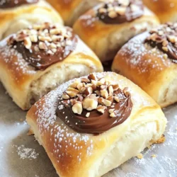 - 1 large refrigerated pizza dough - 1/2 cup Nutella - 4 oz cream cheese, softened - 1/4 cup powdered sugar - 1 tsp vanilla extract - 1 egg, beaten (for egg wash) - 1/4 cup chopped hazelnuts (optional, for topping) - Powdered sugar for dusting What kind of dough should you use? I recommend using a large, refrigerated pizza dough. It rolls out well and gives a nice texture. If you want a lighter bite, try crescent roll dough. What about cream cheese? You can swap it for mascarpone or ricotta if you prefer. They both give a smooth taste, too. How does Nutella compare to other spreads? Nutella has a rich chocolate and hazelnut flavor. You can use other chocolate spreads, but they might taste different. Brands like Justin’s or Nutiva are good options. You can find the full recipe at the end of this section. 1. Preparing the oven and baking sheet Start by preheating your oven to 375°F (190°C). This temperature is perfect for a golden finish. Line a baking sheet with parchment paper. This helps prevent sticking. 2. Rolling out the dough to the correct thickness Lightly flour your work surface. Take the refrigerated pizza dough and roll it out into a rectangle. Aim for about 1/4 inch thick. This thickness is ideal for soft, tasty rolls. 1. Combining cream cheese, powdered sugar, and vanilla In a small bowl, mix 4 oz of softened cream cheese with 1/4 cup of powdered sugar and 1 tsp of vanilla extract. Stir until the mix is smooth and creamy. This mixture adds richness to your rolls. 2. Spreading cream cheese and Nutella on the dough Spread the cream cheese mix evenly over the rolled-out dough. Leave a small border at the edges. Then, spread 1/2 cup of Nutella over the cream cheese layer. Make sure to cover all the cream cheese for balanced flavor. 1. How to roll the dough properly Starting from one long edge, tightly roll the dough into a log. Press the edge to seal it. A tight roll helps keep the filling inside while baking. 2. Egg wash application tips Beat 1 egg in a small bowl to create an egg wash. Brush this egg wash over the tops of the rolls. This will give them a nice, shiny finish. 3. Baking time and temperature guidelines Place the rolls cut-side up on your prepared baking sheet. Bake them for 15-20 minutes. Look for a golden brown color and puffed appearance. Enjoy the wonderful aroma filling your kitchen! For the complete steps, check the Full Recipe. To make the softest Nutella rolls, use fresh refrigerated pizza dough. Let it sit at room temperature for about 15 minutes before rolling. This makes it easier to work with. Another tip is to roll the dough gently. You want to keep air in the dough for fluffiness. For an even spread of Nutella, start at the center and work your way out. Use a spatula or the back of a spoon. This helps avoid clumps and ensures every bite is delicious. Watch for over-rolling the dough. If you roll it too thin, the rolls can become dry. Aim for about 1/4 inch thick. When rolling, keep the filling towards the center. This helps prevent it from leaking out during baking. To avoid filling leakage, seal the edges of the dough tightly. Use a little water to moisten the edge before pressing. This keeps all the tasty filling inside while baking. Serve these rolls warm for the best taste. The chocolate will be melty and delicious. If you serve them cold, they still taste great but lose some of that warm gooeyness. Pair these rolls with coffee for a nice morning treat. They also go well with ice cream for dessert. A scoop of vanilla ice cream on the side adds a nice touch. {{image_2}} You can switch up the flavors in these Nutella rolls. Try different chocolate spreads like almond or hazelnut spreads. Each will give a unique taste. You can also use flavored cream cheese. Options like strawberry or pumpkin spice can add a fun twist. If you need a gluten-free option, look for gluten-free pizza dough. Many stores offer good choices that taste great. For a vegan version, use vegan cream cheese and a plant-based dough. This way, everyone can enjoy these tasty rolls. Add fun toppings to make your rolls even better. Fresh fruit like strawberries or bananas can brighten the dish. A drizzle of caramel or chocolate syrup can make it feel fancy. To dust with powdered sugar, use a fine sieve. This gives a nice, even look to your rolls. For the full recipe, check out the Nutella Cream Cheese Delight Rolls. To keep your Nutella rolls fresh, store them in an airtight container. This helps prevent them from drying out. Place the container in the fridge. They will stay good for about three days. To reheat, preheat your oven to 350°F (175°C). Place the rolls on a baking sheet. Heat them for about 5 to 10 minutes. This will bring back their warm, gooey goodness. You can freeze Nutella rolls before or after baking. If you freeze them before baking, just slice the rolls and place them on a baking sheet. Freeze until solid, then transfer them to a freezer-safe bag. They will last for about two months. To bake, take them out and let them thaw in the fridge overnight. Bake as usual. If you freeze them after baking, let them cool first. Wrap each roll in plastic wrap, then in foil. This will keep them fresh. To thaw, just leave them in the fridge overnight. Reheat in the oven for a warm treat. Enjoy your delicious Nutella rolls! For the full recipe, check the detailed instructions. You can add your own twist to these Nutella rolls. Here are some ideas: - Add fruit: Try sliced bananas or strawberries for a fresh taste. - Use flavored cream cheese: Mix in a fruit-flavored cream cheese for extra flavor. - Mix in spices: A dash of cinnamon or nutmeg can spice up the rolls. - Create a chocolate swirl: Mix Nutella with peanut butter for a new flavor. - Glaze: Drizzle a simple glaze of milk and powdered sugar on top after baking. Yes, you can use homemade dough. Here are some pros and cons: - Pros: You control the ingredients and can make it to your taste. It can taste fresher and fluffier. - Cons: Making dough takes more time and effort. It can be tricky to get the right texture for rolls. You can explore many fillings beyond Nutella and cream cheese. Here are a few ideas: - Peanut butter: Swap Nutella for peanut butter for a nutty flavor. - Fruit preserves: Use your favorite jams or jellies for a fruity twist. - Chocolate chips: Add chocolate chips for extra chocolatey goodness. - Nut mixtures: A mix of nuts and chocolate can give a crunchy texture. - Cinnamon sugar: Spread a mix of sugar and cinnamon for a sweet treat. For more detailed steps, check out the Full Recipe. In this blog post, we explored a simple recipe for delicious Nutella rolls. We covered each ingredient, preparation steps, and tips to achieve the perfect texture. You learned how to avoid common mistakes and get creative with flavors. Keep these tips in mind for tasty results every time. Experimenting with ingredients makes cooking fun. Enjoy sharing this treat with friends and family. Your efforts will surely impress everyone!