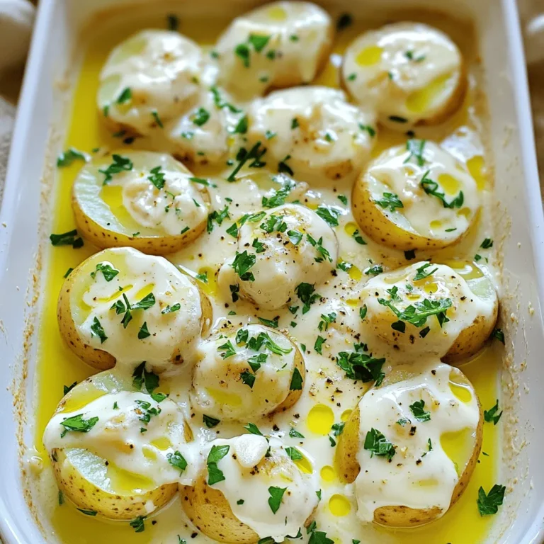 To make Easy Creamy Garlic Sauce Baby Potatoes, gather these items: - 1 lb baby potatoes, scrubbed and halved - 4 cloves garlic, minced - 1 cup heavy cream - 1 tablespoon olive oil - 1 teaspoon dried thyme - 1 teaspoon onion powder - Salt and pepper to taste - Fresh parsley, chopped (for garnish) - Optional: Grated Parmesan cheese for extra richness You can swap ingredients based on what you have. If you lack heavy cream, use half-and-half or full-fat milk. For a lighter version, you can use low-fat cream. If you don't have thyme, try rosemary or Italian seasoning. If garlic is not your thing, shallots can add a nice touch. For a vegan option, replace heavy cream with coconut cream or a nut-based cream. Using fresh ingredients makes a huge difference. Fresh baby potatoes give a great texture and flavor. Fresh garlic adds a stronger taste than dried. Quality cream enhances the sauce's richness. Fresh herbs like parsley brighten the dish. Always choose the best ingredients you can find for the best results. For the full recipe, check out the details above and enjoy cooking! To begin, gather your ingredients. You need 1 pound of baby potatoes, scrubbed and halved. Place them in a large pot and cover them with water. Bring the pot to a boil over high heat. Cook the potatoes for about 15 minutes. They should be tender when you poke them with a fork. Once done, drain the potatoes and set them aside while you make the sauce. Next, grab a large skillet. Heat 1 tablespoon of olive oil over medium heat. Once the oil is hot, add 4 minced garlic cloves. Sauté the garlic for 1-2 minutes until it smells amazing. Be careful not to burn it. After that, lower the heat and pour in 1 cup of heavy cream. Stir in 1 teaspoon of dried thyme, 1 teaspoon of onion powder, and season with salt and pepper to taste. Let this mixture simmer for 3-4 minutes. This helps the sauce thicken slightly. Now it’s time to bring it all together. Add the drained baby potatoes to the skillet. Gently toss them in the creamy garlic sauce until they are well coated. If you want some extra richness, sprinkle in grated Parmesan cheese and mix well. Let the potatoes simmer in the sauce for another 2-3 minutes. This allows them to soak up all the delicious garlic flavor. Finally, remove the skillet from heat and sprinkle with fresh chopped parsley before serving. For the full recipe, check out the Easy Creamy Garlic Sauce Baby Potatoes. To get the best garlic taste, use fresh garlic. Fresh garlic has a strong, bold flavor. Mince the garlic finely to release more oils. Sauté it in olive oil over medium heat. This brings out its sweetness and aroma. Watch it closely because burnt garlic tastes bitter. You want it just golden, not brown. The key to creamy garlic sauce is heavy cream. Heavy cream makes the sauce rich and smooth. If you want a lighter option, you can use half-and-half. Just remember, it won’t be as thick. Stir the cream slowly into the garlic mix. This helps avoid lumps and gives a silky texture. If you want extra creaminess, add grated Parmesan. It melts in beautifully and enhances flavor. Use a large pot for boiling the baby potatoes. A big pot helps cook them evenly. For the creamy sauce, a large skillet is best. A non-stick skillet helps the sauce slide off easily. You’ll also need a sharp knife for mincing garlic. A wooden spoon works well for stirring. These tools make cooking easy and fun. You’ll find that having the right equipment will help you enjoy the process. For the full recipe, check out the details above. {{image_2}} You can add protein to make this dish heartier. Chicken, shrimp, or bacon work great. Simply cook the protein in the skillet before adding garlic. For chicken, use bite-sized pieces. For shrimp, just toss them in when the garlic is fragrant. Cook until they turn pink. If you choose bacon, cook it first, then add garlic. The bacon fat adds a nice flavor to the sauce. Herbs can change the flavor of your dish. Try using fresh herbs like basil or chives for a bright taste. You can also use rosemary or oregano for a more earthy flavor. Mix and match herbs to find your favorite blend. Just remember to add them in while the sauce simmers for the best flavor. Fresh herbs will give your potatoes a vibrant touch. If you love heat, make a spicy garlic sauce. Add red pepper flakes or a diced jalapeño to the garlic when you sauté it. This will give your sauce a nice kick. Adjust the amount based on your heat preference. You can also serve it with a dash of hot sauce on top for an extra burst of flavor. Enjoy your creamy garlic sauce baby potatoes with that spicy twist! For the complete recipe, check the [Full Recipe]. To keep your creamy garlic sauce baby potatoes fresh, store them in an airtight container. Allow the potatoes to cool down before sealing them. Place the container in the fridge. They will stay good for up to three days. When you are ready to eat them again, reheat the potatoes gently. You can use the microwave or a skillet. For the microwave, heat them for about one to two minutes. Stir them halfway for even heating. In a skillet, add a splash of cream and warm them over low heat. This will help keep them creamy. You can freeze these potatoes for a longer storage option. First, let them cool completely. Then, place them in a freezer-safe bag or container. Make sure to remove as much air as possible to prevent freezer burn. They can last up to three months in the freezer. When ready to enjoy, thaw them overnight in the fridge. Reheat them as mentioned above. But keep in mind, the texture may change a bit after freezing. For the full recipe, check out the Easy Creamy Garlic Sauce Baby Potatoes recipe. Yes, you can use other types of potatoes. While baby potatoes are great, you can try red or Yukon Gold potatoes. These types add a nice texture. Just cut them into similar sizes for even cooking. They will still soak up that creamy garlic sauce well! Absolutely! This recipe is vegetarian-friendly. It uses no meat or fish. The creamy garlic sauce comes from heavy cream, which is also vegetarian. If you want to make it vegan, you can use plant-based cream instead. This way, you still get a rich flavor. To make this dish dairy-free, swap heavy cream for a dairy-free option. Look for coconut cream or cashew cream. Both options work well and add a nice creaminess. Just make sure to check the labels for any added sugars. You will still enjoy that rich garlic flavor! For the full recipe, check out the Easy Creamy Garlic Sauce Baby Potatoes section above. This post covered key ingredients for your creamy garlic dish. Fresh ingredients elevate taste, while substitutions offer flexibility. I shared step-by-step instructions for perfecting baby potatoes and a creamy sauce. Tips and tricks help enhance garlic flavor and creaminess. Variations let you explore protein options and spices. For storage, I included techniques for leftovers and freezing. Experiment with these ideas to make the dish your own. Enjoy cooking!