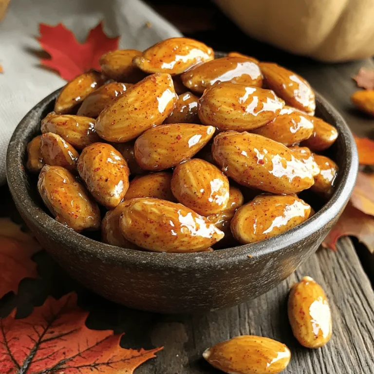 To make Pumpkin Pie Spiced Almonds, you will need the following ingredients: - 2 cups raw almonds - 2 tablespoons coconut oil, melted - 3 tablespoons brown sugar (or coconut sugar) - 1 teaspoon pumpkin pie spice - 1/2 teaspoon sea salt - 1/4 teaspoon cayenne pepper (optional) - 1 teaspoon vanilla extract These ingredients blend perfectly to create a warm, sweet, and slightly spicy snack. The raw almonds serve as a healthy base, while the coconut oil adds richness. Brown sugar brings a sweet touch, and pumpkin pie spice gives that cozy fall flavor. A hint of cayenne pepper adds a kick, but feel free to skip it if you prefer no heat. Vanilla extract rounds out the flavor beautifully, making each bite delightful. For the complete recipe and instructions, check out the Full Recipe. - Preheat your oven to 350°F (175°C). Line a baking sheet with parchment paper. - In a large bowl, mix the melted coconut oil, brown sugar, pumpkin pie spice, sea salt, cayenne pepper (if using), and vanilla extract. Stir until it's smooth and well combined. - Add the raw almonds to the bowl. Stir gently until each almond gets coated evenly with the spiced mixture. Make sure no almond is left uncoated. - Spread the coated almonds in a single layer on the prepared baking sheet. - Bake in the oven for 15 to 20 minutes. Stir them halfway through to help them roast evenly. Keep an eye on them. Nuts can go from perfect to burnt quickly. - Check for doneness by looking for a golden color and a nice aroma. When they smell good and look golden, they are ready. - Remove the almonds from the oven and let them cool on the baking sheet for about 10 minutes. They will harden as they cool. - Once cooled, break apart any clusters. Transfer the spiced almonds to an airtight container for storage. - For the full recipe, you can refer to the earlier section. To avoid burning the nuts, keep a close watch on them while baking. Nuts can go from golden to burnt in a flash. Set a timer for 15 minutes, but check them sooner. Stirring halfway through the baking time is key. This helps the almonds roast evenly. It also allows all sides to get that nice golden color. Don’t skip this step! These pumpkin pie spiced almonds are great for snacking. You can enjoy them straight from the bowl. They also make a fun topping for salads or oatmeal. Try mixing them into trail mix. They add a tasty crunch and a seasonal twist. Pair them with a warm drink for a cozy treat! You can experiment with spices to make them your own. Consider adding a dash of cinnamon or nutmeg for extra warmth. A sprinkle of ginger can also add a nice kick. If you want heat, try more cayenne or a pinch of chili powder. Each twist brings a new flavor to the table. Have fun with it! {{image_2}} You can switch raw almonds for other nuts. Cashews, walnuts, or pecans work great. Each nut brings its own taste and texture. For a richer flavor, try using hazelnuts. Remember, different nuts might roast at different rates. Keep an eye on them while baking. Brown sugar is tasty, but there are other choices. Coconut sugar adds a nice caramel note. Honey or maple syrup can also work. For a sugar-free option, use stevia or monk fruit. These sweeteners can help you enjoy a healthier snack without losing flavor. You can spice things up by adding chocolate. Melt dark chocolate and mix it with the almonds. For a fruity twist, toss in some dried cranberries or cherries. You can also sprinkle some cinnamon or nutmeg for extra warmth. Experiment with flavors to find your perfect mix. To keep your pumpkin pie spiced almonds fresh, store them in an airtight container. This helps prevent moisture from ruining the crunch. I recommend using glass jars or food storage bags. Keep the container in a cool, dry place away from sunlight. Avoid the pantry if it gets warm, as heat can spoil the nuts quickly. When stored properly, pumpkin pie spiced almonds can last up to two weeks. After this time, they might lose their crunch and flavor. If you want the best taste, eat them within the first week. This ensures you enjoy their full flavor and crunchiness. You can freeze pumpkin pie spiced almonds for longer storage. To do this, place them in a freezer-safe bag. Squeeze out as much air as possible before sealing. When you want to enjoy them again, simply take out the amount you need. Let them thaw at room temperature for about 30 minutes. This keeps them crunchy and delicious. To make pumpkin pie spiced almonds, follow these steps: 1. Preheat your oven to 350°F (175°C) and line a baking sheet with parchment paper. 2. In a large bowl, mix melted coconut oil, brown sugar, pumpkin pie spice, sea salt, cayenne pepper, and vanilla extract until smooth. 3. Add the raw almonds and stir until they are fully coated. 4. Spread the almonds in a single layer on the baking sheet. 5. Bake for 15-20 minutes, stirring halfway to ensure even roasting. Keep a close eye to prevent burning. 6. Once golden, remove them from the oven and let them cool for 10 minutes. The almonds will harden as they cool. 7. Break apart any clusters and store in an airtight container. You can find pumpkin pie spiced almonds at many grocery stores. Look in the snack aisle or health food section. Online options are also great. Websites like Amazon and specialty food stores often sell them. Yes, you can! Make them a few days in advance. Just store them in an airtight container at room temperature. This keeps them fresh and crunchy. If you need an oil alternative, use vegetable oil or melted butter. Both work well and give a nice flavor. You can also try olive oil for a different taste. To make this recipe nut-free, you can use pumpkin seeds or sunflower seeds. They will still taste great with the pumpkin pie spices. Just follow the same steps in the recipe for a fun twist. In this article, we covered how to make delicious pumpkin pie spiced almonds. You learned about the key ingredients, step-by-step instructions, and helpful tips. Remember to pay attention while baking to avoid burning and to explore different nut and flavor options. These almonds make a great snack or gift. Storing them properly keeps them fresh for longer. Enjoy experimenting with this easy recipe, and make it your own!