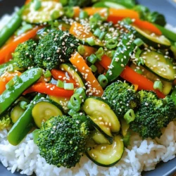 - Broccoli florets - Bell pepper (any color) - Carrot - Zucchini - Snap peas - Garlic - Ginger - Soy sauce (or tamari) - Sesame oil - Honey or maple syrup - Cornstarch and water for thickening - Sesame seeds - Chopped green onions - Cooked rice or noodles for serving Gathering fresh, colorful vegetables is key to a great stir-fry. I love using broccoli florets for their crunch, bell peppers for sweetness, and carrots for color. Zucchini adds a nice texture, while snap peas bring a bright, fresh taste. For the best flavor, I use garlic and ginger. They add depth and warmth to the dish. Soy sauce or tamari gives a salty finish. Sesame oil lends a nutty taste, while honey or maple syrup balances the flavors. Cornstarch mixed with water helps thicken the sauce, making it stick to the veggies. Finally, don't forget garnishes! Sesame seeds and chopped green onions make every bite pop. Serve your stir-fry over rice or noodles. This vibrant mix of ingredients makes a quick and easy vegetable stir-fry that is both healthy and delicious. For the full recipe, check out the details above. Whisk together 3 tablespoons of soy sauce, 2 tablespoons of sesame oil, 1 tablespoon of honey or maple syrup, and 1 tablespoon of cornstarch mixed with 2 tablespoons of water. This sauce adds flavor and thickens the dish. Heat 2 tablespoons of sesame oil in a skillet or wok over medium-high heat. You want the oil hot but not smoking. Add 2 cloves of minced garlic and 1 inch of grated ginger to the pan. Stir and cook for 30 seconds until fragrant. Next, add 1 cup of broccoli florets and 1 sliced bell pepper. Stir-fry these for 3 to 4 minutes until they start to soften. Incorporate 1 julienned carrot, 1 sliced zucchini, and 1 cup of snap peas. Keep cooking for another 3 to 5 minutes. The veggies should be tender but still crisp. Now, pour the prepared sauce over the vegetables. Stir quickly to coat everything evenly. Cook for 2 minutes. The sauce will thicken and cling to the veggies. Remove the stir-fry from heat. Serve it over cooked rice or noodles. Garnish with sesame seeds and chopped green onions for extra flavor. For the full recipe, check the details above. To make your stir-fry fast, prep your veggies first. Start by washing them well. Next, use a sharp knife to julienne or chop. For julienne, cut the carrot into thin strips. Do the same with zucchini. For bell peppers, slice them into thin strips. Keep your broccoli in small florets. This makes cooking quick and even. Stir-frying needs high heat to cook fast. Use a wok or a large skillet. Heat your oil before adding veggies. This helps them cook well without steaming. Keep the vegetables moving. Stir constantly to avoid burning. Cook in small batches if your pan is crowded. This way, everything gets that beautiful, crisp texture. Don't forget to boost the taste! Besides soy sauce, try adding some hoisin sauce or chili paste. You can also add fresh herbs like basil or cilantro for a burst of flavor. A squeeze of lime adds a nice zing too. Experiment with these spices to find what you love best. Remember, the right mix makes your meal shine. Want the full recipe? Check out the [Full Recipe]. {{image_2}} You can make your vegetable stir-fry even better by adding protein. Here are some options: - Chicken: Use thin slices of chicken breast for a quick cook. - Shrimp: Add peeled shrimp for a great seafood flavor. - Tofu: Use firm tofu for a plant-based protein that soaks up flavors well. Each option adds texture and makes the meal heartier. Feel free to mix and match your veggies! Here are some ideas: - Seasonal: Use fresh vegetables from local farms like asparagus in spring. - Favorites: Add mushrooms, spinach, or bell peppers for vibrant colors. - Freezer Finds: Use frozen mixed veggies when fresh options are not available. Experiment with your favorites to keep the dish exciting. Making your stir-fry gluten-free is easy. Here are some tips: - Soy Sauce: Use tamari instead of regular soy sauce. - Thickener: Ensure your cornstarch is certified gluten-free. - Serving Options: Serve with rice or gluten-free noodles. These small changes help everyone enjoy your dish without worry. To keep your leftover stir-fry fresh, store it in an airtight container. Place it in the fridge within two hours of cooking. This helps it stay safe and tasty. Eat leftovers within three to four days for the best flavor. When reheating, you want to keep the texture nice. The best way is to use a skillet. Heat a little oil over medium heat. Add the stir-fry and stir it gently until hot. You can also use the microwave but do it in short bursts. Stir between each burst to heat evenly. Yes, you can freeze vegetable stir-fry! Place it in a freezer-safe container. Make sure to leave some space for expansion. It can last up to three months in the freezer. When ready to eat, thaw it in the fridge overnight. Reheat it in a skillet for the best results. For the full recipe, check the earlier sections. I recommend using oils with high smoke points. Good choices include canola oil, peanut oil, and sesame oil. These oils can handle high heat without burning. They also add great flavor. Sesame oil gives a nice, nutty taste that enhances your dish. You can make a vegetable stir-fry in about 20 minutes. It takes 10 minutes to prep your veggies and another 10 to cook. This quick cook time is perfect for busy nights. You can easily whip up a healthy meal in no time. Yes, you can make this stir-fry in advance. Cook it and let it cool. Store it in an airtight container in the fridge for up to three days. When you are ready to eat, just reheat it in a pan. This saves time during your busy week. You can serve vegetable stir-fry over rice or noodles. Both options soak up the sauce well. You can also enjoy it with a side of dumplings or spring rolls for extra flavor. Choose your favorite for a complete meal. Yes, vegetable stir-fry is very healthy. It is packed with vitamins and minerals from fresh veggies. You control the oil and sauce, keeping it light. Plus, it is low in calories and high in fiber. Eating this dish can help you feel good and energized. For the full recipe, check out the Quick and Easy Vegetable Stir-Fry. This blog post outlined a simple, tasty vegetable stir-fry. We explored fresh veggies like broccoli and bell peppers, plus flavors from garlic and ginger. The step-by-step guide shows how to cook quickly and easily. Tips helped with veggie prep and cooking techniques. We also discussed protein options, storage, and common FAQs. Stir-fry makes a healthy meal that’s fun to customize. Enjoy creating your perfect dish!