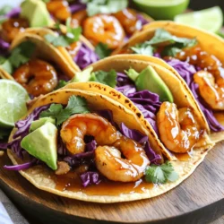 - 1 lb (450g) shrimp, peeled and deveined - 3 tablespoons honey - 3 tablespoons soy sauce - 3 cloves garlic, minced - 1 tablespoon fresh ginger, grated - 1 tablespoon olive oil - 1 teaspoon lime juice - 8 small corn tortillas - 1 cup red cabbage, thinly sliced - 1 avocado, sliced - 1/4 cup cilantro, chopped - Lime wedges for serving Each ingredient plays a key role in making these tacos a hit. The shrimp adds protein and a sweet flavor. Honey and soy sauce create a tasty marinade. Garlic and ginger give it a nice kick. Corn tortillas hold everything together, making them easy to eat. For toppings, red cabbage adds crunch. Avocado gives a creamy texture. Cilantro adds freshness, while lime juice brightens the dish. Together, these ingredients create a fresh and flavorful treat. To learn how to put these ingredients together, check out the Full Recipe. You will enjoy making these tacos as much as eating them! Start by making the marinade. In a medium bowl, whisk together these ingredients: - 3 tablespoons honey - 3 tablespoons soy sauce - 3 cloves garlic, minced - 1 tablespoon fresh ginger, grated - 1 tablespoon olive oil - 1 teaspoon lime juice - Salt and pepper to taste This mixture adds sweet and savory flavor to your shrimp. Next, add the shrimp to the marinade. Toss them gently to coat. Let the shrimp sit in the marinade for 15-20 minutes. This step builds great flavor, so don’t rush it! Now, it’s time to cook. Heat a large skillet over medium-high heat. Add the marinated shrimp to the hot skillet. Sear them for about 4-5 minutes. They will turn pink and caramelize nicely. Flip them halfway through to cook evenly. When the shrimp are done, remove them from heat. While the shrimp cools slightly, warm the corn tortillas. You can do this in a dry skillet or microwave. Once warm, it’s assembly time! Place a spoonful of shrimp on each tortilla. Top with: - 1 cup red cabbage, thinly sliced - 1 avocado, sliced - 1/4 cup cilantro, chopped Serve your tacos right away. Lime wedges on the side add a burst of zest. For full details, check out the Full Recipe. Enjoy your fresh and flavorful tacos! Marinating shrimp is key for great taste. The honey and soy sauce mix adds depth. Let your shrimp soak for 15 to 20 minutes. This gives the shrimp time to absorb flavors. To avoid overcooking shrimp, watch the time closely. Cook them just until they turn pink. This usually takes about 4 to 5 minutes. If they curl tightly, they may be overdone. Warm tortillas for the best texture. You can do this in a dry skillet. Heat them for about 30 seconds on each side. This makes them soft and easy to fold. Choose small corn tortillas for a traditional feel. They hold the shrimp well. Flour tortillas can also work if you prefer a softer bite. Add toppings like salsa or crema for extra flavor. A fresh mango salsa gives a sweet kick. You can also add creamy avocado for richness. If you like spice, include jalapeños or hot sauce. This lets you control the heat. Start with a little and add more to taste. {{image_2}} You can switch out the shrimp for chicken or tofu. If you choose chicken, slice it into thin strips. Marinate the chicken just like you would the shrimp. For tofu, use firm tofu and press it to remove excess water. Then, cut it into cubes. This way, you can enjoy different textures and flavors in your tacos. Instead of tacos, serve the shrimp as a rice bowl. Cook some rice and pile it high with shrimp, cabbage, and avocado. You can also add other veggies like bell peppers or carrots for a crunchier bite. This change makes it a hearty meal that's just as delicious. You can use different sauces to change the taste. Try teriyaki sauce for a sweet and savory mix. If you like heat, use chili sauce for a spicy kick. Another fun option is to add fruits like mango. The mango’s sweetness pairs well with the savory shrimp. This gives your tacos a fresh twist that’s hard to resist. For the full recipe, check out the Honey Garlic Shrimp Tacos. To store leftover tacos, place them in an airtight container. Keep the shrimp and toppings separate from the tortillas. This helps keep everything fresh and prevents sogginess. You can store them in the fridge for up to two days. When you're ready to enjoy, simply reheat the shrimp in a pan on low heat until warm. Warm the tortillas in a dry skillet for a few seconds. If you want to freeze cooked shrimp, let them cool first. Place the shrimp in a freezer-safe bag. Make sure to remove as much air as possible to avoid freezer burn. You can freeze the shrimp for up to three months. To reheat, thaw overnight in the fridge. Then, warm them in a skillet until heated through. Always ensure the shrimp are hot before serving. To keep your shrimp tacos fresh, follow these key tips: - Store shrimp and toppings separately from tortillas. - Use fresh ingredients for the best flavor. - Avoid adding toppings until you're ready to eat. This keeps everything crisp. - If using sauces, keep them on the side until serving. For the full recipe, check the detailed cooking instructions and enjoy your tasty meal! Yes, you can use frozen shrimp. Thaw them first. To thaw, place the shrimp in cold water for 15-20 minutes. You can also leave them in the fridge overnight. Once thawed, pat them dry before marinating. This step helps the shrimp absorb the flavors better. If you need a substitute for honey, try agave syrup or maple syrup. Both options add sweetness. They also work well with the other flavors in the tacos. Use the same amount as honey in the recipe. To add heat, use spices like cayenne pepper or chili powder. You can also add sliced jalapeños or hot sauce. Mix them into the marinade or sprinkle them on top of the tacos. This way, you can control the spice level to your liking. Leftovers can last 3-4 days in the fridge. Store them in an airtight container. If you want to keep them longer, freeze the shrimp. They can last up to 3 months in the freezer. Just remember to reheat them properly to keep the flavor. This blog post covers how to make delicious shrimp tacos. We explored key ingredients, step-by-step cooking, and tips to perfect your dish. You can switch shrimp for chicken or tofu if you prefer. Don't forget to store leftovers properly to keep them fresh. With these insights, you can enjoy tasty tacos tailored to your taste. Dive in and get cooking!