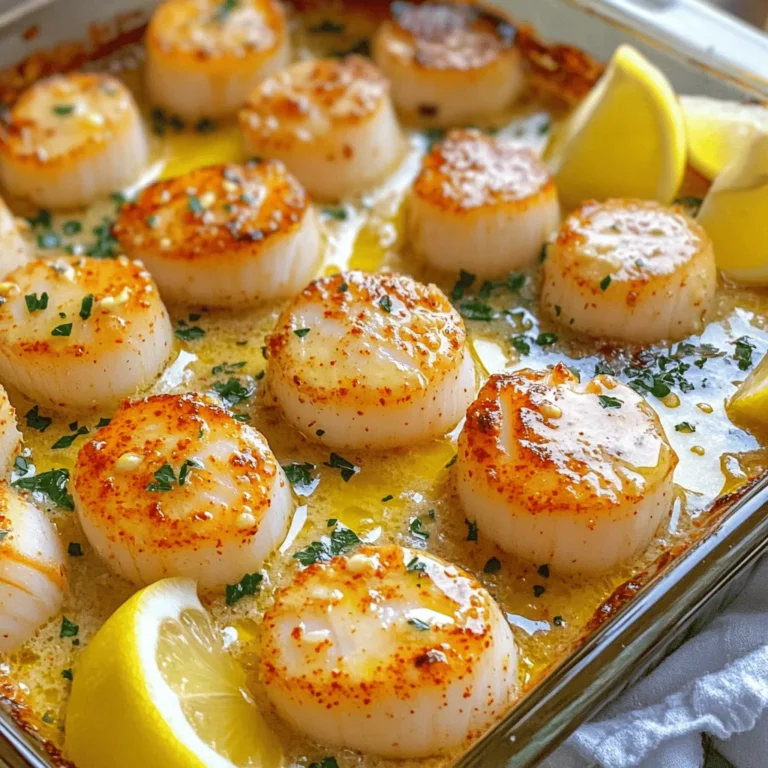 For Garlic Butter Baked Scallops, you will need: - 1 pound sea scallops, cleaned and patted dry - 4 tablespoons unsalted butter, melted - 4 cloves garlic, minced - 1 tablespoon fresh lemon juice - 1 teaspoon fresh parsley, finely chopped - 1/2 teaspoon paprika - Salt and pepper to taste - Lemon wedges for garnish When choosing scallops, look for fresh ones that smell like the ocean. They should be firm and glossy. For the butter, use unsalted to control the saltiness. Fresh garlic gives the best flavor, so avoid pre-minced options. Fresh lemon juice adds brightness. You can chop the parsley finely for a more even mix. For paprika, use sweet or smoked, based on your taste. If you can’t find sea scallops, bay scallops work too. They are smaller but still tasty. For butter, you can use olive oil for a lighter option. If you want a kick, add a pinch of red pepper flakes with the garlic. You can swap parsley with thyme or basil for a different flavor. To make garlic butter baked scallops, start by gathering your ingredients. You need: - 1 pound sea scallops, cleaned and patted dry - 4 tablespoons unsalted butter, melted - 4 cloves garlic, minced - 1 tablespoon fresh lemon juice - 1 teaspoon fresh parsley, finely chopped - 1/2 teaspoon paprika - Salt and pepper to taste - Lemon wedges for garnish First, preheat your oven to 400°F (200°C). Next, lightly grease a baking dish to prevent sticking. In a small bowl, mix the melted butter, minced garlic, lemon juice, paprika, and parsley. This mix will be the garlic butter sauce that makes the dish so tasty. Once your prep is done, arrange the scallops in a single layer in the greased dish. Season them with salt and pepper. Pour your garlic butter mixture over the scallops. Make sure each one is well coated. Now, it's time to bake. Place the dish in your preheated oven and bake for 12-15 minutes. The scallops should turn opaque and feel firm yet tender when poked. Once done, remove them from the oven and let them rest for a minute. Garnish with extra parsley and serve with lemon wedges for some extra zing. To get the best results, use fresh scallops whenever possible. Frozen scallops can work, but they may not have the same flavor and texture. Make sure to pat them dry before cooking. This helps them sear nicely and prevents excess moisture. Another tip is to avoid overcooking. Scallops cook fast. When they are opaque and firm, they are ready. You want them tender, not rubbery. If you follow these steps, you’ll end up with a dish that’s full of flavor and sure to impress. For the full recipe, check the earlier section. One mistake is using wet scallops. Always make sure they are dry. Wet scallops do not brown well. Another error is overcooking them. Scallops cook quickly and should turn opaque. Set a timer for 12 minutes. Check them to avoid a rubbery texture. To boost flavor, try adding herbs like thyme or basil. A dash of white wine can add depth, too. You can also mix in some crushed red pepper for heat. Just a pinch transforms the dish. Lemon zest is another great addition for freshness. Use a baking dish that fits your scallops snugly. A good quality knife helps with chopping garlic and herbs. A mixing bowl is useful for combining the garlic butter. A timer is key to perfect baking. Finally, a spatula will help you serve the scallops easily. For the complete experience, check out the Full Recipe to get all the details you need! {{image_2}} You can add cheese to make these scallops even richer. I love using Gruyère or Parmesan. After you pour the garlic butter over the scallops, sprinkle cheese on top. Bake them like usual. The cheese will melt and create a creamy crust. It adds a nice touch to the dish. For a kick, try adding spice. Mix in a pinch of red pepper flakes or cayenne pepper into the garlic butter. This will give the dish heat and flavor. If you enjoy spicy food, this variation will delight your taste buds. Herbs can add freshness to your scallops. Basil, thyme, or rosemary work great. Add finely chopped herbs to the garlic butter. You can also sprinkle them on top before baking. This makes the dish smell amazing and enhances the taste. Feel free to explore these options. Each variation brings a new twist to the classic garlic butter baked scallops. For the full recipe, check the detailed instructions above. After you enjoy your garlic butter baked scallops, store any leftovers in a container. Use an airtight container to keep them fresh. Place them in the fridge. They will last for up to two days. Make sure to let them cool first. This helps prevent moisture build-up. To reheat the scallops, use your oven for the best results. Preheat your oven to 350°F (175°C). Place the scallops in a baking dish. Cover them with foil to keep them moist. Heat for about 10 minutes. Check if they are warm all the way through. You can also use a microwave. Heat them in short bursts to avoid overcooking. If you want to store scallops for longer, freezing is a great option. Place the scallops in a single layer on a baking sheet. Freeze them for about one hour until firm. Then, transfer the scallops to a freezer bag. Remove as much air as possible before sealing. They can stay in the freezer for up to three months. When ready to use, thaw them in the fridge overnight before cooking. You will still want to follow the Full Recipe for best results. You should bake scallops for about 12-15 minutes. They cook quickly and become firm when done. Check for a nice opaque color. When they look white and slightly golden, they are ready to eat. Yes, you can use frozen scallops. Just make sure to thaw them first. Pat them dry to remove extra water. This helps the garlic butter stick better during baking. Some great side dishes include: - Garlic bread - Steamed asparagus - Lemon rice - Fresh salad - Roasted vegetables These sides balance the rich flavor of scallops nicely. Sea scallops are best for this dish. They have a sweet taste and tender texture. Look for fresh, plump scallops at your market. If using frozen, ensure they are high quality. You can prepare the garlic butter and clean the scallops ahead. Store them separately in the fridge. Bake them just before serving for the best taste. Fresh scallops should smell like the ocean. They should feel firm and moist. Avoid scallops with a strong fishy smell or dry texture. Yes, adding cheese can enhance the flavor. Try mixing some parmesan cheese into the garlic butter. Sprinkle it on top before baking for a cheesy crust. A crisp white wine is perfect. Try serving Sauvignon Blanc or Chardonnay. These wines complement the scallops’ flavor without overpowering it. We covered key ingredients and their quality, plus step-by-step instructions for perfect scallops. I shared tips to avoid common mistakes and enhance flavors. You now know various scallop variations and how to store and reheat them safely. Cooking delicious scallops is simple and fun. With these tools and ideas, you can impress anyone at your next meal. Enjoy your cooking journey and share your tasty results!