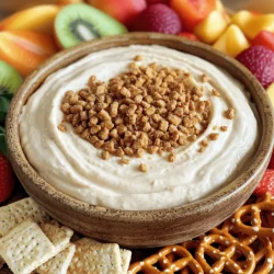 To make the Biscoff Fluff Dip, you need these simple ingredients: - 1 cup creamy Biscoff spread - 1 cup whipped cream cheese (softened) - 1 cup whipped topping (like Cool Whip) - 1/4 cup powdered sugar - 1 teaspoon vanilla extract - Crushed Biscoff cookies for garnish - Fresh fruit, pretzels, and graham crackers for dipping Each ingredient adds a special touch to the dip. The Biscoff spread gives it that sweet, cookie-like flavor. Cream cheese adds richness, while whipped topping makes it fluffy. The powdered sugar sweetens it just right. Vanilla extract enhances all the flavors. Crushed cookies on top look great and add crunch. Fresh fruit, pretzels, and graham crackers are perfect for dipping. These ingredients work together to create a creamy and irresistible treat. You can easily adjust any ingredient to fit your taste. Feel free to play with the ratios for your ideal dip. Enjoy the fun of making this delightful snack! For the full recipe, check out the instructions. - Step 1: Mixing Biscoff Spread and Cream Cheese Start by taking a medium bowl. Add 1 cup of creamy Biscoff spread and 1 cup of softened cream cheese. Use an electric mixer on medium speed. Blend them until smooth and creamy. This mix forms the base of your dip. - Step 2: Incorporating Vanilla Extract and Powdered Sugar Next, add 1 teaspoon of vanilla extract and 1/4 cup of powdered sugar. Keep mixing until everything is well combined. Scrape down the sides of the bowl as needed. This step adds sweet flavor and depth to the dip. - Step 3: Folding in Whipped Topping Now, take 1 cup of whipped topping, like Cool Whip. Gently fold it into the mixture using a spatula. Be careful not to deflate the fluff. Continue folding until the dip is light and fluffy. This creates the creamy texture we all love. - Step 4: Garnishing and Serving Transfer your Biscoff fluff dip to a serving bowl. Sprinkle crushed Biscoff cookies on top for garnish. This adds a nice crunch and extra flavor. Serve with fresh fruit, pretzels, and graham crackers for dipping. Enjoy your delicious treat! For the complete recipe, check out the [Full Recipe]. - Use room temperature cream cheese: This makes mixing easier. Cold cream cheese will clump. Let it sit out for about 30 minutes before you start. - Fold, don’t stir, to maintain fluffiness: Use a spatula to gently fold in the whipped topping. Stirring will make the dip dense. You want it light and airy. - How to adjust sweetness if desired: If you want a less sweet dip, cut back on the powdered sugar. Taste as you mix. You can always add more if you need it sweeter. These simple tips will help you create the perfect Biscoff Fluff Dip. Enjoy making it and sharing it! For the complete recipe, check out the Full Recipe. {{image_2}} You can make Biscoff fluff dip even more fun with some flavor twists. Here are a few ideas: - Adding chocolate or caramel swirls: Drizzle melted chocolate or caramel into the dip before serving. This adds a rich layer of flavor. You can use a toothpick to create fun swirls. - Incorporating spices like cinnamon or nutmeg: A sprinkle of cinnamon or nutmeg can warm up the dip. Just a pinch goes a long way. Mix it in when you add the powdered sugar for a cozy taste. - Experimenting with different types of cookies: Instead of just Biscoff cookies, why not try different ones? Use chocolate chip, ginger snaps, or even graham crackers. Each cookie adds its own unique flavor and texture. These variations keep your Biscoff fluff dip exciting. You can easily mix and match to find your favorite combo. Don't forget to check out the full recipe for the base dip before you start experimenting! To keep your Biscoff fluff dip fresh, store it in the fridge. Use an airtight container to seal in the flavor. It’s best to eat it within three to five days. This helps keep the dip creamy and tasty. If you want to keep it longer, consider freezing it. To freeze, place the dip in a freezer-safe container. Leave some space at the top because it may expand. You can freeze it for up to a month. When you’re ready to enjoy it again, thaw the dip in the fridge overnight. Avoid thawing at room temperature. This keeps the texture smooth. After thawing, stir it gently to restore its fluffiness. Follow these tips to ensure your Biscoff fluff dip stays as delightful as when you first made it. For the complete recipe, check out the Full Recipe section. Yes, you can use homemade whipped topping. It adds a personal touch. Just whip heavy cream until soft peaks form. This method keeps the dip light and fluffy. If you don’t have Biscoff spread, you can use cookie butter. Nutella is another great choice. Both options give a yummy flavor. You can also try almond or peanut butter for a nutty twist. This dip stays fresh in the fridge for about three days. Store it in an airtight container. This helps keep it tasty and creamy. Remember to stir before serving again. The dip is not safe for nut allergies if you use Biscoff spread. Biscoff cookies are free from nuts, but the spread may not be. Always check labels for any hidden nuts. If unsure, use a nut-free spread instead. In this post, we explored how to make a delicious Biscoff Fluff Dip. We covered ingredients, step-by-step instructions, tips for perfection, and fun variations. Storing this treat correctly helps keep it fresh for longer. Enjoy experimenting with flavors and sharing this delightful dip at your next gathering. It’s simple to make and sure to impress your guests!