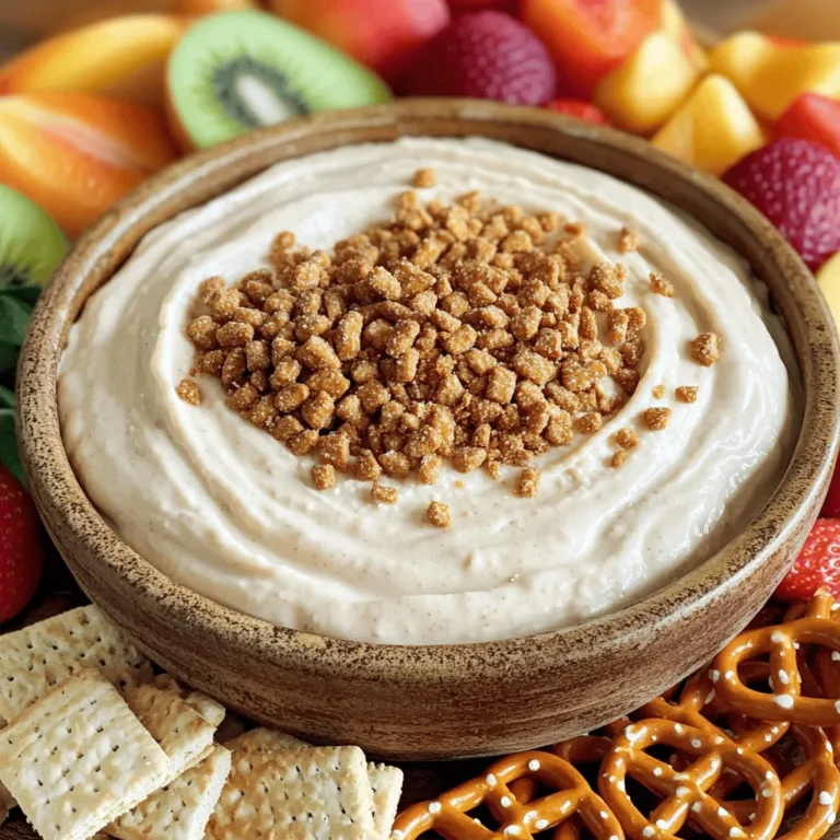 To make the Biscoff Fluff Dip, you need these simple ingredients: - 1 cup creamy Biscoff spread - 1 cup whipped cream cheese (softened) - 1 cup whipped topping (like Cool Whip) - 1/4 cup powdered sugar - 1 teaspoon vanilla extract - Crushed Biscoff cookies for garnish - Fresh fruit, pretzels, and graham crackers for dipping Each ingredient adds a special touch to the dip. The Biscoff spread gives it that sweet, cookie-like flavor. Cream cheese adds richness, while whipped topping makes it fluffy. The powdered sugar sweetens it just right. Vanilla extract enhances all the flavors. Crushed cookies on top look great and add crunch. Fresh fruit, pretzels, and graham crackers are perfect for dipping. These ingredients work together to create a creamy and irresistible treat. You can easily adjust any ingredient to fit your taste. Feel free to play with the ratios for your ideal dip. Enjoy the fun of making this delightful snack! For the full recipe, check out the instructions. - Step 1: Mixing Biscoff Spread and Cream Cheese Start by taking a medium bowl. Add 1 cup of creamy Biscoff spread and 1 cup of softened cream cheese. Use an electric mixer on medium speed. Blend them until smooth and creamy. This mix forms the base of your dip. - Step 2: Incorporating Vanilla Extract and Powdered Sugar Next, add 1 teaspoon of vanilla extract and 1/4 cup of powdered sugar. Keep mixing until everything is well combined. Scrape down the sides of the bowl as needed. This step adds sweet flavor and depth to the dip. - Step 3: Folding in Whipped Topping Now, take 1 cup of whipped topping, like Cool Whip. Gently fold it into the mixture using a spatula. Be careful not to deflate the fluff. Continue folding until the dip is light and fluffy. This creates the creamy texture we all love. - Step 4: Garnishing and Serving Transfer your Biscoff fluff dip to a serving bowl. Sprinkle crushed Biscoff cookies on top for garnish. This adds a nice crunch and extra flavor. Serve with fresh fruit, pretzels, and graham crackers for dipping. Enjoy your delicious treat! For the complete recipe, check out the [Full Recipe]. - Use room temperature cream cheese: This makes mixing easier. Cold cream cheese will clump. Let it sit out for about 30 minutes before you start. - Fold, don’t stir, to maintain fluffiness: Use a spatula to gently fold in the whipped topping. Stirring will make the dip dense. You want it light and airy. - How to adjust sweetness if desired: If you want a less sweet dip, cut back on the powdered sugar. Taste as you mix. You can always add more if you need it sweeter. These simple tips will help you create the perfect Biscoff Fluff Dip. Enjoy making it and sharing it! For the complete recipe, check out the Full Recipe. {{image_2}} You can make Biscoff fluff dip even more fun with some flavor twists. Here are a few ideas: - Adding chocolate or caramel swirls: Drizzle melted chocolate or caramel into the dip before serving. This adds a rich layer of flavor. You can use a toothpick to create fun swirls. - Incorporating spices like cinnamon or nutmeg: A sprinkle of cinnamon or nutmeg can warm up the dip. Just a pinch goes a long way. Mix it in when you add the powdered sugar for a cozy taste. - Experimenting with different types of cookies: Instead of just Biscoff cookies, why not try different ones? Use chocolate chip, ginger snaps, or even graham crackers. Each cookie adds its own unique flavor and texture. These variations keep your Biscoff fluff dip exciting. You can easily mix and match to find your favorite combo. Don't forget to check out the full recipe for the base dip before you start experimenting! To keep your Biscoff fluff dip fresh, store it in the fridge. Use an airtight container to seal in the flavor. It’s best to eat it within three to five days. This helps keep the dip creamy and tasty. If you want to keep it longer, consider freezing it. To freeze, place the dip in a freezer-safe container. Leave some space at the top because it may expand. You can freeze it for up to a month. When you’re ready to enjoy it again, thaw the dip in the fridge overnight. Avoid thawing at room temperature. This keeps the texture smooth. After thawing, stir it gently to restore its fluffiness. Follow these tips to ensure your Biscoff fluff dip stays as delightful as when you first made it. For the complete recipe, check out the Full Recipe section. Yes, you can use homemade whipped topping. It adds a personal touch. Just whip heavy cream until soft peaks form. This method keeps the dip light and fluffy. If you don’t have Biscoff spread, you can use cookie butter. Nutella is another great choice. Both options give a yummy flavor. You can also try almond or peanut butter for a nutty twist. This dip stays fresh in the fridge for about three days. Store it in an airtight container. This helps keep it tasty and creamy. Remember to stir before serving again. The dip is not safe for nut allergies if you use Biscoff spread. Biscoff cookies are free from nuts, but the spread may not be. Always check labels for any hidden nuts. If unsure, use a nut-free spread instead. In this post, we explored how to make a delicious Biscoff Fluff Dip. We covered ingredients, step-by-step instructions, tips for perfection, and fun variations. Storing this treat correctly helps keep it fresh for longer. Enjoy experimenting with flavors and sharing this delightful dip at your next gathering. It’s simple to make and sure to impress your guests!