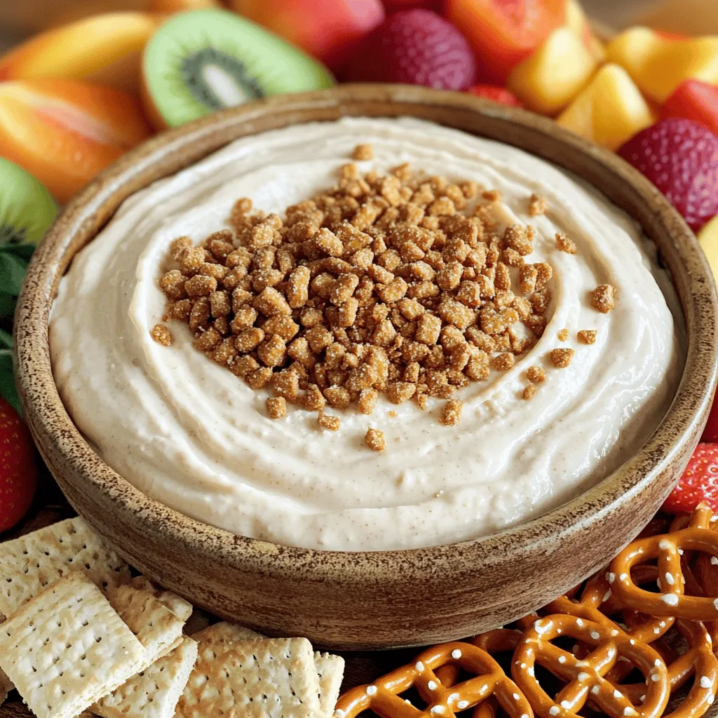 To make the Biscoff Fluff Dip, you need these simple ingredients: - 1 cup creamy Biscoff spread - 1 cup whipped cream cheese (softened) - 1 cup whipped topping (like Cool Whip) - 1/4 cup powdered sugar - 1 teaspoon vanilla extract - Crushed Biscoff cookies for garnish - Fresh fruit, pretzels, and graham crackers for dipping Each ingredient adds a special touch to the dip. The Biscoff spread gives it that sweet, cookie-like flavor. Cream cheese adds richness, while whipped topping makes it fluffy. The powdered sugar sweetens it just right. Vanilla extract enhances all the flavors. Crushed cookies on top look great and add crunch. Fresh fruit, pretzels, and graham crackers are perfect for dipping. These ingredients work together to create a creamy and irresistible treat. You can easily adjust any ingredient to fit your taste. Feel free to play with the ratios for your ideal dip. Enjoy the fun of making this delightful snack! For the full recipe, check out the instructions. - Step 1: Mixing Biscoff Spread and Cream Cheese Start by taking a medium bowl. Add 1 cup of creamy Biscoff spread and 1 cup of softened cream cheese. Use an electric mixer on medium speed. Blend them until smooth and creamy. This mix forms the base of your dip. - Step 2: Incorporating Vanilla Extract and Powdered Sugar Next, add 1 teaspoon of vanilla extract and 1/4 cup of powdered sugar. Keep mixing until everything is well combined. Scrape down the sides of the bowl as needed. This step adds sweet flavor and depth to the dip. - Step 3: Folding in Whipped Topping Now, take 1 cup of whipped topping, like Cool Whip. Gently fold it into the mixture using a spatula. Be careful not to deflate the fluff. Continue folding until the dip is light and fluffy. This creates the creamy texture we all love. - Step 4: Garnishing and Serving Transfer your Biscoff fluff dip to a serving bowl. Sprinkle crushed Biscoff cookies on top for garnish. This adds a nice crunch and extra flavor. Serve with fresh fruit, pretzels, and graham crackers for dipping. Enjoy your delicious treat! For the complete recipe, check out the [Full Recipe]. - Use room temperature cream cheese: This makes mixing easier. Cold cream cheese will clump. Let it sit out for about 30 minutes before you start. - Fold, don’t stir, to maintain fluffiness: Use a spatula to gently fold in the whipped topping. Stirring will make the dip dense. You want it light and airy. - How to adjust sweetness if desired: If you want a less sweet dip, cut back on the powdered sugar. Taste as you mix. You can always add more if you need it sweeter. These simple tips will help you create the perfect Biscoff Fluff Dip. Enjoy making it and sharing it! For the complete recipe, check out the Full Recipe. {{image_2}} You can make Biscoff fluff dip even more fun with some flavor twists. Here are a few ideas: - Adding chocolate or caramel swirls: Drizzle melted chocolate or caramel into the dip before serving. This adds a rich layer of flavor. You can use a toothpick to create fun swirls. - Incorporating spices like cinnamon or nutmeg: A sprinkle of cinnamon or nutmeg can warm up the dip. Just a pinch goes a long way. Mix it in when you add the powdered sugar for a cozy taste. - Experimenting with different types of cookies: Instead of just Biscoff cookies, why not try different ones? Use chocolate chip, ginger snaps, or even graham crackers. Each cookie adds its own unique flavor and texture. These variations keep your Biscoff fluff dip exciting. You can easily mix and match to find your favorite combo. Don't forget to check out the full recipe for the base dip before you start experimenting! To keep your Biscoff fluff dip fresh, store it in the fridge. Use an airtight container to seal in the flavor. It’s best to eat it within three to five days. This helps keep the dip creamy and tasty. If you want to keep it longer, consider freezing it. To freeze, place the dip in a freezer-safe container. Leave some space at the top because it may expand. You can freeze it for up to a month. When you’re ready to enjoy it again, thaw the dip in the fridge overnight. Avoid thawing at room temperature. This keeps the texture smooth. After thawing, stir it gently to restore its fluffiness. Follow these tips to ensure your Biscoff fluff dip stays as delightful as when you first made it. For the complete recipe, check out the Full Recipe section. Yes, you can use homemade whipped topping. It adds a personal touch. Just whip heavy cream until soft peaks form. This method keeps the dip light and fluffy. If you don’t have Biscoff spread, you can use cookie butter. Nutella is another great choice. Both options give a yummy flavor. You can also try almond or peanut butter for a nutty twist. This dip stays fresh in the fridge for about three days. Store it in an airtight container. This helps keep it tasty and creamy. Remember to stir before serving again. The dip is not safe for nut allergies if you use Biscoff spread. Biscoff cookies are free from nuts, but the spread may not be. Always check labels for any hidden nuts. If unsure, use a nut-free spread instead. In this post, we explored how to make a delicious Biscoff Fluff Dip. We covered ingredients, step-by-step instructions, tips for perfection, and fun variations. Storing this treat correctly helps keep it fresh for longer. Enjoy experimenting with flavors and sharing this delightful dip at your next gathering. It’s simple to make and sure to impress your guests!