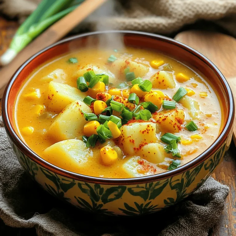- 4 large russet potatoes, peeled and diced - 1 medium onion, chopped - 2 cloves garlic, minced - 4 cups chicken or vegetable broth - 1 cup heavy cream - 1 tablespoon Cajun seasoning - 1 teaspoon smoked paprika - 1/2 teaspoon cayenne pepper (adjust for spice preference) - 1 cup corn kernels (fresh or frozen) - 1/2 cup diced green bell pepper - 1/4 cup chopped green onions (for garnish) - Salt and pepper to taste - 2 tablespoons olive oil When cooking, the right measurements matter. For potatoes, select large russet ones. They give a creamy texture. Use one medium onion for a good base flavor. Two cloves of garlic add depth. For the broth, you can choose chicken or vegetable, both work well. Heavy cream adds richness, so don’t skip it. Cajun seasoning is your key spice here. Smoked paprika gives a unique taste, while cayenne pepper adds heat. Adjust the cayenne to fit your spice level. Corn adds sweetness, and green bell pepper brings crunch. Use fresh or frozen corn based on what's handy. Finally, season to taste with salt and pepper. If you need to swap ingredients, here are some ideas: - Potatoes: Yukon gold or red potatoes can work. - Broth: Use water with seasonings if broth is not available. - Cream: Coconut cream is a great dairy-free option. - Cajun seasoning: Make your own blend with paprika, garlic powder, and oregano. - Corn: You can use peas if corn isn’t available. - Green bell pepper: Any color bell pepper will do, or skip it for a simpler soup. Using these substitutions keeps the dish tasty and satisfying. Explore different blends to find what you love! To start, gather your ingredients. You'll need four large russet potatoes, a medium onion, and two cloves of garlic. Also, have four cups of chicken or vegetable broth ready. Don't forget the heavy cream, Cajun seasoning, smoked paprika, and cayenne pepper. You will also need corn kernels and a diced green bell pepper. Lastly, chop some green onions for garnish. Next, peel and dice the potatoes. Chop the onion and mince the garlic. If you are using fresh corn, you should cut it off the cob. Heat two tablespoons of olive oil in a large pot over medium heat. Add the chopped onion and diced bell pepper. Sauté these for about five minutes until they soften. Now, stir in the minced garlic and cook for one more minute until it smells great. Add the diced potatoes, chicken or vegetable broth, Cajun seasoning, smoked paprika, and cayenne pepper. Bring this mixture to a boil. Then, reduce the heat and let it simmer for about twenty minutes. The potatoes should be tender when done. After the potatoes cook, grab an immersion blender. Blend the soup until it is as smooth or chunky as you like. Stir in the corn kernels and heavy cream. Let the soup simmer for another five minutes to heat everything through. Remember to taste it and adjust the seasoning with salt and pepper as needed. Serve the soup hot and sprinkle chopped green onions on top. Enjoy your flavorful and hearty Cajun potato soup! For the complete recipe, see the [Full Recipe]. To boost the taste of your Cajun potato soup, use good quality broth. Homemade broth adds rich flavor. A splash of hot sauce can also enhance the spice. If you love herbs, try adding fresh thyme or parsley. These herbs brighten the soup and add depth. When cooking potatoes, choose russet potatoes for their creamy texture. Cut them into even-sized pieces. This helps them cook evenly. Don’t rush the cooking time; let them simmer until tender. For a creamier soup, blend the potatoes longer. Serve your soup hot with crusty bread on the side. Cornbread pairs well, adding a sweet touch. For a fun twist, top with crispy bacon bits or shredded cheese. You can also offer a dollop of sour cream for a creamy finish. Enjoy your flavorful meal with family and friends! {{image_2}} You can change up your Cajun potato soup with fun add-ins. Try adding cooked sausage for a meaty touch. Shrimp is another great choice. It adds a nice seafood flavor. You can also toss in some diced tomatoes. They add sweetness and color. If you like greens, stir in some spinach or kale. They cook down well and add nutrients. To make this soup vegetarian, use vegetable broth instead of chicken broth. Swap heavy cream with coconut milk for a creamy texture. This gives a nice twist and keeps it dairy-free. You can also add more veggies like carrots or celery. They boost flavor and make it heartier. This way, you get a delicious meal that everyone can enjoy. Adjust the spice levels to fit your taste. If you want it mild, skip the cayenne pepper. You can also use less Cajun seasoning. For more heat, add more cayenne or even hot sauce. Experiment with different spices to find your favorite mix. Remember, cooking is all about personal taste. Enjoy finding your perfect flavor! After you enjoy your Cajun potato soup, store it in an airtight container. Let the soup cool to room temperature first. Place the lid on tightly and keep it in the fridge. It will stay fresh for about three to four days. If you want to keep it longer, consider freezing it. To reheat the soup, pour it into a pot. Heat it over medium-low heat. Stir often to avoid sticking. You can also use a microwave. Place the soup in a microwave-safe bowl. Cover it loosely and heat for 1 to 2 minutes. Stir halfway through to heat evenly. If you want to freeze your Cajun potato soup, let it cool completely. Use freezer-safe containers or bags. Leave some space at the top for expansion. Label the bags with the date. This soup can stay good for up to three months in the freezer. When ready to eat, thaw it in the fridge overnight before reheating. Enjoy your flavorful soup any time! For the full recipe, check out the details above. Cajun potato soup is a rich and hearty dish. It combines potatoes, broth, and Cajun spices. The soup has a creamy base, thanks to heavy cream. You can taste the warmth of Cajun flavors in every bite. It also contains corn, onions, and peppers for added texture. This soup is perfect for chilly nights. It warms you up inside and out. Yes, you can easily make this recipe gluten-free. Use gluten-free broth instead of regular broth. Check the Cajun seasoning to ensure it is gluten-free. Most brands are safe, but it’s good to verify. All other ingredients in this recipe are naturally gluten-free. This makes it simple to enjoy without worry. To make Cajun potato soup spicier, add more cayenne pepper. Start with an extra 1/4 teaspoon and taste it. You can also use a spicier Cajun seasoning blend. If you want more heat, add diced jalapeños when cooking. For an extra kick, top with hot sauce before serving. Adjust spice to fit your taste! We’ve covered everything you need to make Cajun Potato Soup. You learned about key ingredients, preparation, and cooking methods. I shared tips for boosting flavor and ways to adapt the recipe. You now know how to store and reheat your soup, and answered common questions. This soup is simple, tasty, and perfect for any meal. Try it out, and enjoy the warm, spicy goodness.