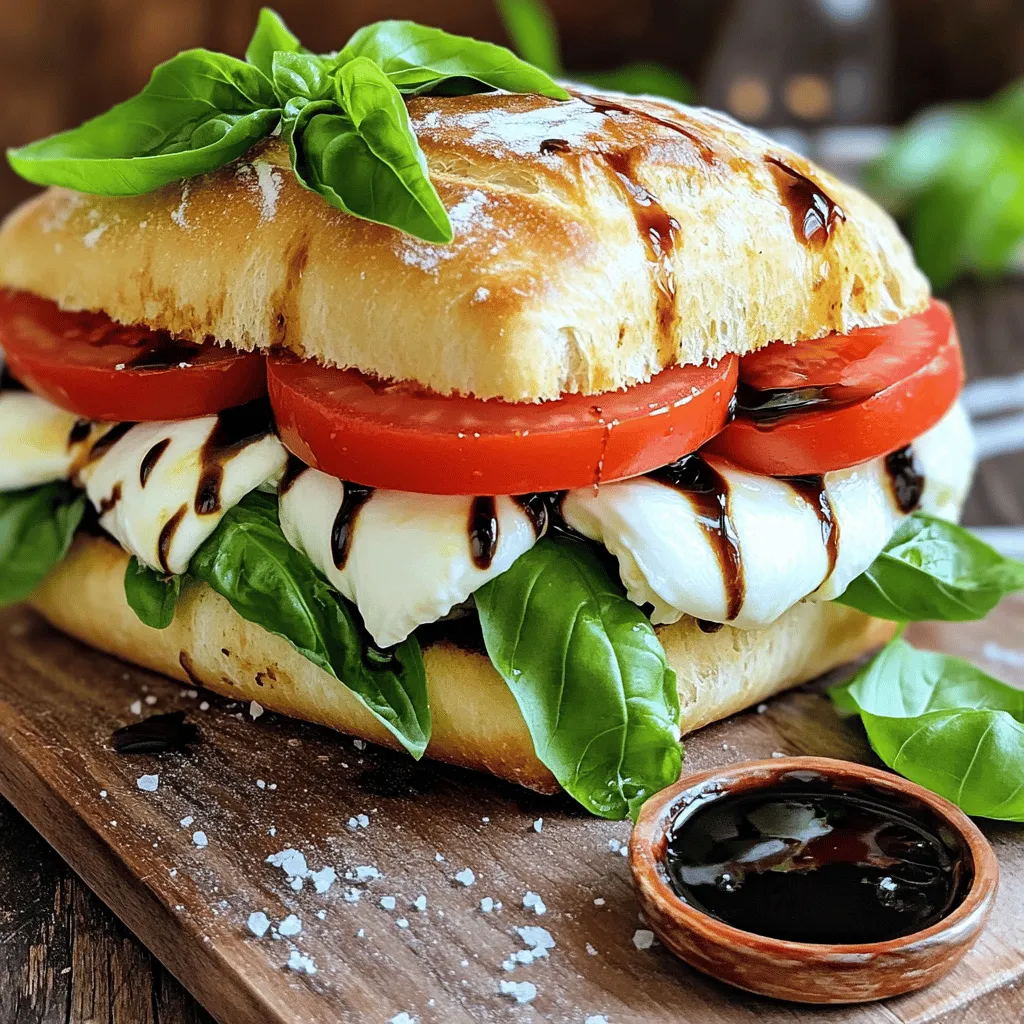 To make a fresh Caprese sandwich, gather these key ingredients: - 1 ciabatta roll (or any fresh Italian bread) - 1 large ripe tomato, sliced - 4 oz fresh mozzarella cheese, sliced - Fresh basil leaves - 2 tablespoons balsamic glaze - 1 tablespoon pesto - Extra virgin olive oil for drizzling - Salt and freshly ground black pepper to taste These ingredients come together to create a sandwich bursting with flavor. The ciabatta roll provides a sturdy base. The ripe tomato adds juiciness, while fresh mozzarella gives a creamy texture. Fresh basil leaves bring a lovely aroma. Balsamic glaze ties it all together with sweetness. Feel free to mix things up with these optional ingredients: - Avocado slices - Sun-dried tomatoes - Arugula or spinach - Different types of cheese (e.g., burrata) Adding avocado will make the sandwich richer. Sun-dried tomatoes bring a tangy punch. Arugula or spinach adds a bit of crunch. You can also swap mozzarella for burrata for an even creamier bite. For the full recipe, check out the Caprese Delight Sandwich, and enjoy making this simple yet flavorful dish! 1. Start with a ciabatta roll. Slice it in half horizontally. 2. Drizzle extra virgin olive oil on the cut sides. 3. Spread pesto evenly on the bottom half. 1. Arrange your sliced tomatoes over the pesto. Overlap them slightly for a nice look. 2. Lay fresh mozzarella slices on top of the tomatoes. 3. Add fresh basil leaves on the mozzarella. 4. Drizzle balsamic glaze over the basil. 5. Season the layers with salt and black pepper for flavor. 1. For a crispy finish, use a panini press. Place the sandwich inside and close it. 2. Heat for about 3-5 minutes until golden and the cheese melts. 3. If you don’t have a press, use a skillet. Heat it over medium heat and place the sandwich. Press down gently with a spatula. Cook until golden and warm. You can find the full recipe for this delicious Caprese Delight Sandwich above! To make the best Fresh Caprese Sandwich, focus on ripe tomatoes. Look for tomatoes that feel heavy and have a bright color. These tomatoes will give your sandwich a burst of flavor. Fresh mozzarella is key too. It should be creamy and soft. Check for a milky smell, which means it’s fresh. Don’t forget the basil! Choose bright green leaves with no browning. Freshness in all ingredients makes a big difference. For a gourmet look, slice the sandwich diagonally. Serve it on a wooden board for a rustic touch. Add a small dish of extra balsamic glaze for dipping. A sprig of fresh basil on the side adds color. For sides, consider a light salad or crispy chips. These pair nicely and balance the meal. Avoid sogginess by patting tomatoes dry before adding them. This keeps bread from getting too wet. Don’t overload your sandwich with too many ingredients. Stick to the basics for the best taste. A simple layer of each ingredient allows the flavors to shine. {{image_2}} To make a vegetarian twist on the classic Caprese sandwich, you can add more vegetables. Try slices of cucumber or roasted red peppers. Both add a nice crunch and flavor. You can also use different sauces to change the taste. Consider adding a spread of hummus for a creamy touch or a zesty aioli to kick up the flavor. If you're looking for gluten-free options, there are many bread alternatives. You can use gluten-free ciabatta or almond flour bread. These options keep the sandwich light yet flavorful. Adapting the recipe for a gluten-free diet is easy. Just swap the bread and ensure that all other ingredients are gluten-free. To bring in international flavors, you can add Italian meats, like prosciutto. This adds a nice salty flavor that pairs well with fresh mozzarella. You can also incorporate Mediterranean spices. A sprinkle of oregano or a dash of za'atar can elevate your sandwich to a new level. For a full flavor experience, consider the [Full Recipe]. To keep your fresh mozzarella and basil at their best, store them properly. For mozzarella, place it in a bowl with water or in its own brine. This keeps it moist and fresh. If you use basil, wrap it in a damp paper towel and put it in a plastic bag. This helps basil stay bright and fragrant. To keep your ciabatta roll fresh, store it in a paper bag at room temperature. Avoid plastic bags, as they trap moisture and make the bread soggy. If you need to store it longer, freeze the bread instead. When you make a Caprese sandwich, enjoy it fresh for the best taste. If you have leftovers, wrap them tightly in plastic wrap or foil. This prevents air from drying out the sandwich. Keep it in the fridge for up to 2 days. If you want to reheat the sandwich, use an oven or skillet. Preheat your oven to 350°F (175°C) and bake for about 10 minutes. This warms the sandwich without making it soggy. If using a skillet, heat it on low. Flip the sandwich every couple of minutes until it’s warm. You can freeze the ingredients for your Caprese sandwich. Slice the tomatoes and mozzarella and place them in freezer bags. For the basil, chop it and mix it with a bit of olive oil before freezing. This keeps the flavor locked in. If you want to freeze an assembled sandwich, wrap it tightly in plastic wrap. Place the wrapped sandwich in a freezer bag. To thaw, leave it in the fridge overnight. Reheat in the oven or on a skillet as mentioned before. Enjoy your delicious sandwich anytime with these storage tips! A Fresh Caprese Sandwich usually includes: - 1 ciabatta roll or any fresh Italian bread - 1 large ripe tomato, sliced - 4 oz fresh mozzarella cheese, sliced - Fresh basil leaves - 2 tablespoons balsamic glaze - 1 tablespoon pesto - Extra virgin olive oil for drizzling - Salt and freshly ground black pepper to taste This classic sandwich highlights the flavors of Italy. You get a mix of juicy tomatoes, creamy mozzarella, and fragrant basil. The balsamic glaze adds a sweet tang. You can also switch up the bread for a different taste. You can make your Caprese Sandwich unique by adding: - Avocado slices for creaminess - Sun-dried tomatoes for extra flavor - Arugula or spinach for crunch - Different cheeses like burrata for richness Try adding spices or herbs to the pesto. You can use garlic or even a bit of chili for heat. Experiment with flavors to suit your taste. Yes, you can prepare a Fresh Caprese Sandwich ahead of time. Here are some tips: - Slice the bread and store it in an airtight container. - Keep the tomatoes and mozzarella separate to avoid sogginess. - Add basil and the glaze just before serving. This method keeps everything fresh and tasty. I recommend assembling it no more than a few hours before you eat. You can find a Fresh Caprese Sandwich at many local restaurants or cafes. Look for places that specialize in Italian food or fresh sandwiches. Many delis also serve this classic dish. You can ask for their take on it. Enjoy exploring different versions! This blog post covered all you need to know about making a Fresh Caprese Sandwich. You learned about essential ingredients like ciabatta, ripe tomatoes, and mozzarella. We also talked about fun add-ins, handy preparation steps, and tips to avoid mistakes. In conclusion, the Fresh Caprese Sandwich is versatile and easy to customize. Follow these steps, and you’ll create a delicious meal that impresses every time. Enjoy making your own unique version of this classic dish!