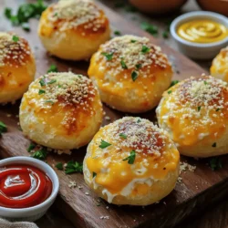 To make Garlic Parmesan Cheeseburger Bombs, gather these simple ingredients: - 1 lb ground beef - 1 cup cheddar cheese, shredded - 1/2 cup cream cheese, softened - 1/4 cup grated Parmesan cheese - 1 teaspoon garlic powder - 1 teaspoon onion powder - Salt and pepper to taste - 1 can refrigerated biscuits (8-count) - 2 tablespoons butter, melted - Parsley, chopped (for garnish) These ingredients come together to create a tasty treat. You get a mix of cheese with juicy beef. The garlic and onion add great flavor. The buttery biscuits wrap everything up perfectly. You can swap some ingredients if you like. Here are a few ideas: - Use ground turkey instead of ground beef for a lighter option. - Try mozzarella or pepper jack cheese for a different taste. - If you don’t have cream cheese, use sour cream instead. - Fresh garlic can replace garlic powder for a stronger flavor. - Use whole wheat biscuits for a healthier option. These swaps can help you adjust the recipe to fit your taste or what you have on hand. Each serving of these Garlic Parmesan Cheeseburger Bombs has about: - Calories: 300 - Protein: 15g - Fat: 22g - Carbohydrates: 18g - Fiber: 1g - Sugar: 1g This meal is hearty and filling. It’s great for a snack or a main dish. Be mindful of portion sizes if you are watching your diet. You can enjoy these bombs while still being aware of nutrition. For the full recipe, check out the details above. To start, gather all your ingredients. You will need ground beef, cheeses, and spices. Having everything ready makes cooking easier and more fun. Preheat your oven to 375°F (190°C). This step is key for getting that nice, golden brown color on your bombs. In a large bowl, mix the ground beef with the cheddar cheese, cream cheese, and Parmesan cheese. Add garlic powder, onion powder, salt, and pepper. Stir well until all the ingredients blend together. Next, open the can of refrigerated biscuits. There are eight biscuits in a can. Take one biscuit and flatten it in your hand. It should be about the size of your palm. Now, scoop a spoonful of the cheeseburger mix and place it in the center of the biscuit. Carefully fold the edges over the filling. Pinch the edges tightly to seal in the goodness. This step is important. Make sure there are no gaps. Repeat these steps for all biscuits until the mixture is gone. Place the filled biscuits seam-side down on a baking sheet lined with parchment paper. This keeps them from sticking. Brush the tops with melted butter for a crispy finish. Bake them for 15 to 20 minutes. Keep an eye on them. You want them to turn a lovely golden brown. Once done, take them out and let them cool for a few minutes. Garnish with some fresh chopped parsley for a nice touch. For the full recipe, check [Full Recipe]. To make the best Garlic Parmesan Cheeseburger Bombs, follow these tips: - Use fresh ingredients for the best flavor. - Mix the beef with the cheeses gently. This keeps the meat tender. - Don’t overfill the biscuits. A spoonful of filling works well. - Seal the bombs tightly to keep the filling inside. - Brush the tops with butter for a golden crust. Watch out for these common mistakes: - Using cold ingredients can make mixing hard. Let cream cheese sit out first. - Flattening the biscuits too much may lead to tearing. Keep them thick enough to hold the filling. - Not preheating the oven can result in uneven cooking. Always preheat for best results. - Skipping the parchment paper can lead to sticking. Always line your baking sheet. Here are some fun serving ideas: - Arrange the bombs on a wooden board for a rustic look. - Garnish with chopped parsley for color. - Offer dipping sauces like ketchup, mustard, or ranch. - Pair with a light salad or crispy fries for a full meal. For the full recipe, check out the detailed instructions. Enjoy your cooking! {{image_2}} You can switch up the cheese in these bombs for fun. Try mozzarella for a stretchy, gooey bite. Monterey Jack adds a mild flavor and melts well, too. For a stronger taste, use blue cheese or feta. Mixing cheeses can give you unique flavors that surprise your taste buds. Add more to your cheeseburger bombs by including other fillings. Chopped onions or bell peppers add crunch and sweetness. You can also mix in cooked bacon for a smoky flavor. For a spicy kick, add jalapeños or hot sauce. These extras can make each bite even more enjoyable. You can make these bombs meatless for a tasty veggie option. Use cooked lentils or black beans as a filling base. Add cheese, garlic, and your favorite spices. Try sautéed mushrooms or spinach to give more flavor and texture. These vegetarian bombs can be just as delicious and satisfying. For the full recipe, check out the detailed steps provided in the main article. Store your Garlic Parmesan Cheeseburger Bombs in an airtight container. This keeps them fresh. Place the container in the fridge. They will stay good for up to three days. If you want to keep them longer, freezing is a great option. To reheat, take out the bombs from the fridge. Preheat your oven to 350°F (175°C). Place the bombs on a baking sheet. Heat them for about 10-15 minutes. This makes them warm and crispy again. You can also use the microwave. Just heat for about 30 seconds to 1 minute. You can freeze the assembled bombs before baking. Wrap each bomb tightly in plastic wrap. Place them in a freezer bag for up to three months. When you’re ready to bake, take them out. Let them thaw in the fridge overnight. Then bake them as usual. This way, you can enjoy fresh bombs anytime! For the full recipe, check the earlier section. Yes, you can prepare these bombs ahead of time. Make the filling and fill the biscuits. Then, place them on a baking sheet. Cover the sheet with plastic wrap. You can store it in the fridge for up to 24 hours. When ready to bake, just preheat the oven and pop them in. This makes it easy for parties or busy nights. Dipping sauces add fun flavors to your Garlic Parmesan Cheeseburger Bombs. Here are some tasty options: - Ketchup - Mustard - Ranch dressing - BBQ sauce - Garlic aioli These sauces complement the cheesy, savory taste of the bombs and make every bite special. Absolutely! You can switch the ground beef for other meats. Ground turkey or chicken works well. You could even try ground pork for a different flavor. Just keep the seasonings the same to maintain the overall taste. To keep your biscuits fluffy, do not overwork the dough. When you flatten them, use gentle pressure. Also, don't skip preheating the oven. The hot air will help them rise while baking. Lastly, brush them with melted butter right before baking. This adds flavor and a nice golden color. You’ll love how airy and light they turn out. For the full recipe, check out the instructions above! In this blog post, we explored every aspect of making delicious cheeseburger bombs. We covered the essential ingredients, step-by-step instructions, and common mistakes to avoid. You now know about different cheese options, filling ideas, and how to store leftovers. As you try your hand at these tasty treats, remember to have fun and be creative. Your cheeseburger bombs will impress anyone who tries them! Enjoy your cooking adventure!