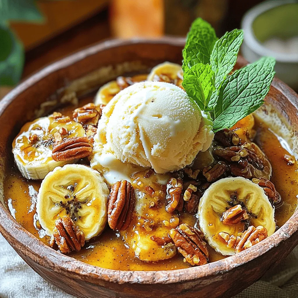 To make Southern Bananas Foster, gather these ingredients: - 4 ripe bananas, peeled and halved lengthwise - 1/2 cup unsalted butter - 1 cup packed brown sugar - 1 teaspoon vanilla extract You can add spices for more depth. Consider using: - 1/2 teaspoon ground cinnamon - 1/4 teaspoon nutmeg Fresh mint leaves make a nice garnish too. This dessert shines with creamy accompaniments. Serve it with: - 4 scoops of vanilla ice cream - 1/2 cup chopped pecans for crunch For the best experience, let the warm sauce melt the ice cream a bit. The mix of flavors creates a delightful treat. Don’t forget to check out the Full Recipe for all the details! First, grab a large skillet. Place it on the stove over medium heat. Add 1/2 cup of unsalted butter. Let it melt completely. Once the butter melts, add 1 cup of packed brown sugar. Stir the mixture well. You want it to dissolve into a smooth syrup. This takes just a few moments. Next, mix in 1 teaspoon of vanilla extract, 1/2 teaspoon of ground cinnamon, and 1/4 teaspoon of nutmeg. Let this bubble for about 2 minutes. The aromas will be amazing! Now, it’s time for the bananas. Take 4 ripe bananas and peel them. Cut them in half lengthwise. Carefully place the banana halves cut-side down into the syrup. Cook them for about 2-3 minutes. Use a spoon to gently pour the syrup over the bananas. This helps them absorb the flavor. After that, flip the bananas over. Sprinkle in 1/2 cup of chopped pecans. Cook for another 2 minutes. The bananas should become warm and slightly caramelized. You are almost done! Remove the skillet from the heat. Let it cool slightly. Now, take 4 scoops of vanilla ice cream and place them in bowls. Ladle the warm banana mixture over the ice cream. The heat will melt the ice cream a bit. It creates a perfect blend of flavors. To make it look fancy, add fresh mint leaves on top. This adds a nice pop of color and flavor. Enjoy your delightful Southern Bananas Foster! For the complete recipe, refer to the Full Recipe section. Choosing the best bananas is key to a great dessert. Look for bananas that are ripe but not overripe. A perfect banana has a bright yellow color with a few brown spots. These spots tell you the banana is sweet and ready to use. Avoid bananas that are green or too brown. They can change the taste and texture of your dish. When making Southern Bananas Foster, a few mistakes can lead to less tasty results. First, don’t cook the bananas too long. They should be warm and soft but not mushy. Second, make sure to stir the sugar and butter well. This helps create a smooth syrup. Lastly, don’t skip the pecans. They add a nice crunch and flavor that balance the sweetness. How you serve Southern Bananas Foster can make it even more special. Use individual bowls for each serving. Place a scoop of ice cream in the center. Then, ladle the warm banana mixture over the ice cream. This creates a nice melting effect. For extra flair, add crushed pecans on top. A sprig of fresh mint can also brighten the dish. It makes the dessert look inviting and fresh. {{image_2}} If you want to switch up the nuts in your Southern Bananas Foster, try walnuts or almonds. Walnuts add a rich, nutty flavor that pairs well with the sweetness of the bananas. Almonds, on the other hand, give a nice crunch and a hint of sweetness. Just chop them up and use the same amount as the pecans. You can also toast the nuts before adding them for an extra layer of flavor. You can easily make this dessert without alcohol. Instead of rum, use a splash of orange juice or vanilla extract. This swap keeps the flavor rich but makes it family-friendly. If you want to try a different liqueur, consider using banana liqueur for an even fruitier twist. Just replace the rum with the same amount of banana liqueur in the recipe. For gluten-free options, all ingredients in this recipe are already gluten-free. Make sure the liqueur you choose is also gluten-free. If you want a vegan version, swap the butter for a plant-based alternative. You can use coconut oil or vegan butter. Instead of ice cream, serve with a scoop of dairy-free ice cream. These changes keep the dessert delicious while meeting your dietary needs. For the full recipe, check out the details above. To keep your Southern Bananas Foster fresh, proper storage is key. First, let the banana syrup cool down. Use an airtight container to store it. Pour the syrup over the bananas if you plan to eat it soon. For ice cream, keep it in its original container or move it to a sealed container. This helps prevent freezer burn. When you want to enjoy your leftovers, reheating them correctly is important. Start by warming the banana syrup in a skillet over low heat. Stir it gently until it becomes smooth again. Avoid high heat, as it can change the flavor. For the ice cream, take it out of the freezer and let it sit at room temperature for a few minutes. This makes it easier to scoop. How long can you keep your stored Bananas Foster? If stored properly, the banana syrup can last up to three days in the fridge. The bananas may start to lose their texture after this. Ice cream can last for about two weeks if kept in the freezer. Always check for any signs of spoilage before eating. Bananas Foster started in New Orleans in the 1950s. A chef named Paul Blangé created it. He made it for a friend, Owen Brennan, who owned a popular restaurant. The dish quickly became famous. It blends bananas, butter, brown sugar, and rum. This dessert reflects the rich culture of Southern cuisine. It combines French and American flavors, making it a unique treat. Today, Bananas Foster remains a favorite for many people. You can prepare some parts of Bananas Foster ahead. You can slice the bananas and mix the butter and sugar. However, it’s best to cook the bananas just before serving. This keeps them soft and warm. If you make it too early, the bananas can get mushy. The caramel sauce may lose its shine. So, prepare the base, but cook when you’re ready to enjoy. If you want a non-alcoholic version, you can use apple juice. It adds a sweet and fruity taste. Another option is to use vanilla extract with a splash of water. This keeps the flavor rich without the alcohol. You can also try coconut water for a tropical feel. Each substitute gives a different twist to the dish. Experiment and find what you like best. In this blog post, we explored how to make a delicious Bananas Foster. We covered ingredients, cooking steps, tips for the best results, and fun variations. You learned about serving suggestions and how to store leftovers. Remember, the right bananas and careful cooking can make all the difference. Enjoy experimenting with flavors and sharing this treat with friends! You now have the tools to impress anyone with this classic dessert. Happy cooking!