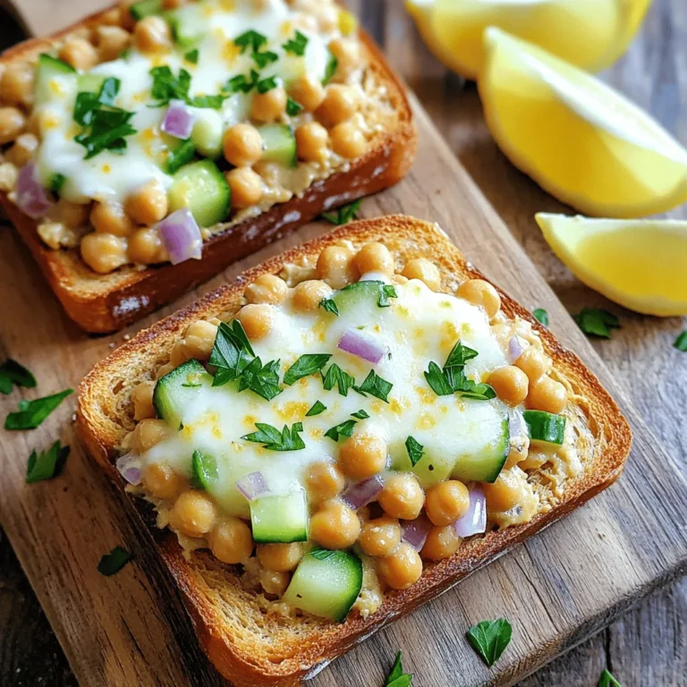 To make tasty chickpea salad melts, you need a few key items. Here’s what you should gather: - 1 can (15 oz) chickpeas, drained and rinsed - 2 tablespoons tahini - 1 tablespoon lemon juice - 1 tablespoon olive oil - 1 teaspoon Dijon mustard - 1 small red onion, finely chopped - 1/2 cucumber, diced - 1/4 cup fresh parsley, chopped - Salt and pepper to taste - 4 slices whole-grain bread - 1/2 cup shredded mozzarella cheese (or vegan cheese) These items create a base for your melts, giving them a fresh and hearty flavor. You can make your chickpea salad melts even more special. Here are some optional ingredients: - Sliced avocado for creaminess - Cherry tomatoes, diced for sweetness - Bell peppers, chopped for crunch - Spices like cumin or paprika for extra flavor Feel free to mix and match these items to suit your taste! Chickpea salad melts can fit many diets. Here are some variations: - Vegan: Use vegan cheese and ensure your tahini is pure. - Gluten-Free: Swap whole-grain bread for gluten-free bread. - Low-Carb: Serve the chickpea salad in lettuce wraps instead of bread. These options help everyone enjoy this delicious dish. For the full recipe, check out the detailed steps! To start, grab a medium mixing bowl. You will need one can of chickpeas. Drain and rinse the chickpeas well. Then, mash them with a fork. Aim for a chunky texture, not a puree. This gives your salad a nice bite. Next, add two tablespoons of tahini to the bowl. Tahini adds creaminess and flavor. Then squeeze in one tablespoon of lemon juice. The lemon juice brightens the dish. Add one tablespoon of olive oil for richness. Also, mix in one teaspoon of Dijon mustard for a tangy kick. Now, chop one small red onion finely. Dice half a cucumber, and chop a quarter cup of fresh parsley. Add all these to the chickpea mixture. Season with salt and pepper to taste. Stir everything until well combined. This mixture is the heart of your salad melts. Preheat your oven to 375°F (190°C). While it heats, prepare four slices of whole-grain bread. Place them on a baking sheet. Generously spoon the chickpea salad mixture onto each slice. Spread it out evenly for the best melt. Now, grab half a cup of shredded mozzarella cheese. You can use vegan cheese if you like. Top each chickpea salad melt with the cheese. This will create a gooey finish when baked. With your oven heated, place the baking sheet inside. Bake the melts for about 10 to 12 minutes. Keep an eye on them. You want the cheese to be bubbly and slightly golden. Once done, remove the baking sheet from the oven. Let the melts cool for a minute. Serve them hot on a wooden cutting board. Garnish with fresh parsley and add lemon wedges on the side. This adds a nice touch to your presentation. For the full recipe, be sure to check it out! To get the best flavor in your chickpea salad melts, focus on the right ingredients. I find that using fresh herbs really brightens the dish. Fresh parsley adds a nice pop. Also, balance the creamy tahini with the tangy lemon juice. This balance makes each bite taste fresh and lively. Don't forget to season well with salt and pepper. A pinch of each can elevate the overall flavor. Having the right tools makes cooking more fun. Use a sturdy mixing bowl to mash the chickpeas easily. A fork works well for this. A good knife helps chop your red onion and cucumber finely. For spreading, a spatula or spoon works best. You will also need a baking sheet for the final baking step. If you have parchment paper, it can help with cleanup. Avoid over-mashing the chickpeas. You want a chunky texture, not a paste. If you skip the salt and pepper, your melts can taste bland. Keep an eye on the baking time. Overbaking can lead to tough bread and burnt cheese. Lastly, don’t forget to let them cool slightly before serving. This helps the flavors settle and makes them easier to eat. For the full recipe, check out the recipe section above. {{image_2}} You can switch up the cheese in your chickpea salad melts. Mozzarella gives a nice stretch, but you can try cheddar for a sharp taste. For a creamier melt, use gouda. If you love blue cheese, crumble some on top for a tangy kick. Each cheese brings its own flavor, making your melts unique! Are you vegan or gluten-free? No problem! Use vegan cheese to keep it dairy-free. You can use gluten-free bread or lettuce wraps instead of whole-grain bread. Both options taste great and fit your diet. This way, everyone can enjoy this tasty meal without worry. Want to add more flavor? Try mixing in some chopped sun-dried tomatoes, olives, or roasted red peppers. These ingredients add color and a burst of taste. A sprinkle of smoked paprika or curry powder can give your melts a warm twist. Fresh herbs like dill or cilantro also brighten the dish. Get creative and make each melt your own! For the full recipe, check out the Chickpea Salad Melts section. To keep your Chickpea Salad Melts fresh, let them cool first. Place leftovers in an airtight container. Store them in the fridge for up to three days. Make sure to seal the container tightly to prevent drying. When you're ready to enjoy your leftovers, preheat the oven to 350°F (175°C). Place the melts on a baking sheet. Heat them for about 10 minutes or until warm. This method helps keep the bread crispy and the cheese gooey. Avoid the microwave as it can make the bread soggy. If you want to freeze your melts, prepare them without cheese. Assemble the chickpea salad on the bread. Wrap each melt tightly in plastic wrap and place them in a freezer bag. They can last for up to two months in the freezer. When you’re ready to eat, bake them straight from the freezer. Add cheese before baking to ensure it melts perfectly. For the full recipe, check out the instructions above. To make chickpea salad melts, start by mashing chickpeas. Use a fork and leave them chunky. Next, mix in tahini, lemon juice, olive oil, and Dijon mustard. Stir until everything blends well. Add finely chopped red onion, diced cucumber, and parsley. Season with salt and pepper. Preheat your oven to 375°F (190°C). Lay slices of whole-grain bread on a baking sheet. Spoon the chickpea mixture onto each slice. Top with shredded mozzarella cheese. Bake for 10-12 minutes until the cheese bubbles. For a full recipe, check the section above. Yes, canned chickpeas work great for this recipe. They save time and effort. Just drain and rinse them before using. This helps remove excess sodium and makes them tastier. Canned chickpeas are soft and mash easily. They can help you whip up these melts quickly. Chickpea salad melts taste best when served hot. Pair them with a fresh salad or soup. A side of crispy baked fries adds crunch. You can also serve them on a wooden cutting board. Garnish with extra parsley and lemon wedges. This adds color and a bright flavor. Enjoy your meal with friends or family! In this blog post, we explored how to make tasty chickpea salad melts. We covered essential and optional ingredients for your dish. You learned to assemble, bake, and customize for your diet needs. I also shared tips to enhance flavor and avoid common mistakes. Remember, these melts are easy to store and reheat. You can create different variations, making this dish fun. Enjoy your cooking adventure and make those yummy melts your own!