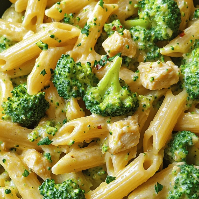To create this tasty Creamy Broccoli and Chicken Penne, you’ll need the following ingredients: - 8 oz penne pasta - 2 cups broccoli florets - 1 lb boneless, skinless chicken breasts, diced - 1 tablespoon olive oil - 3 cloves garlic, minced - 1 cup heavy cream - 1 cup grated Parmesan cheese - 1 teaspoon Italian seasoning - Salt and pepper to taste - 1/4 teaspoon red pepper flakes (optional) - Fresh parsley, chopped (for garnish) These ingredients combine to make a dish that is creamy, savory, and full of flavor. You can easily find them at your local grocery store. Each item plays a key role in building taste and texture. The penne pasta gives a nice bite, while the broccoli adds freshness. The chicken provides protein, making this meal hearty. The heavy cream and Parmesan create a rich sauce that ties everything together. Using fresh herbs can also enhance the flavor. Feel free to switch it up based on what you have at home. For the complete cooking process, check out the Full Recipe. First, fill a large pot with salted water. Bring it to a rolling boil. Add 8 oz of penne pasta. Cook it according to the package instructions. When there are just 3 minutes left, toss in 2 cups of broccoli florets. This step makes your broccoli bright and crisp. After the pasta is done, drain everything and set it aside. Grab a large skillet and heat 1 tablespoon of olive oil. When it gets hot, add 1 lb of diced chicken. Make sure to season it with salt, pepper, and 1 teaspoon of Italian seasoning. Cook the chicken until it turns golden brown and is cooked through, which should take about 5-7 minutes. Once cooked, remove the chicken and set it aside. In the same skillet, add 3 cloves of minced garlic. Sauté it for about 30 seconds until it smells great. Then, pour in 1 cup of heavy cream, stirring it well. Bring the mixture to a gentle simmer. Now, add 1 cup of grated Parmesan cheese. Stir until the cheese is fully melted and the sauce is creamy. If you like a bit of heat, sprinkle in 1/4 teaspoon of red pepper flakes. Now, it’s time to bring everything together! Add the cooked chicken back into the skillet with the cream sauce. Next, mix in the cooked penne and broccoli. Toss everything together until all the pasta and veggies are well coated with that creamy sauce. Give your dish a taste. You might want to add more salt, pepper, or Italian seasoning to suit your taste. This step is key to making it just right for you. Serve your creamy broccoli and chicken penne right away. To make it look nice, garnish it with some fresh chopped parsley. Enjoy this delightful dish, and don't forget to check the Full Recipe for more details! - Ensure pasta is cooked al dente for best texture. - Sauté garlic carefully to avoid burning. Cooking pasta just right can change your dish. Al dente means the pasta is firm, not mushy. This helps the penne hold sauce better. For garlic, heat it gently. You want it fragrant, not brown. Burned garlic tastes bitter and can ruin your dish. - Experiment with additional spices or herbs. - Incorporate lemon juice for an extra zing. To make your creamy broccoli and chicken penne shine, try adding spices. Oregano or thyme can add warmth. Fresh herbs like basil or parsley can brighten the flavor. A splash of lemon juice can make your dish pop. It adds a fresh, zesty note that balances the creaminess. - Use a large pot for boiling pasta. - A non-stick skillet helps prevent sticking. A large pot lets you boil pasta evenly. It also prevents clumping. For the sauce, a non-stick skillet is your best friend. It makes stirring easier and helps clean-up quick. If you want to make cooking more fun, consider investing in good tools. They can save time and effort, making your cooking experience smoother. For the full recipe, check the [Full Recipe]. {{image_2}} You can easily change the recipe to fit your needs. - Use whole wheat penne for a healthier option. - Substitute chicken with shrimp or tofu for a different flavor. These swaps keep the dish tasty and fun. Whole wheat penne adds fiber. Shrimp cooks quickly and gives a nice seafood flavor. Tofu is great for a plant-based twist. If you have special dietary needs, this dish can adapt. - Make it gluten-free with gluten-free pasta. - Use dairy-free cream for a vegan version. Gluten-free pasta works well in this recipe. It holds the sauce just like regular pasta. Dairy-free cream gives a rich taste without the milk. You won't miss the heavy cream at all! Want to change the flavor profile? Try these ideas. - Add sun-dried tomatoes for a Mediterranean twist. - Include vegetables like bell peppers or spinach for more nutrition. Sun-dried tomatoes add a sweet and tangy flavor. They pair well with the cream sauce. Bell peppers and spinach boost the dish's vitamins and color. Mix and match these ideas to make it your own! After enjoying your creamy broccoli and chicken penne, store any leftovers. Place them in an airtight container. Keep them in the fridge for up to 3 days. This method helps maintain the dish's flavor and texture. If you want to save some for later, freezing is a good option. Portion the dish into single servings. Use freezer-safe containers or bags. This way, you can enjoy a quick meal anytime! When you're ready to eat your frozen or refrigerated meal, reheating is simple. Use a microwave or stovetop to warm it. To bring back the creamy texture, add a splash of cream while heating. This keeps it delicious and fresh! Yes, best to store ingredients separately if making ahead. This keeps the pasta and broccoli fresh. When ready to eat, mix everything together and heat it up. Pair it with a side salad or garlic bread for a complete meal. Fresh greens add crunch, while garlic bread brings warmth. Both options balance the creamy dish well. Increase red pepper flakes or add jalapeños. Both will add heat. Start with a small amount and taste as you go. You can always add more spice. Yes, just adjust the cooking time accordingly. Frozen broccoli cooks faster than fresh. Add it to the pot during the last three minutes of pasta cooking. Remove chicken and use more vegetables or plant-based protein. Try chickpeas, mushrooms, or tofu. This will keep the dish hearty and delicious without meat. For the full recipe, check out the link provided. This dish combines pasta with chicken, broccoli, and a creamy sauce. You can easily adapt it to fit your needs, whether with different proteins or dietary choices. Storing leftovers is simple, making it a great meal for busy days. I encourage you to try this recipe and play with flavors. Enjoy your cooking and make it your own!