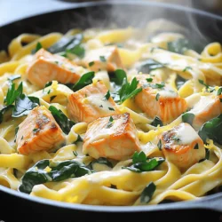 - 8 ounces fettuccine pasta - 2 tablespoons olive oil - 2 salmon fillets (about 6 ounces each) - 4 cloves garlic, minced - 1 cup heavy cream - 1/2 cup freshly grated Parmesan cheese - 1 cup spinach leaves - Zest of 1 lemon - Juice of 1/2 lemon - Salt and pepper to taste - Fresh parsley, chopped (for garnish) When I make creamy garlic salmon pasta, I love using fresh ingredients. Fresh salmon, garlic, and spinach truly elevate the dish. The fettuccine pasta gives it a nice texture. - Large pot - Skillet - Cooking utensils (spatula, measuring cups, etc.) Using the right tools makes cooking easier and more fun. A large pot helps boil the pasta perfectly. A non-stick skillet is great for searing the salmon and making the sauce. - Calories per serving: About 600 - Macros breakdown: 35g protein, 50g carbs, 30g fats This dish is rich in protein from the salmon and creamy sauce. The spinach adds some vitamins, too. It's a hearty meal that satisfies without being too heavy. If you want more details on the nutrition, check the [Full Recipe]. To cook pasta well, use a large pot filled with salted water. Bring the water to a boil. Add the fettuccine and stir to prevent sticking. Cook until the pasta is al dente, which means firm but not hard. This usually takes about 8 to 10 minutes. Once done, drain the pasta but save about 1 cup of the pasta water. This helps later with the sauce. For salmon, medium heat works best. Heat olive oil in a skillet. Season the salmon fillets with salt and pepper. Place them in the skillet and cook for about 4 to 5 minutes on each side. You want the salmon to flake easily with a fork. When it’s done, remove it from the skillet. Let it cool a bit, then flake it into bite-sized pieces. Sautéing garlic is key to a great sauce. Add minced garlic to the same skillet and cook for about 1 minute until it smells good. Then, pour in the heavy cream. Bring it to a gentle simmer. Mix in the Parmesan cheese, lemon zest, and juice. Stir until the sauce is smooth. This creamy sauce adds richness to your pasta. Now, it’s time to bring it all together. Add the cooked fettuccine to the skillet with the garlic cream sauce. Then, add the spinach and flaked salmon. Gently toss everything together. If the sauce is too thick, add a bit of the reserved pasta water until you reach your favorite consistency. Taste and adjust with more salt and pepper if needed. Check out the Full Recipe for a complete guide! Using fresh ingredients makes a big difference. Fresh salmon has a better taste than frozen. Choose bright, vibrant spinach. The garlic should smell strong and earthy. For seasoning, salt and pepper are key. I also like to add lemon juice for a zesty kick. It brightens the dish and enhances the flavors. Try using freshly grated Parmesan cheese. It melts better and gives a rich flavor. You can also add a pinch of red pepper flakes for some heat. This adds depth without making it too spicy. Cooking salmon safely is important. Start with medium heat to avoid burning. Look for a golden-brown crust. The fish should flake easily with a fork. If it is still raw in the middle, cook it a bit longer. When cooking pasta, time is everything. Follow the package instructions for al dente pasta. This means it should be firm to the bite. Overcooked pasta becomes mushy and loses its taste. To avoid this, set a timer when it’s boiling. Plating your creamy garlic salmon pasta is fun. Use a large bowl to show off the dish. Twirl the pasta to create a nice shape. Place the flaked salmon on top for a nice look. Garnishing with parsley adds color and freshness. Use fresh parsley and chop it finely. Sprinkle it over the dish just before serving. This small touch makes a big difference in how it looks and tastes. For the full recipe, check out the detailed steps at [Full Recipe]. {{image_2}} You can swap salmon for other proteins. Chicken or shrimp works well. Both add a nice twist. For a vegetarian version, use mushrooms or zucchini. They give a great texture and flavor. You can change the cheese in the sauce. Try mozzarella for a milder taste or feta for a bit of tang. To add extra flavor, sprinkle in some red pepper flakes or a dash of smoked paprika. This can really spice things up. If you need gluten-free options, use rice noodles or quinoa pasta. These will change the taste a bit, but they work great. Remember to adjust cooking times. Rice noodles cook fast, while whole wheat pasta may take longer. Keep an eye on them so they don’t turn mushy. To keep your creamy garlic salmon pasta fresh, use airtight containers. Glass or BPA-free plastic containers work best. Make sure to let the pasta cool down before sealing. This prevents moisture build-up, which can lead to soggy pasta. Store the containers in the fridge. It will stay good for about 3 days. When reheating, aim to keep the pasta creamy. Use low heat to avoid drying it out. You can add a splash of water or extra cream to help. If using a microwave, cover it to trap steam. Heat in short bursts, stirring in between. If you prefer the oven, place it in a covered dish at 350°F. Bake for about 15 minutes, checking to ensure it warms evenly. Yes, you can freeze creamy garlic salmon pasta! Just make sure it has cooled completely. Place it in a freezer-safe container, leaving some space for expansion. It can last up to 3 months in the freezer. To thaw, move it to the fridge for a night. If you're in a hurry, you can use the microwave on low. Once thawed, reheat as described above for the best taste. For creamy garlic salmon pasta, I recommend using fresh salmon. Fresh salmon has a rich flavor and a nice texture. If you can’t find fresh salmon, frozen salmon works too. Just make sure to thaw it properly before cooking. This way, you get the best taste and quality in your dish. Yes, you can make this dish without cream. If you want a lighter version, use Greek yogurt or coconut milk. Both options keep the dish creamy while reducing fat. You can also use vegetable broth for a lighter sauce. Just remember to adjust the seasoning to match your taste. Cooking salmon usually takes 8 to 12 minutes. The time depends on the thickness of the fillets. A thicker piece takes longer to cook. You can check if it’s done by using a fork. If it flakes easily, it’s ready to eat. Keep an eye on it to avoid overcooking. Yes, you can prepare creamy garlic salmon pasta in advance. Cook the pasta and salmon, then store them in separate containers. Keep the sauce in another container. When you’re ready to eat, just heat everything up. This method helps keep the flavors fresh. It’s perfect for meal prep! This dish pairs well with a crisp salad or garlic bread. A light green salad with lemon vinaigrette complements the pasta nicely. For wine, try a chilled white wine like Sauvignon Blanc. The bright flavors match the salmon well, enhancing your meal. This blog post covered how to make creamy garlic salmon pasta, detailing required ingredients and equipment. I shared easy, step-by-step instructions to help you cook pasta, sear salmon, and whip up a delicious garlic cream sauce. I also offered tips for flavor, presentation, and variations for personal tastes. In closing, this dish is not just tasty but also adaptable. Enjoy making it your own, and don't forget to savor every bite!